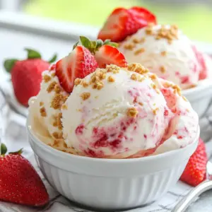 - 2 cups fresh strawberries, hulled and sliced - 1 cup cream cheese, softened - 1 cup heavy cream - 1 cup sweetened condensed milk - 1 tablespoon vanilla extract - 1/2 cup sugar - 1/4 teaspoon salt - 1/2 cup graham cracker crumbs - Extra sliced strawberries for garnish To make the best Strawberry Cheesecake Ice Cream, you need fresh ingredients. Fresh strawberries are key for flavor. Use ripe strawberries for the sweetest taste. Cream cheese gives a rich and smooth base. Heavy cream adds creaminess. Sweetened condensed milk brings sweetness and helps with texture. Vanilla extract adds warmth. Sugar balances flavors, while salt enhances the taste. Graham cracker crumbs add a nice crunch, mimicking cheesecake crust. Finally, extra sliced strawberries are great for topping. Have fun with these ingredients! Each one plays a role in creating a creamy delight. {{ingredient_image_1}} To start, wash and hull the strawberries. Slice them into small pieces. Then, place the berries in a blender. Puree the strawberries until smooth. If you want texture, leave some small chunks. This gives the ice cream a fun bite. Set the puree aside for later. Next, take a large mixing bowl. Beat the softened cream cheese with an electric mixer. Mix until it is smooth and creamy. Gradually add the sugar while mixing. This step helps to make it sweet and fluffy. Make sure you blend well until the sugar is fully mixed in. Now, it&rsquo;s time to combine the creams. Slowly pour in the heavy cream and sweetened condensed milk. Keep mixing until the mixture is smooth. Add the vanilla extract and salt. These add flavor and depth to your ice cream. Drizzle the strawberry puree into the cream cheese mix. Use a spatula to gently fold it in. This creates a lovely marbled effect. Be careful not to fully mix. You want those pretty swirls to show. Next, stir in the graham cracker crumbs. This gives a hint of that cheesecake crust flavor. Make sure they are evenly spread throughout the mixture. It adds a nice crunch and flavor. Cover the bowl with plastic wrap. Place it in the fridge for about 2 hours. This lets all the flavors meld together. After chilling, pour the mixture into an ice cream maker. Follow the maker&rsquo;s instructions until it reaches a soft-serve consistency. Transfer the ice cream to an airtight container. Freeze it for at least 4 hours. This helps it firm up nicely. When ready to serve, scoop the ice cream into bowls. For a fun touch, garnish with extra sliced strawberries. Enjoy your delicious strawberry cheesecake ice cream! To get smooth ice cream, start with softened cream cheese. Mix it well until it's creamy. This helps avoid lumps. When you puree the strawberries, leave some small chunks if you want texture. Adjust the sweetness based on your strawberries. If they are very sweet, reduce the sugar a bit. Taste the mixture before freezing to find the right balance. For freezing ice cream, use an airtight container. This keeps it fresh and tasty. Before sealing, press a piece of plastic wrap onto the surface. This helps keep air out and prevents ice crystals from forming. To prevent ice crystals, scoop out the ice cream with clean utensils. Do not put your fingers in the container. This keeps the ice cream smooth and creamy. Strawberry Cheesecake Ice Cream goes well with many desserts. Serve it alongside pie or cake for a treat. You can also add toppings like whipped cream, fresh strawberries, or extra graham cracker crumbs. These add flavor and make it look fancy. Enjoy your creation! Pro Tips Use Fresh Strawberries: For the best flavor and texture, use ripe, fresh strawberries. They enhance the ice cream's taste and give a vibrant color. Chill the Mixing Bowl: Place your mixing bowl in the freezer for about 15 minutes before preparing the cream cheese mixture. This helps the mixture stay cold and whip better. Avoid Overmixing: When folding in the strawberry puree, be gentle. Overmixing can lead to a less appealing texture and a uniform color rather than a marbled effect. Garnish Creatively: For an attractive presentation, serve the ice cream in clear cups or bowls, layered with additional strawberry slices and whipped cream on top. {{image_2}} You can change the fruit in this recipe. Try blueberries, raspberries, or peaches. Each fruit brings its own taste and color. This way, you can enjoy new flavors while keeping the creamy base. Using different cheeses can also change the flavor. Instead of cream cheese, you can use mascarpone or ricotta. These cheeses add a unique twist. Mascarpone gives a richer taste, while ricotta can make it lighter. If you want a vegan version, you can swap the dairy. Use vegan cream cheese and coconut cream instead of heavy cream. Look for sweetened condensed coconut milk for a creamy texture. These swaps keep the ice cream rich and tasty without dairy. Plant-based creams are easy to find now. Almond, soy, or oat cream can work well. Make sure to choose unsweetened options to control the sugar level. Mix-ins can make your ice cream fun! Add chocolate chips or chopped nuts for crunch. You can also swirl in caramel or fudge for extra sweetness. These toppings create delicious layers in your ice cream. Fresh mint or cookie crumbles can add excitement too. You can even sprinkle graham cracker crumbs on top for that classic cheesecake taste. Play around with your favorite mix-ins to make it truly yours! For each serving of Strawberry Cheesecake Ice Cream, you get around 250 calories. This includes: - Fat: 15g - Carbohydrates: 30g - Protein: 3g This ice cream is rich and creamy, thanks to the heavy cream and cream cheese. You can make this treat healthier by using low-fat cream cheese or light heavy cream. This will cut down the calories while still keeping the flavor. To help with portion control, serve this ice cream in small bowls. This way, you can enjoy the taste without overdoing it. You can also share it with friends or family, making it a fun dessert experience. Strawberry cheesecake ice cream can last about two weeks in the freezer. To keep it fresh, store it in an airtight container. This helps prevent ice crystals from forming. If you want it to last longer, you can freeze it for a month, but the taste may change. Yes, you can make this ice cream without an ice cream maker. Pour the mixture into a shallow dish and freeze it. Every 30 minutes, stir it with a fork for about 3 hours. This helps create a creamy texture. Just be sure to have patience during the freezing process. If you want a different taste, you can use mascarpone cheese or Greek yogurt. Both offer a creamy texture. They will change the flavor a bit, but they work well. For a dairy-free option, try using cashew cream. Serve this ice cream in fun bowls or sundae glasses. You can top it with whipped cream and more sliced strawberries. Adding extra graham cracker crumbs gives it a nice crunch. Arrange it nicely for a pretty presentation. Yes, you can use frozen strawberries. Just let them thaw before pureeing. This makes blending easier. If your strawberries are sweet, you may want to cut back on sugar a bit. This will help balance the flavors in your ice cream. This blog post covered how to make delicious Strawberry Cheesecake Ice Cream. We explored the key ingredients, from fresh strawberries to cream cheese. I shared step-by-step instructions, tips for perfect texture, and variations to try. In conclusion, making ice cream at home is fun and rewarding. With practice, you can craft your own perfect blend and impress friends. Enjoy creating your unique flavors, and don't be afraid to experiment.