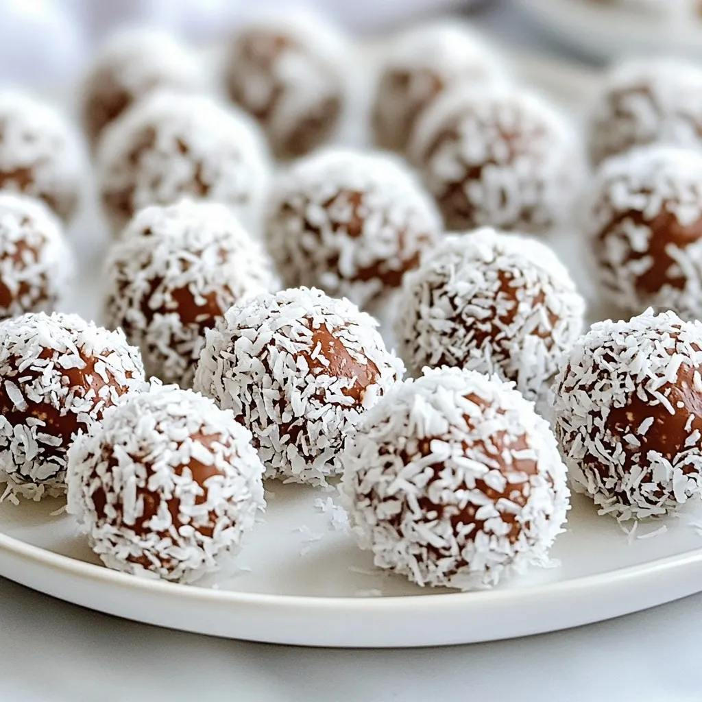 To make these tasty treats, gather these important ingredients: - 1 cup desiccated coconut (plus extra for coating) - 1/2 cup almond flour - 1/2 cup unsweetened cocoa powder - 1/4 cup maple syrup - 2 tablespoons coconut oil, melted - 1 teaspoon vanilla extract - A pinch of salt - 1/2 cup dark chocolate chips (dairy-free if needed) These ingredients work together to create a rich and sweet flavor. The coconut adds a tropical twist, while the cocoa gives a deep chocolate taste. You can add a personal touch with these optional ingredients: - Chopped nuts for crunch - A dash of cinnamon for warmth - Dried fruit for extra sweetness Feel free to mix in any of these options. They can change the taste and texture of your truffles. If you need to swap out some ingredients, here are a few ideas: - Use shredded coconut instead of desiccated coconut for a different texture. - Swap almond flour with oat flour if you have nut allergies. - Use honey instead of maple syrup for a different sweet flavor. These substitutions help you adapt the recipe to your needs. Whether it’s for allergies or just personal preference, you can still enjoy these truffles! {{ingredient_image_1}} To start, grab a mixing bowl. Add 1 cup of desiccated coconut, 1/2 cup of almond flour, and 1/2 cup of unsweetened cocoa powder to the bowl. Next, pour in 1/4 cup of maple syrup. Add 2 tablespoons of melted coconut oil, 1 teaspoon of vanilla extract, and a pinch of salt. Mix everything well until it forms a sticky dough. This dough will be the base of our truffles. Make sure it sticks together nicely. With your hands, scoop small portions of the dough. Roll each portion into a ball, about 1 inch wide. Place these balls on a baking sheet lined with parchment paper. You should end up with twelve truffles. Once you shape all the truffles, pop the baking sheet into the freezer. Let them chill for 15 to 20 minutes. This makes them firm and easier to coat. While the truffles chill, melt 1/2 cup of dark chocolate chips in a microwave-safe bowl. Heat it in 30-second intervals, stirring in between. This keeps the chocolate from burning. Once melted and smooth, take the truffles from the freezer. Dip each one into the melted chocolate. Use a fork to lift them out, letting any extra chocolate drip off. Immediately roll the chocolate-coated truffles in extra desiccated coconut. Make sure they are fully coated. Then, return the coated truffles to the baking sheet. Now, place the baking sheet back in the refrigerator. Let the truffles set for another 10 to 15 minutes. Once the chocolate hardens, your Chocolate Coconut Snowball Truffles are ready to enjoy! Serve them on a pretty plate or in a gift box. They make a perfect treat for any occasion. To get a great texture, use fresh ingredients. Make sure your coconut is soft. Combine your dry and wet items well. The dough should feel sticky but not too wet. If it feels too dry, add a bit more maple syrup. After rolling the truffles, chill them for a bit. This helps them hold shape when dipped in chocolate. When melting chocolate, go slow. Use a microwave-safe bowl. Heat the chocolate in 30-second bursts. Stir after each burst until smooth. This method keeps chocolate from burning. If you notice it getting thick, add a teaspoon of coconut oil. It will help keep your chocolate smooth and shiny. These truffles make a perfect sweet treat. Each recipe gives you about 12 truffles. For serving, place them on a nice plate. Add some extra coconut around them for a pretty look. You can also use small cupcake liners. They make the truffles easy to grab. For a fun twist, serve them with fresh fruit like strawberries. Enjoy! Pro Tips Chill the Dough: For easier handling, ensure the dough is thoroughly chilled before rolling into balls. This helps maintain their shape when dipped in chocolate. Quality Chocolate: Use high-quality dark chocolate for dipping. The better the chocolate, the richer the flavor of the truffles. Customize Your Coating: Feel free to experiment with different coatings like crushed nuts, cocoa powder, or sprinkles for added texture and flavor. Storage Tips: Store truffles in an airtight container in the refrigerator. They can last up to a week, but they are best enjoyed fresh! {{image_2}} You can change the flavor of your Chocolate Coconut Snowball Truffles. Try adding a few drops of peppermint extract for a minty twist. A spoonful of almond extract adds a nice nutty taste. You can also mix in some orange zest for a fruity kick. Each of these flavors makes the truffles exciting and fun. These truffles are naturally vegan and gluten-free! The ingredients are simple and clean. Use dairy-free chocolate chips to keep them vegan. For gluten-free options, ensure your almond flour is certified gluten-free. You can enjoy these treats without worry about your diet. Feel free to add nuts or dried fruits for a seasonal touch. Chopped walnuts or pecans give a nice crunch. Dried cherries or cranberries add sweetness and color. These add-ins not only enhance taste but also make your truffles unique each time. Mix and match to find your favorite combinations! To keep your Chocolate Coconut Snowball Truffles fresh, place them in an airtight container. Use parchment paper between layers to avoid sticking. This method helps maintain their shape and texture. Store the container in the refrigerator. These truffles will last about a week in the fridge. If you want them to stay fresh longer, check for any signs of moisture. Moisture can make the truffles spoil faster. Always use a clean spoon to avoid contamination when serving. You can freeze Chocolate Coconut Snowball Truffles for up to three months. First, place them on a tray in a single layer. Once they are frozen, transfer them to a freezer bag. Make sure to remove as much air as possible. When ready to enjoy, take them out and let them thaw in the fridge. Yes, you can use different types of chocolate. Dark chocolate gives a rich taste. Milk chocolate offers a sweeter flavor. White chocolate adds creaminess. Choose what you like best! To keep truffles from melting, store them in a cool place. Chilling the truffles helps them stay firm. Use a good amount of coconut oil in the mix. This helps the truffles hold their shape. Yes, you can make truffles without coconut. You can use crushed nuts or cocoa powder instead. This will change the flavor but still be tasty. Feel free to experiment with your favorite ingredients! These chocolate coconut snowball truffles are easy and fun to make. We covered the main and optional ingredients, plus how to customize them. You learned how to prepare, shape, and coat your truffles. With tips for perfect texture and chocolate melting, you’ll impress your friends. Variations help cater to different diets. Finally, proper storage ensures your treats stay fresh. Enjoy making these truffles and experiment to create your own unique versions!