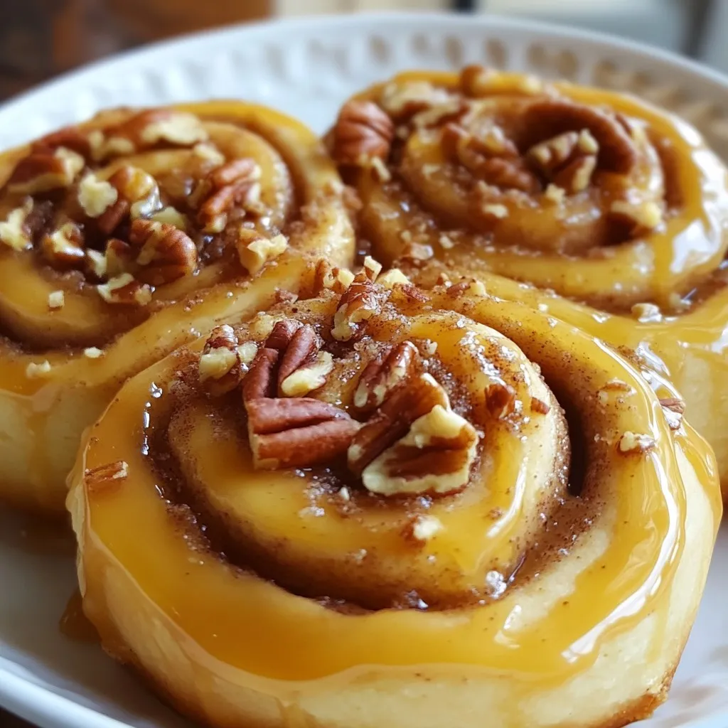 - Dry ingredients - 4 cups all-purpose flour - 1 packet (2 ¼ teaspoons) active dry yeast - ¼ cup granulated sugar - 1 teaspoon salt - 2 tablespoons ground cinnamon - Wet ingredients - ½ cup milk, warmed - ¼ cup unsalted butter, melted - 2 large eggs - 1 teaspoon vanilla extract - Filling ingredients - ⅓ cup brown sugar, packed - 1 cup pecans, chopped - ½ cup caramel sauce (store-bought or homemade) - 1 tablespoon butter, for greasing I love starting with fresh ingredients. They make a big difference in taste. Use high-quality flour and fresh yeast for the best rise. Warm milk helps activate the yeast. It’s key for fluffy rolls. For the filling, choose sweet, soft brown sugar and crunchy pecans. They add flavor and texture. Caramel sauce is the star. Drizzling it on top gives a sweet finish. Make sure to grease your baking dish well. This helps the rolls come out easily. Gather these items before you start. It makes the process smoother. Enjoy the joy of baking with these fantastic ingredients! {{ingredient_image_1}} To make great rolls, you need fresh yeast. Fresh yeast works better and helps dough rise. Start by warming up the milk. It should be warm, not hot. A good temperature is about 110°F (43°C). Mix the warm milk with granulated sugar and active dry yeast in a small bowl. Let this sit for 5 to 10 minutes. You will see bubbles forming on the top. This means your yeast is ready. In a large bowl, combine the yeast mix, melted butter, eggs, and vanilla. Stir these together well. Now, slowly add the flour and salt. Mix until the dough starts to form. Next, move the dough to a floured surface. Knead it for 5 to 7 minutes until it feels smooth and elastic. This step is key for a nice texture. After kneading, place the dough in a greased bowl. Cover it with a cloth and let it rise in a warm spot for about an hour. It should double in size. While the dough rises, prepare the filling. In a small bowl, mix the brown sugar and ground cinnamon. Set this aside. Once the dough has risen, punch it down to release air. Roll it out on a floured surface into a rectangle about 16x12 inches. Make sure it is even. Spread the cinnamon-sugar mix evenly over the dough. Then, sprinkle the chopped pecans on top. Press them down slightly to stick. Before baking, grease a 9x13 inch baking dish with butter. Drizzle half of the caramel sauce on the bottom of the dish. Place the cinnamon rolls in the dish. Cover them with a cloth and let them rise again for 30 minutes. Preheat your oven to 350°F (175°C). Bake the rolls for 25 to 30 minutes until they are golden brown. While they bake, heat the rest of the caramel sauce for drizzling. Once out of the oven, let them cool slightly. Then, drizzle the warm caramel sauce over the top. Serve these rolls warm for the best taste. - Tips for a fluffier dough: Use warm milk to activate your yeast. Milk should feel like a warm bath, not hot. This helps yeast grow well. Knead the dough just until it feels smooth. Too much kneading can make rolls tough. Let the dough rise in a warm spot. A good rise leads to fluffy rolls. - Safer greasing techniques: When greasing your baking dish, use just a bit of butter. Grab a paper towel to spread it evenly. This way, no excess butter pools at the bottom. This keeps your rolls from getting soggy. - Over-kneading dough: Kneading too long makes dough too firm. Stop when it feels soft and elastic. This gives your rolls a light texture. - Insufficient rising time: Don’t rush the rising process. Give the dough time to double in size. If you skip this, your rolls will be dense. Letting them rise ensures they turn out light and fluffy. Pro Tips Check Yeast Freshness: Always ensure your yeast is fresh for the best rise. If the yeast doesn’t foam after activation, it’s likely no longer active. Room Temperature Ingredients: For a smoother dough, ensure your eggs and butter are at room temperature before mixing. Knead Properly: Kneading develops gluten, which gives the rolls their structure. Be sure to knead until the dough is smooth and elastic. Caramel Drizzle Timing: Drizzle the warm caramel sauce just before serving to prevent it from hardening on the rolls. {{image_2}} You can make your caramel pecan cinnamon rolls even more fun! Here are two easy ways to add flavor. - Chocolate chips: Add half a cup of chocolate chips to your filling. Place them on top of the cinnamon-sugar mix before you roll up the dough. The chocolate melts and adds a sweet touch. - Dried fruits: Try adding chopped dried fruits like raisins or cranberries. Mix them with the pecans. This adds a chewy texture and a fruity taste. If you need to make some changes for dietary needs, I have you covered! - Gluten-free alternatives: Use a gluten-free flour blend instead of all-purpose flour. Make sure the blend has xanthan gum. This will help your rolls rise and stay fluffy. - Vegan options: Replace the eggs with flax eggs. To make a flax egg, mix one tablespoon of ground flaxseed with three tablespoons of water. Let it sit for five minutes. Use almond milk instead of regular milk and coconut oil in place of butter. This keeps the rolls dairy-free and egg-free. These variations and substitutions keep your caramel pecan cinnamon rolls exciting and enjoyable for everyone! To store your caramel pecan cinnamon rolls, place them in an airtight container. This keeps them fresh and moist. If you want to keep them warm, cover them with a clean kitchen towel. You can store them at room temperature for up to three days. For reheating, simply place a roll on a plate. Microwave it for about 15 to 20 seconds. This warms it up without drying it out. If you prefer a crispy texture, heat your oven to 350°F (175°C) and bake for about 5 to 10 minutes. For long-term storage, you can freeze the cinnamon rolls. First, let them cool completely. Then, wrap each roll tightly in plastic wrap. Place them in a freezer bag or container. They can stay frozen for up to three months. When you are ready to enjoy them, take the rolls out of the freezer. Place them in the fridge overnight to thaw. Once thawed, reheat them in the microwave or oven. For the microwave, use the same method as before. For the oven, bake at 350°F (175°C) for 10 to 15 minutes. Enjoy your warm, gooey treat again! Yes, you can make these cinnamon rolls ahead of time. One option is to prepare the dough and let it rise. After the first rise, shape the rolls and place them in the baking dish. Cover the dish with plastic wrap and refrigerate overnight. The next morning, let them rise for about 30 minutes before baking. You can also bake the rolls and store them. Allow them to cool completely, then cover with plastic wrap. Store them at room temperature for up to two days. Reheat in the oven or microwave before serving. If you do not have pecans, you can use other nuts. Walnuts are a great choice for their similar texture. Almonds or hazelnuts also work well. For a nut-free option, consider using sunflower seeds or pumpkin seeds. You can even skip the nuts and add more cinnamon sugar for extra flavor. To make simple caramel sauce, you will need: - 1 cup granulated sugar - 6 tablespoons unsalted butter - ½ cup heavy cream - 1 teaspoon vanilla extract 1. In a medium saucepan, heat the sugar over medium heat. Stir until it melts and turns amber. 2. Once melted, add the butter and stir until combined. 3. Slowly pour in the heavy cream while stirring. Be careful, as it will bubble up. 4. Remove from heat and stir in the vanilla extract. Let it cool before using. Tips for success: - Use a heavy-bottomed saucepan to prevent burning. - Keep an eye on the sugar, as it can quickly go from perfect to burnt. - If the sauce hardens, gently reheat it over low heat to soften. This blog post covered key steps to create perfect cinnamon rolls. We explored essential ingredients, from dry to filling, and discussed activating yeast at the right temperature. You learned how to knead dough and prepare tasty fillings. I also shared tips for baking, serving, and avoiding common mistakes. Remember, variations allow for fun flavors, and proper storage keeps them fresh. With these insights, you're ready to impress friends and family with delicious cinnamon rolls. Enjoy your baking adventure!