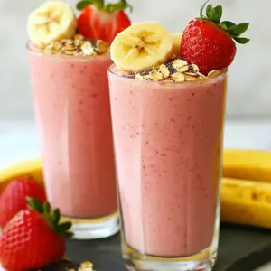 To make a tasty Strawberry Banana Oat Smoothie, gather these fresh ingredients: - 1 cup fresh strawberries, hulled and chopped - 1 ripe banana, sliced - 1/2 cup rolled oats - 1 cup almond milk (or any preferred milk) - 1 tablespoon honey or maple syrup (optional, adjust for sweetness) - 1/2 teaspoon vanilla extract - 1 tablespoon chia seeds (optional for added nutrition) - Ice cubes (optional, for a chilled smoothie) These ingredients work together to create a smoothie that is both healthy and delicious. Fresh strawberries add a sweet and tangy flavor. The ripe banana makes the smoothie creamy and adds natural sweetness. Rolled oats bring fiber and help keep you full longer. You can choose almond milk, but you can use any milk you like. Honey or maple syrup are great for those who want a touch of sweetness. A hint of vanilla extract enhances the flavor, while chia seeds boost nutrition. If you want to chill your smoothie, add ice cubes. Each ingredient plays a key role in the taste and health benefits of this smoothie. So, make sure to have them ready before you blend! {{ingredient_image_1}} - Combining the fresh ingredients Start by hulling and chopping 1 cup of fresh strawberries. Then, slice 1 ripe banana. Add both fruits and 1/2 cup rolled oats into your blender. This mix will give your smoothie a great flavor and texture. - Adding liquid components Next, pour in 1 cup of almond milk. If you prefer a different milk, feel free to switch it up. This liquid helps blend the ingredients smoothly. - Incorporating optional ingredients If you want a little sweetness, add 1 tablespoon of honey or maple syrup. You can also mix in 1/2 teaspoon of vanilla extract for extra flavor. For added nutrition, throw in 1 tablespoon of chia seeds. - Blending for desired consistency If you like your smoothie cold, add a handful of ice cubes. Blend everything on high until it's smooth and creamy. You want to make sure all the ingredients are well mixed. Taste it and add more sweetener if needed. Once perfect, pour your smoothie into glasses and enjoy! To get the perfect consistency, start with the right order. Add soft fruits like bananas and strawberries first. Then, add rolled oats and liquids. This helps the blender mix everything well. If you want your smoothie thicker, add more oats or ice. For a thinner smoothie, just add more almond milk. Adjust the sweetness to fit your taste. If you want it sweeter, add more honey or maple syrup. You can also use ripe bananas, which are naturally sweet. Always taste before serving. This way, you can tweak it as needed. You can incorporate extra nutrients easily. Chia seeds are a great addition. They add fiber and omega-3s. You can also try adding spinach for more vitamins. This keeps the smoothie healthy without changing the taste much. For a fun serving idea, use tall glasses. This makes your smoothie look fancy. You can add a slice of strawberry or banana on the rim. It adds color and fun to your drink. Sprinkling extra oats or chia seeds on top gives texture. You can also add a few whole strawberries on top. This makes your smoothie even more appealing. Remember, we eat with our eyes first! Pro Tips Use Frozen Fruits: Substitute fresh fruits with frozen strawberries and bananas for a creamier texture without needing ice. Boost Nutritional Value: Consider adding a scoop of protein powder or spinach for an extra health kick without altering the flavor significantly. Adjust Consistency: If you prefer a thinner smoothie, simply add more almond milk until you reach your desired consistency. Experiment with Flavors: Try adding a pinch of cinnamon or a tablespoon of nut butter to enhance the flavor profile of your smoothie. {{image_2}} You can easily change up the flavor of your smoothie. Here are some fun ideas: - Adding other fruits: Try mango or spinach for a twist. Both add great taste and nutrients. - Dairy-free options: Use coconut milk or oat milk instead of almond milk. These give a nice flavor too. - Experimenting with protein add-ins: Add protein powder or Greek yogurt to boost protein. This keeps you fuller longer. If you have specific needs, you can still enjoy this smoothie: - Gluten-free adjustments: Use gluten-free oats. They blend well and keep the smoothie tasty. - Nut-free alternatives: If you have nut allergies, swap almond milk for soy or rice milk. These options work great without nuts. You can store the smoothie in the fridge for up to 24 hours. Keep it in a sealed container to prevent it from absorbing odors. If you have leftovers, give it a quick stir or shake before drinking. This helps mix any settled ingredients. To freeze the smoothie, pour it into an airtight container. Leave some space at the top, as it will expand. When ready to enjoy, take it out and place it in the fridge overnight to thaw. You can also blend it again after thawing to restore its creamy texture. Freezing can change the texture slightly, making it a bit grainy. The flavor remains good, but fresh is best. Enjoy it right after blending for the tastiest experience! To make your smoothie thicker, add more rolled oats. You can also use less almond milk. Another trick is to add banana or ice cubes. Bananas give a creamy texture, while ice adds chill without too much liquid. Blending longer can also help mix everything well and create a rich texture. Yes, you can use frozen strawberries. They work well and make the smoothie cold and refreshing. Just remember, frozen fruit can make your smoothie thicker. You might want to add a little more almond milk to get the desired texture. You can prepare this smoothie ahead of time, but it&rsquo;s best to drink it fresh. If you need to store it, keep it in an airtight container in the fridge. It should stay good for up to 24 hours. Just give it a good shake or stir before drinking, as ingredients may settle. The ingredients in this smoothie offer many health benefits: - Strawberries are high in vitamin C and antioxidants. They help boost your immune system. - Bananas provide potassium, good for heart health and muscle function. - Rolled oats are great for digestion and keep you full longer. - Almond milk is low in calories and a good source of vitamin E. - Chia seeds add fiber, protein, and omega-3 fatty acids, boosting overall nutrition. - Honey or maple syrup can add natural sweetness and antioxidants. Each ingredient plays a role in making this smoothie a tasty and healthy treat! You now know how to create a delicious smoothie. Start with fresh ingredients like strawberries and bananas. Blend them with oats and almond milk for a tasty drink. Remember to customize your smoothie with sweeteners, flavors, and nutrients. Store extras properly for later enjoyment. With these tips, you'll make smoothies that impress. Enjoy trying different combinations and sharing them with friends. Smoothies are fun, healthy, and easy to make!
