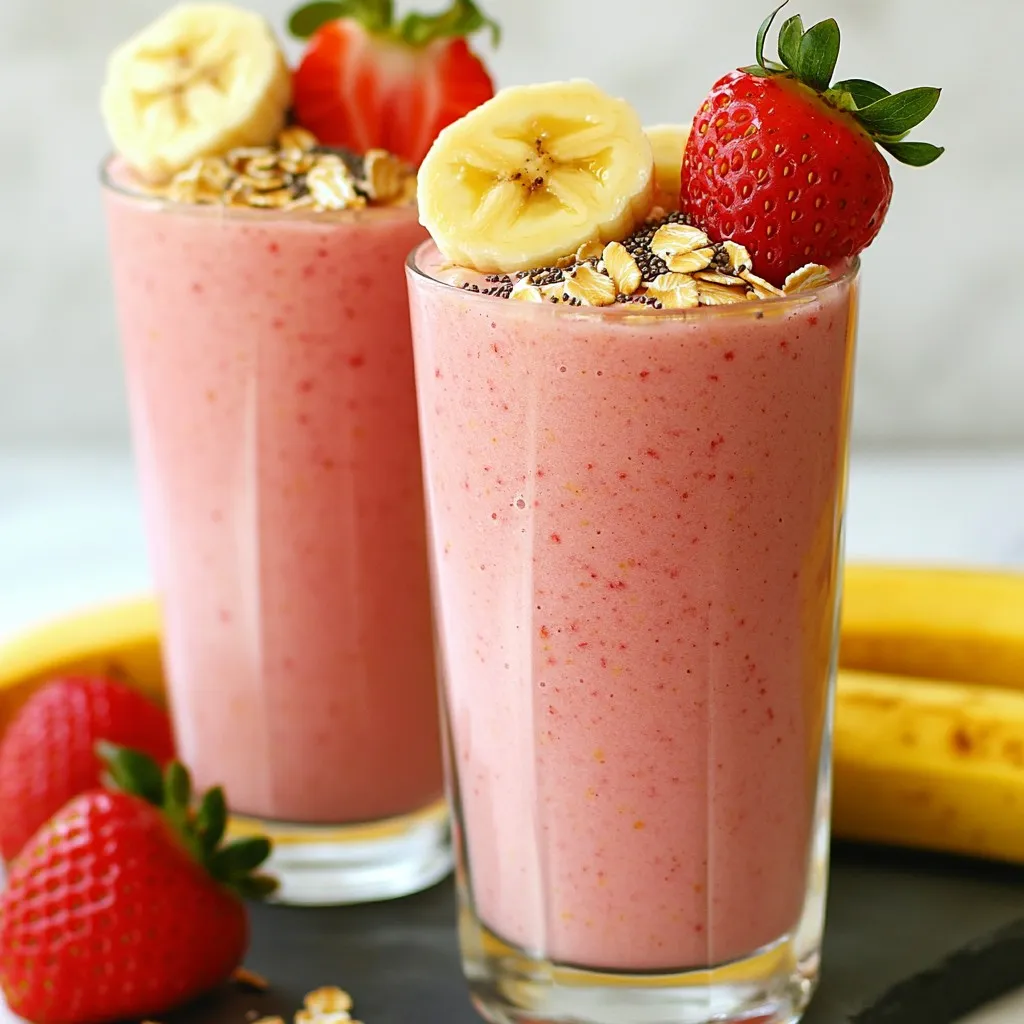 To make a tasty Strawberry Banana Oat Smoothie, gather these fresh ingredients: - 1 cup fresh strawberries, hulled and chopped - 1 ripe banana, sliced - 1/2 cup rolled oats - 1 cup almond milk (or any preferred milk) - 1 tablespoon honey or maple syrup (optional, adjust for sweetness) - 1/2 teaspoon vanilla extract - 1 tablespoon chia seeds (optional for added nutrition) - Ice cubes (optional, for a chilled smoothie) These ingredients work together to create a smoothie that is both healthy and delicious. Fresh strawberries add a sweet and tangy flavor. The ripe banana makes the smoothie creamy and adds natural sweetness. Rolled oats bring fiber and help keep you full longer. You can choose almond milk, but you can use any milk you like. Honey or maple syrup are great for those who want a touch of sweetness. A hint of vanilla extract enhances the flavor, while chia seeds boost nutrition. If you want to chill your smoothie, add ice cubes. Each ingredient plays a key role in the taste and health benefits of this smoothie. So, make sure to have them ready before you blend! {{ingredient_image_1}} - Combining the fresh ingredients Start by hulling and chopping 1 cup of fresh strawberries. Then, slice 1 ripe banana. Add both fruits and 1/2 cup rolled oats into your blender. This mix will give your smoothie a great flavor and texture. - Adding liquid components Next, pour in 1 cup of almond milk. If you prefer a different milk, feel free to switch it up. This liquid helps blend the ingredients smoothly. - Incorporating optional ingredients If you want a little sweetness, add 1 tablespoon of honey or maple syrup. You can also mix in 1/2 teaspoon of vanilla extract for extra flavor. For added nutrition, throw in 1 tablespoon of chia seeds. - Blending for desired consistency If you like your smoothie cold, add a handful of ice cubes. Blend everything on high until it's smooth and creamy. You want to make sure all the ingredients are well mixed. Taste it and add more sweetener if needed. Once perfect, pour your smoothie into glasses and enjoy! To get the perfect consistency, start with the right order. Add soft fruits like bananas and strawberries first. Then, add rolled oats and liquids. This helps the blender mix everything well. If you want your smoothie thicker, add more oats or ice. For a thinner smoothie, just add more almond milk. Adjust the sweetness to fit your taste. If you want it sweeter, add more honey or maple syrup. You can also use ripe bananas, which are naturally sweet. Always taste before serving. This way, you can tweak it as needed. You can incorporate extra nutrients easily. Chia seeds are a great addition. They add fiber and omega-3s. You can also try adding spinach for more vitamins. This keeps the smoothie healthy without changing the taste much. For a fun serving idea, use tall glasses. This makes your smoothie look fancy. You can add a slice of strawberry or banana on the rim. It adds color and fun to your drink. Sprinkling extra oats or chia seeds on top gives texture. You can also add a few whole strawberries on top. This makes your smoothie even more appealing. Remember, we eat with our eyes first! Pro Tips Use Frozen Fruits: Substitute fresh fruits with frozen strawberries and bananas for a creamier texture without needing ice. Boost Nutritional Value: Consider adding a scoop of protein powder or spinach for an extra health kick without altering the flavor significantly. Adjust Consistency: If you prefer a thinner smoothie, simply add more almond milk until you reach your desired consistency. Experiment with Flavors: Try adding a pinch of cinnamon or a tablespoon of nut butter to enhance the flavor profile of your smoothie. {{image_2}} You can easily change up the flavor of your smoothie. Here are some fun ideas: - Adding other fruits: Try mango or spinach for a twist. Both add great taste and nutrients. - Dairy-free options: Use coconut milk or oat milk instead of almond milk. These give a nice flavor too. - Experimenting with protein add-ins: Add protein powder or Greek yogurt to boost protein. This keeps you fuller longer. If you have specific needs, you can still enjoy this smoothie: - Gluten-free adjustments: Use gluten-free oats. They blend well and keep the smoothie tasty. - Nut-free alternatives: If you have nut allergies, swap almond milk for soy or rice milk. These options work great without nuts. You can store the smoothie in the fridge for up to 24 hours. Keep it in a sealed container to prevent it from absorbing odors. If you have leftovers, give it a quick stir or shake before drinking. This helps mix any settled ingredients. To freeze the smoothie, pour it into an airtight container. Leave some space at the top, as it will expand. When ready to enjoy, take it out and place it in the fridge overnight to thaw. You can also blend it again after thawing to restore its creamy texture. Freezing can change the texture slightly, making it a bit grainy. The flavor remains good, but fresh is best. Enjoy it right after blending for the tastiest experience! To make your smoothie thicker, add more rolled oats. You can also use less almond milk. Another trick is to add banana or ice cubes. Bananas give a creamy texture, while ice adds chill without too much liquid. Blending longer can also help mix everything well and create a rich texture. Yes, you can use frozen strawberries. They work well and make the smoothie cold and refreshing. Just remember, frozen fruit can make your smoothie thicker. You might want to add a little more almond milk to get the desired texture. You can prepare this smoothie ahead of time, but it’s best to drink it fresh. If you need to store it, keep it in an airtight container in the fridge. It should stay good for up to 24 hours. Just give it a good shake or stir before drinking, as ingredients may settle. The ingredients in this smoothie offer many health benefits: - Strawberries are high in vitamin C and antioxidants. They help boost your immune system. - Bananas provide potassium, good for heart health and muscle function. - Rolled oats are great for digestion and keep you full longer. - Almond milk is low in calories and a good source of vitamin E. - Chia seeds add fiber, protein, and omega-3 fatty acids, boosting overall nutrition. - Honey or maple syrup can add natural sweetness and antioxidants. Each ingredient plays a role in making this smoothie a tasty and healthy treat! You now know how to create a delicious smoothie. Start with fresh ingredients like strawberries and bananas. Blend them with oats and almond milk for a tasty drink. Remember to customize your smoothie with sweeteners, flavors, and nutrients. Store extras properly for later enjoyment. With these tips, you'll make smoothies that impress. Enjoy trying different combinations and sharing them with friends. Smoothies are fun, healthy, and easy to make!