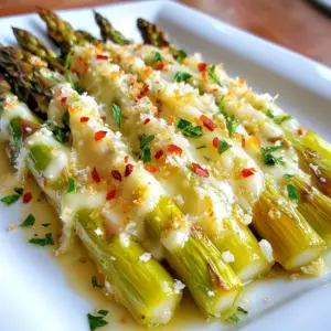 To make Roasted Garlic Parmesan Asparagus, you need some simple, fresh ingredients. Here’s what you will need: - 1 pound fresh asparagus, trimmed - 4 cloves garlic, minced - 2 tablespoons olive oil - 1/4 cup grated Parmesan cheese - 1/2 teaspoon red pepper flakes (optional) - Salt and pepper to taste - Zest of 1 lemon - Fresh parsley, chopped (for garnish) Fresh asparagus is the star here. Look for bright green stems. Minced garlic adds a robust flavor. Olive oil helps everything roast nicely. Grated Parmesan cheese creates a cheesy, savory topping. Red pepper flakes bring a bit of heat, but they are optional. Salt and pepper enhance all the flavors. Lemon zest adds a fresh, citrusy kick. Finally, chopped parsley gives a nice touch of color. Gather these ingredients, and you’re ready to create a tasty side dish! {{ingredient_image_1}} First, preheat your oven to 400°F (200°C). This step is key for roasting. A hot oven helps the asparagus cook evenly. Next, take 1 pound of fresh asparagus. Trim the tough ends. Lay the asparagus on a baking sheet lined with parchment paper. This keeps the asparagus from sticking. Drizzle 2 tablespoons of olive oil over the asparagus. Add 4 cloves of minced garlic, salt, and pepper to taste. If you like a kick, sprinkle in 1/2 teaspoon of red pepper flakes. Toss everything gently to coat the asparagus well. Spread them out in a single layer. Roast them in the oven for 10 to 15 minutes. Look for tender, slightly crispy asparagus. After roasting, take the asparagus out of the oven. Sprinkle 1/4 cup of grated Parmesan cheese on top. Return the baking sheet to the oven for another 3 to 5 minutes. The cheese should melt and become bubbly. Once done, zest a lemon over the asparagus. This adds a bright flavor. Finish by garnishing with fresh chopped parsley before serving. Enjoy this delicious side dish! Choose bright green asparagus. Look for firm, smooth stalks. Thin stalks are tender and sweet. Thick ones can be woody. The tips should be closed and compact. This shows freshness. If they look dry or wilted, skip them. Fresh asparagus makes your dish pop. You can change the flavor with simple swaps. Try adding lemon juice instead of zest for a tart kick. Want more heat? Increase the red pepper flakes. For a nutty twist, add toasted pine nuts. Mixing flavors keeps your meal exciting and tasty. Cooking time can vary based on size. Thin asparagus cooks faster, about 10 minutes. Thicker stalks may need 15 minutes. Keep an eye on them. You want them tender but still crisp. Check often to avoid overcooking. Adjust as needed for perfect results. Pro Tips Choose Fresh Asparagus: Look for firm, bright green stalks with tightly closed tips for the best flavor and texture. Don’t Overcrowd the Baking Sheet: Give the asparagus enough space to ensure even roasting and crispiness. Adjust Cooking Time: Thicker asparagus may require a few extra minutes in the oven, so keep an eye on them to prevent overcooking. Experiment with Cheese: Try different cheeses like Pecorino Romano or Gruyère for a unique twist on flavor. {{image_2}} You can switch up the cheese for more flavor. Try using Pecorino Romano for a salty kick. Goat cheese adds creaminess and tang. If you like it rich, use Gruyère cheese. Mix and match to find your favorite combo. Each cheese gives a unique taste and feel. Asparagus loves company! Add carrots or bell peppers for color and crunch. Broccoli also works well and adds more nutrients. You can even mix in cherry tomatoes for a burst of sweetness. Just cut them to the same size as your asparagus. This way, everything cooks evenly. Want to heat things up? Add more red pepper flakes to make it spicy. Try adding smoked paprika for a smoky twist. You can also sprinkle in some garlic powder for extra flavor. If you love heat, consider cayenne pepper. Just a pinch can make a big difference! After you enjoy your roasted garlic parmesan asparagus, store any leftovers in an airtight container. Keep them in the fridge for up to three days. If you leave them out, they can spoil quickly. Make sure to cool them to room temperature first. This helps keep them fresh longer. To reheat, use your oven for the best results. Preheat it to 350°F (175°C). Place the asparagus on a baking sheet. Heat for about 10 minutes until warm. If you want it crisp again, you can broil it for a minute. You can also use the microwave, but it may make the asparagus soft. If you want to save asparagus for later, you can freeze it. First, blanch the asparagus in boiling water for two minutes. Then, cool it in ice water. Drain and pat dry. Place them in a freezer-safe bag and remove as much air as you can. They can last up to three months in the freezer. When ready to use, just thaw in the fridge overnight. Roast asparagus at 400°F for 10 to 15 minutes. Check for tenderness during roasting. The asparagus should be bright green and slightly crisp. Yes, you can use frozen asparagus. Thaw it first and pat it dry. Frozen asparagus may need a few extra minutes to roast. Roasted garlic parmesan asparagus pairs well with many dishes. Try it with grilled chicken or fish. It also goes great with pasta or risotto. Asparagus is cooked when it’s bright green and tender. You can test it by piercing with a fork. If it gives easily, it’s done! In this post, we explored how to make tasty roasted garlic Parmesan asparagus. We covered the key ingredients and step-by-step instructions. You learned tips on selecting fresh asparagus and ways to adjust flavors. I shared ideas for variations and provided storage tips. Using this information, you can enjoy creating a delicious side dish. Customize it to fit your taste. With practice, you'll roast asparagus like a pro! Enjoy your cooking adventure.