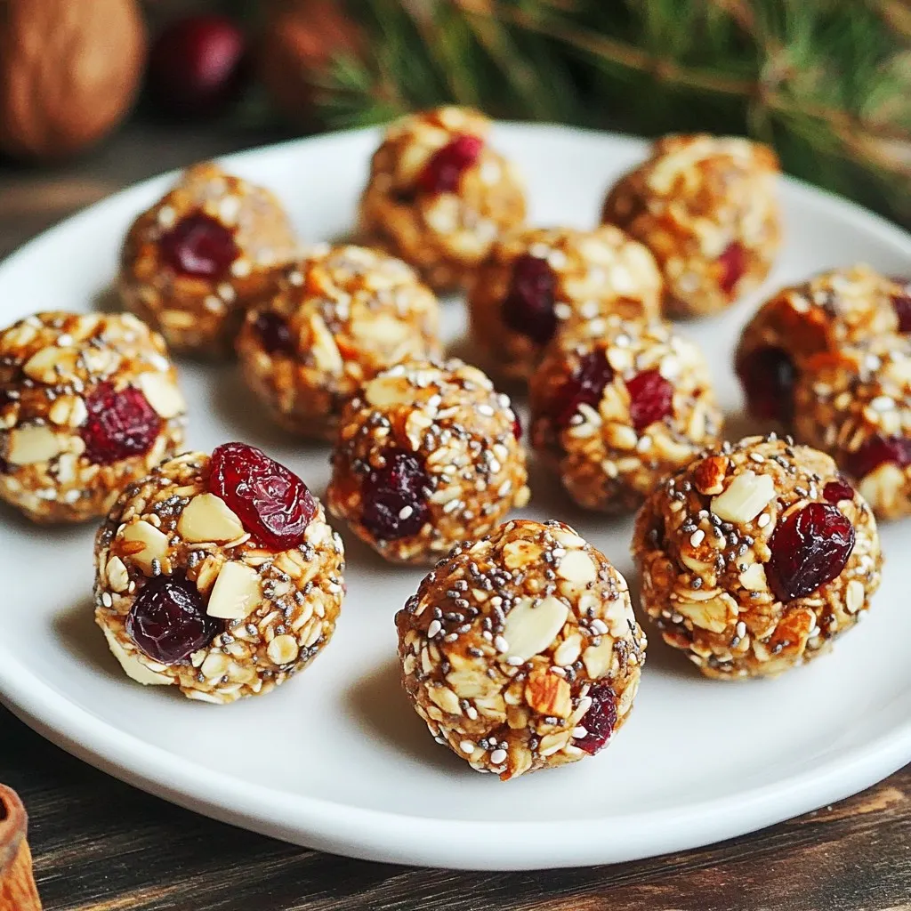 To make Almond Cranberry Energy Bites, you will need: - 1 cup rolled oats - 1/2 cup almond butter - 1/3 cup honey or maple syrup - 1/2 cup dried cranberries, chopped - 1/2 cup almonds, chopped - 1/4 cup chia seeds - 1 teaspoon vanilla extract - Pinch of salt These ingredients come together to create a healthy snack that is both tasty and filling. You can swap some ingredients if needed: - Use peanut butter instead of almond butter. - Agave syrup can replace honey or maple syrup. - Any dried fruit can work in place of cranberries. Try raisins or apricots. - Use sunflower seeds if you need a nut-free version. - Rolled oats can be replaced with quick oats, but the texture may change. These swaps let you customize the bites to your taste or diet. Each energy bite is a small powerhouse. Here's what you get per bite (based on 15 bites): - Calories: 90 - Protein: 3g - Carbohydrates: 12g - Fat: 4g - Fiber: 2g - Sugar: 3g These energy bites provide a good mix of protein, fiber, and healthy fats. They are great for a quick boost during your busy day. Enjoy them as a snack or a pre-workout treat! {{ingredient_image_1}} 1. Start by gathering all your ingredients. You will need rolled oats, almond butter, honey or maple syrup, chopped dried cranberries, chopped almonds, chia seeds, vanilla extract, and a pinch of salt. 2. In a large mixing bowl, combine 1 cup of rolled oats, 1/2 cup of chopped dried cranberries, 1/2 cup of chopped almonds, 1/4 cup of chia seeds, and a pinch of salt. Mix these dry ingredients well. 3. In another bowl, whisk together 1/2 cup of almond butter, 1/3 cup of honey or maple syrup, and 1 teaspoon of vanilla extract until it is smooth and creamy. 4. Pour the almond butter mixture over the dry ingredients. Stir everything together until the dry ingredients are fully coated. - Mix thoroughly. You want every bit of the dry mix to be coated in the almond butter. - If the mixture feels too dry, add a splash of water. This helps bind the ingredients better. - Use a sturdy spatula or spoon to mix. This will make it easier to combine everything. 1. Once the mixture is well combined, use your hands to press it together. If it sticks, dampen your hands with a little water. 2. Scoop out about 1 tablespoon of the mixture. Roll it into a ball using your hands. 3. Repeat this process until all the mixture is shaped into small bites. You should get about 12-15 bites. 4. Place the bites on a tray lined with parchment paper. Refrigerate them for at least 30 minutes. This will help them firm up and hold their shape. One common mistake is not measuring the ingredients. Use a cup for oats and a spoon for honey. Too much almond butter makes the bites too sticky. If your mixture is too dry, add a bit more honey or almond butter. Remember to mix well, so every bite has flavor. To make perfect energy bites, follow these steps: - Combine dry ingredients first. This helps mix flavors evenly. - Mix wet ingredients in a separate bowl. This keeps the texture smooth. - Press the mixture tightly into balls. Use damp hands if it sticks. - Chill them for 30 minutes. This step helps them firm up and hold their shape. Want to boost the flavor? Here are some ideas: - Add a pinch of cinnamon for warmth. - Toss in a handful of chocolate chips for sweetness. - Use different nuts, like walnuts or pecans, for added crunch. - Swap dried cranberries for raisins or apricots for a new taste. These small changes can make your Almond Cranberry Energy Bites exciting each time you make them! Pro Tips Store in the Freezer: For longer shelf life, store these energy bites in the freezer. They can last up to 3 months and are perfect for quick snacks on the go! Customize Your Mix-ins: Feel free to swap out the dried cranberries and almonds for your favorite nuts and dried fruits. Try using walnuts, pecans, or apricots for a different flavor profile! Add Protein Powder: Boost the protein content by adding a scoop of your favorite protein powder to the mixture. This is great for post-workout recovery! Experiment with Flavors: Try adding spices like cinnamon or nutmeg for extra flavor, or incorporate cocoa powder for a chocolatey twist! {{image_2}} You can mix it up with different nuts. Try cashews or walnuts instead of almonds. For a twist, use sunflower seed butter instead of almond butter. You can also swap dried cranberries for raisins or dried cherries. If you like chocolate, add a handful of dark chocolate chips. These changes keep the bites fresh and exciting. In fall, add a pinch of cinnamon for warmth. You can use pumpkin spice to get that cozy vibe. In spring, consider adding lemon zest for a bright flavor. In summer, try adding coconut flakes to bring in a tropical touch. These seasonal flavors make energy bites perfect for any time of year. To make these bites vegan, swap honey for maple syrup. This keeps the sweetness while staying plant-based. For gluten-free options, ensure your oats are certified gluten-free. You can also adjust the nuts to fit any allergies. These bites fit many diets, making them a great choice for everyone. I recommend storing your almond cranberry energy bites in an airtight container. This keeps them fresh. If you plan to eat them within a week, the fridge is the best spot. Just make sure to separate layers with parchment paper. This helps prevent sticking. To freeze your energy bites, first shape them into balls. Then, place them on a tray lined with parchment paper. Freeze them for about two hours until they are firm. Once frozen, transfer the bites to a freezer-safe bag. They can last for up to three months in the freezer. When you’re ready to eat, just thaw them in the fridge overnight. These energy bites can stay fresh in the fridge for about a week. If you freeze them, they last much longer. Enjoy them for a quick snack anytime. You won’t regret having these healthy bites around! Yes, you can! You can swap almond butter for peanut butter, cashew butter, or any nut butter you like. Each nut butter brings its own flavor and texture to the bites. Just make sure the nut butter is creamy. This will help the mixture stick together. You can use maple syrup instead of honey. Maple syrup gives a nice sweetness and works well in this recipe. If you need a sugar-free option, try using mashed ripe banana or agave syrup. Both options will keep the bites moist and tasty. These energy bites are packed with healthy ingredients. They provide a good mix of fiber, protein, and healthy fats. Here are some benefits: - Rolled oats: Good for heart health and help keep you full. - Almonds: Rich in vitamin E and help lower cholesterol. - Cranberries: Full of antioxidants and great for your immune system. - Chia seeds: High in omega-3s and good for digestion. These bites are great for a quick snack or post-workout fuel. They are a tasty way to eat healthy! This blog post covered how to make delicious energy bites from start to finish. You learned the key ingredients and how each one can be replaced if needed. We also discussed ways to avoid common mistakes and make these bites perfect. In closing, energy bites are quick and fun to make. You can mix flavors and adapt them to meet your needs. Enjoy experimenting with your favorite tastes for a nutritious snack!