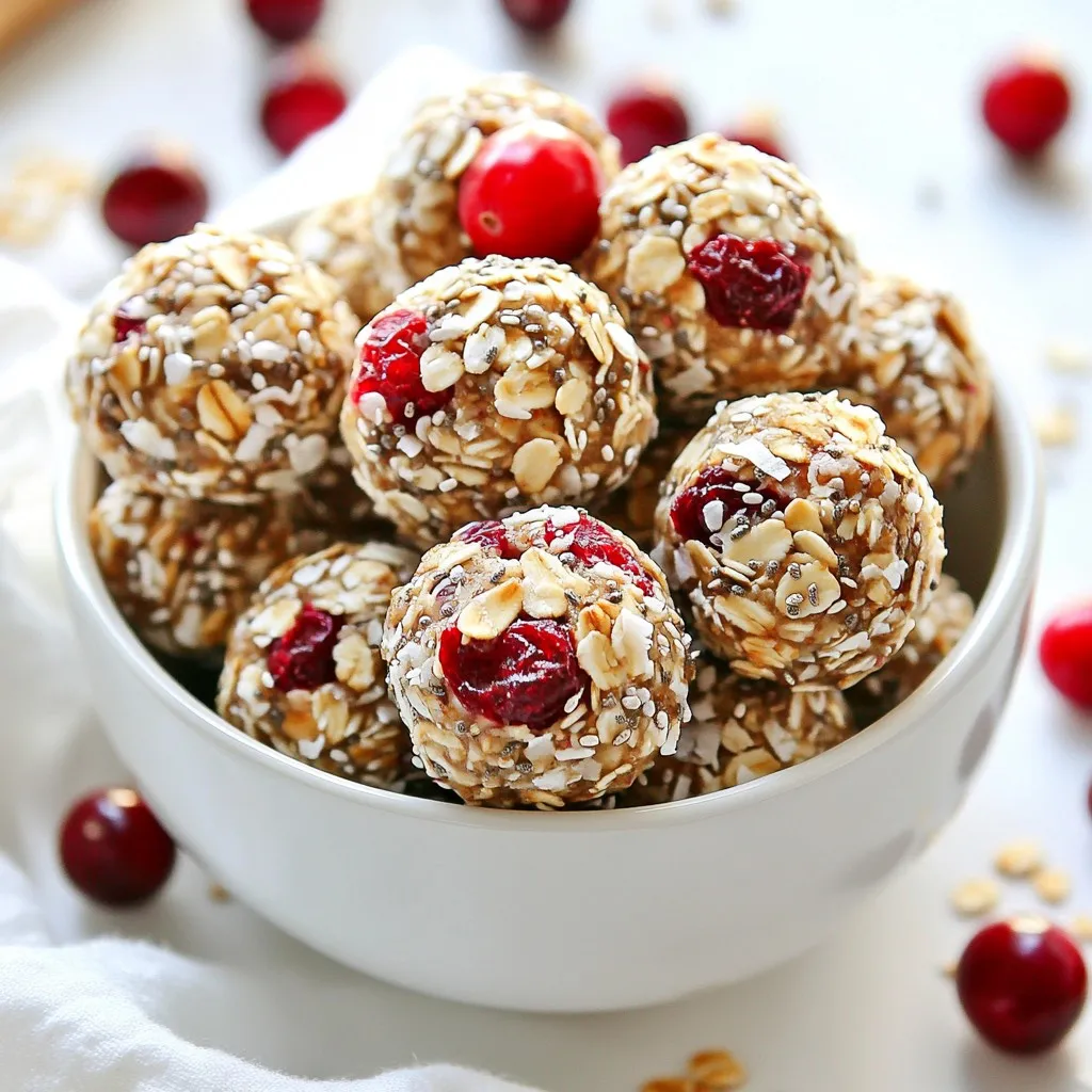To make Almond Cranberry Energy Bites, you need: - 1 cup almond butter - 1 cup rolled oats - 1/2 cup dried cranberries, chopped - 1/2 cup honey or maple syrup - 1/4 cup unsweetened coconut flakes - 1/4 cup chia seeds - 1 teaspoon vanilla extract - 1/4 teaspoon sea salt When measuring sticky ingredients like almond butter or honey, use a liquid measuring cup. This makes it easier to pour. For dry ingredients, use a dry measuring cup and level off with a knife for accuracy. Chia seeds can be measured with a teaspoon or tablespoon, depending on how many you want to add. If you don’t have almond butter, you can use peanut butter or sunflower seed butter. For the sweetener, maple syrup works well, but agave syrup is also a great choice. If you want to skip coconut, you can replace it with crushed nuts. Instead of chia seeds, you can use flax seeds for a similar texture. {{ingredient_image_1}} Making Almond Cranberry Energy Bites is simple and quick. You will need just 15 minutes of prep time. This recipe yields about 12 to 15 bites. Gather all your ingredients first. It makes the process smooth and fun. 1. Mix the Wet Ingredients: In a large bowl, combine 1 cup of almond butter and 1/2 cup of honey or maple syrup. Stir until smooth. 2. Add Flavor: Pour in 1 teaspoon of vanilla extract and sprinkle in 1/4 teaspoon of sea salt. Mix these in well. 3. Incorporate Dry Ingredients: Gradually add 1 cup of rolled oats, 1/4 cup of chia seeds, and 1/4 cup of unsweetened coconut flakes. Stir until everything blends nicely. 4. Fold in Cranberries: Gently fold in 1/2 cup of chopped dried cranberries. Make sure they spread evenly throughout the mixture. 5. Chill the Mixture: Cover the bowl with plastic wrap. Place it in the fridge for 30 minutes. This step helps firm up the mixture. 6. Shape the Bites: After chilling, scoop the mixture with your hands. Roll it into small balls, about 1 inch wide. 7. Set the Bites: Place the balls on a baking sheet lined with parchment paper. Chill again for at least 1 hour. 8. Store: Once set, keep the energy bites in an airtight container in the fridge for up to a week. You can also freeze them for longer storage. To get the best texture, ensure your almond butter is creamy. If it's too thick, it won't mix well. Also, let the mixture chill properly. This helps your bites hold their shape. If you want a chewier bite, add a bit more honey or maple syrup. Enjoy your tasty and healthy snack! You can personalize your almond cranberry energy bites easily. Try different nut butters like peanut or cashew for a new taste. You can swap dried cranberries for cherries or raisins. Add nuts like walnuts or pecans for crunch. If you want a sweeter bite, mix in chocolate chips or maple syrup. You can even add a pinch of cinnamon for warmth. To keep your energy bites fresh, store them in an airtight container. They last up to a week in the fridge. If you want to save them longer, freeze them. Place the bites in a single layer on a baking sheet first. Once frozen, transfer them to a freezer bag. They can last for up to three months in the freezer. These energy bites are great for any time of day. Serve them as a quick breakfast on busy mornings. They also make a perfect snack for kids after school. You can offer them at parties as healthy treats. For a fancy touch, arrange them on a plate with extra cranberries and coconut flakes around them. Pro Tips Chill for Easier Rolling: Make sure to refrigerate the mixture for at least 30 minutes before rolling. This will make it firmer and easier to shape into bite-sized balls. Customize Your Mix-ins: Feel free to swap out dried cranberries for other dried fruits like apricots or raisins, or add nuts and seeds for extra crunch and nutrition. Storage Tips: These energy bites can be stored in an airtight container in the refrigerator for up to a week, or you can freeze them for up to three months for a quick snack. Perfect Portioning: Use a cookie scoop for uniform size and shape, ensuring that each energy bite is consistent and easy to grab on the go. {{image_2}} You can swap almond butter for other nut butters. Try peanut butter for a classic taste. Cashew butter adds a mild, creamy flavor. Sunflower seed butter works well for nut-free diets. Each option gives a unique twist to the bites. Feel free to change up the mix-ins. Add sunflower seeds for extra crunch. Pumpkin seeds boost nutrition and flavor too. You can use different dried fruits like apricots or raisins. Each fruit adds its own sweetness and texture. Spices and extracts can enhance the flavor. A dash of cinnamon gives warmth and depth. Try adding a pinch of nutmeg for a festive touch. You can also use almond or coconut extract for added taste. These small changes make each bite special. To keep your almond cranberry energy bites fresh, store them in an airtight container. This will stop air from getting in and drying them out. You can keep them in the fridge or freezer, depending on how soon you will eat them. If you choose the fridge, they will last for a week. For longer storage, freezing is best. In the refrigerator, your energy bites will stay fresh for up to one week. They taste best within this time. If you freeze them, they can last for about three months. Just remember to label your container with the date. This way, you will know when you made them. Check your energy bites for any signs of spoilage. If you see mold, do not eat them. A bad smell or a change in texture is also a red flag. If they feel hard or dry instead of chewy, it’s time to toss them. Always trust your senses when it comes to food safety. Almond Cranberry Energy Bites are small snacks packed with energy. They combine almond butter, oats, and dried cranberries. These bites are tasty and easy to make. They are perfect for a quick snack or pre-workout boost. You can make them in about 15 minutes, plus chilling time. Yes, you can make these energy bites vegan. Simply swap honey for maple syrup. Both options add sweetness, but maple syrup is plant-based. The rest of the ingredients are vegan-friendly. This makes the recipe suitable for everyone. Yes, these energy bites can be gluten-free. Just ensure you use certified gluten-free oats. This way, you avoid any gluten contamination. All other ingredients in the recipe are naturally gluten-free. So, you can enjoy these bites without worry. One energy bite contains about 100 calories. This can vary based on the exact size and ingredients used. If you make about 15 bites, you get a tasty snack without too many calories. They are great for a quick energy boost. Using fresh cranberries is not recommended. Fresh cranberries are too tart and can make the bites soggy. Dried cranberries add sweetness and chewiness. Stick with dried cranberries for the best flavor and texture in your energy bites. You learned how to make tasty almond cranberry energy bites. We covered important ingredients, measuring tips, and substitutions. You now know step-by-step instructions to get the best texture. Customization options let you create your own bites. We discussed storage tips to keep them fresh and safe. Lastly, I answered common questions about the recipe. With this knowledge, you can make energy bites that fit your needs. Enjoy creating and sharing them!