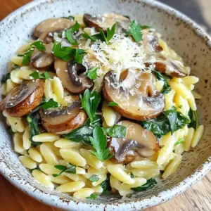 This creamy mushroom spinach orzo dish combines simple ingredients for a cozy meal. Here’s what you need: - 1 cup orzo pasta - 2 tablespoons olive oil - 1 medium onion, finely chopped - 2 cloves garlic, minced - 8 oz (225g) mushrooms, sliced - 4 cups fresh spinach - 1 cup vegetable broth - 1 cup heavy cream (or plant-based alternative) - 1/2 cup grated Parmesan cheese (or nutritional yeast) - Salt and pepper to taste - Fresh parsley, chopped (for garnish) Each ingredient plays a role. The orzo serves as a hearty base. Olive oil adds richness, while onion and garlic give depth. Mushrooms bring umami flavor, and spinach adds a fresh touch. The vegetable broth and cream create a rich sauce. Parmesan cheese enhances the creaminess and adds a savory kick. Finally, salt, pepper, and parsley brighten the dish. Using high-quality ingredients makes a big difference. Fresh spinach and good broth elevate the taste. Don’t forget about the mushrooms! They add a wonderful texture and flavor. You can choose any variety, like cremini or button. Enjoy the process of gathering your ingredients. This dish is not just a meal; it's a chance to create something special. {{ingredient_image_1}} 1. Start by boiling a pot of salted water. 2. Add 1 cup of orzo pasta to the boiling water. 3. Cook it until it is al dente, which takes about 8-10 minutes. 4. Once done, drain the orzo and set it aside. 1. In a large skillet, heat 2 tablespoons of olive oil over medium heat. 2. Add 1 medium onion, finely chopped. Sauté for about 3-4 minutes until it turns translucent. 3. Stir in 2 cloves of minced garlic. Cook it for 1 more minute until fragrant. 1. Now, add 8 oz of sliced mushrooms to the skillet. 2. Sauté them for 5-7 minutes until they turn golden brown and their moisture evaporates. 3. Next, add 4 cups of fresh spinach. Stir it until it wilts, which takes about 2-3 minutes. 1. Pour in 1 cup of vegetable broth and 1 cup of heavy cream into the skillet. 2. Bring the mixture to a gentle simmer. 3. Stir in 1/2 cup of grated Parmesan cheese until it melts and the sauce becomes creamy. 4. Season with salt and pepper to taste. 1. Add the cooked orzo to the skillet with the creamy sauce. 2. Mix well until the pasta is fully coated. 3. Heat everything together for an additional 2-3 minutes. 4. Remove from heat, garnish with fresh parsley, and serve immediately. - Use fresh herbs for added flavor. Fresh parsley or basil can brighten the dish. - Adjust the consistency of the sauce to your preference. Add more broth for a lighter sauce or more cream for richness. - Overcooking the orzo can make it mushy. Cook it until just al dente for the best texture. - Not sautéing mushrooms until moisture evaporates can lead to a watery dish. Make sure they are golden and dry to enhance their flavor. - A large skillet helps with even cooking and mixing. - A pot for boiling orzo is essential to prepare the pasta properly. - A stirring spoon ensures you can mix ingredients well and avoid sticking. Pro Tips Use Fresh Spinach: Fresh spinach gives the dish a vibrant color and flavor. Avoid using frozen spinach as it can make the sauce watery. Customize with Proteins: For added protein, consider adding cooked chicken, shrimp, or chickpeas to the dish for a heartier meal. Adjust Creaminess: You can substitute half of the heavy cream with Greek yogurt for a lighter version without sacrificing creaminess. Garnish with Herbs: Fresh herbs like basil or thyme can enhance the overall flavor profile. Add them just before serving for the best aroma. {{image_2}} You can easily make this dish vegan. Start by swapping the heavy cream for a plant-based cream. This gives you the same creamy texture without the dairy. Next, use nutritional yeast instead of Parmesan cheese. Nutritional yeast adds a cheesy flavor that many love. This way, you can enjoy creamy mushroom spinach orzo while keeping it plant-based. Consider adding protein to your dish. Chicken, shrimp, or tofu all work well. They add heartiness and help make this dish a full meal. You can also enhance the flavor with sun-dried tomatoes or artichokes. These ingredients add a nice twist and extra taste. If you want to change things up, swap the orzo for other small pasta shapes. Couscous or ditalini are great options. They cook quickly and absorb the sauce nicely. This keeps your dish fresh and exciting every time you make it. To keep your creamy mushroom spinach orzo fresh, refrigerate it in an airtight container. Make sure it’s cooled down first. This will help keep it tasty for up to 3 days. When you want to enjoy your leftovers, use the microwave or the stovetop. If using the microwave, heat in short bursts. Stir between each burst until it warms up nicely. On the stovetop, add a splash of water or broth. Heat on low, stirring often, until warm. For longer storage, you can freeze the orzo. Place it in a freezer-safe container or bag. Try to remove as much air as possible. It can last up to 2 months in the freezer. When ready to eat, thaw it overnight in the fridge before reheating. You can use various small pasta shapes if you don't have orzo. Some good options include: - Couscous - Ditalini - Arborio rice - Quinoa These choices keep a similar texture and cook well in this dish. To make this creamy mushroom spinach orzo gluten-free, choose gluten-free pasta. Here are some great options: - Gluten-free orzo - Brown rice pasta - Chickpea pasta These alternatives work well and taste great in the recipe. Yes, you can prepare this dish ahead. Make it up to the point before you mix in the orzo. Here are some tips: - Store the sauce in an airtight container. - Keep the cooked orzo separate. - When ready, mix and heat on the stove. This way, you enjoy a fresh and warm dinner. To enhance your sauce, consider adding these herbs and spices: - Fresh basil or thyme - A pinch of red pepper flakes - Lemon zest for brightness These additions bring depth and excitement to the dish. This creamy mushroom spinach orzo is easy and tasty. Remember the steps: cook orzo, sauté veggies, mix in the sauce, and enjoy. You can tweak it with herbs, proteins, or different pastas. Avoid common mistakes like overcooking the orzo. By storing leftovers correctly, you can savor this dish later. Cooking can be fun and rewarding with new flavors. Try this recipe today, and explore your kitchen skills!