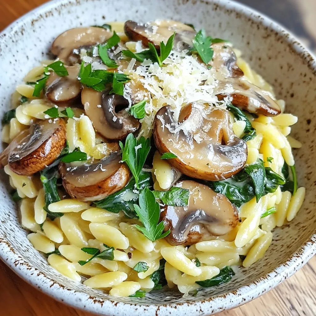 This creamy mushroom spinach orzo dish combines simple ingredients for a cozy meal. Here’s what you need: - 1 cup orzo pasta - 2 tablespoons olive oil - 1 medium onion, finely chopped - 2 cloves garlic, minced - 8 oz (225g) mushrooms, sliced - 4 cups fresh spinach - 1 cup vegetable broth - 1 cup heavy cream (or plant-based alternative) - 1/2 cup grated Parmesan cheese (or nutritional yeast) - Salt and pepper to taste - Fresh parsley, chopped (for garnish) Each ingredient plays a role. The orzo serves as a hearty base. Olive oil adds richness, while onion and garlic give depth. Mushrooms bring umami flavor, and spinach adds a fresh touch. The vegetable broth and cream create a rich sauce. Parmesan cheese enhances the creaminess and adds a savory kick. Finally, salt, pepper, and parsley brighten the dish. Using high-quality ingredients makes a big difference. Fresh spinach and good broth elevate the taste. Don’t forget about the mushrooms! They add a wonderful texture and flavor. You can choose any variety, like cremini or button. Enjoy the process of gathering your ingredients. This dish is not just a meal; it's a chance to create something special. {{ingredient_image_1}} 1. Start by boiling a pot of salted water. 2. Add 1 cup of orzo pasta to the boiling water. 3. Cook it until it is al dente, which takes about 8-10 minutes. 4. Once done, drain the orzo and set it aside. 1. In a large skillet, heat 2 tablespoons of olive oil over medium heat. 2. Add 1 medium onion, finely chopped. Sauté for about 3-4 minutes until it turns translucent. 3. Stir in 2 cloves of minced garlic. Cook it for 1 more minute until fragrant. 1. Now, add 8 oz of sliced mushrooms to the skillet. 2. Sauté them for 5-7 minutes until they turn golden brown and their moisture evaporates. 3. Next, add 4 cups of fresh spinach. Stir it until it wilts, which takes about 2-3 minutes. 1. Pour in 1 cup of vegetable broth and 1 cup of heavy cream into the skillet. 2. Bring the mixture to a gentle simmer. 3. Stir in 1/2 cup of grated Parmesan cheese until it melts and the sauce becomes creamy. 4. Season with salt and pepper to taste. 1. Add the cooked orzo to the skillet with the creamy sauce. 2. Mix well until the pasta is fully coated. 3. Heat everything together for an additional 2-3 minutes. 4. Remove from heat, garnish with fresh parsley, and serve immediately. - Use fresh herbs for added flavor. Fresh parsley or basil can brighten the dish. - Adjust the consistency of the sauce to your preference. Add more broth for a lighter sauce or more cream for richness. - Overcooking the orzo can make it mushy. Cook it until just al dente for the best texture. - Not sautéing mushrooms until moisture evaporates can lead to a watery dish. Make sure they are golden and dry to enhance their flavor. - A large skillet helps with even cooking and mixing. - A pot for boiling orzo is essential to prepare the pasta properly. - A stirring spoon ensures you can mix ingredients well and avoid sticking. Pro Tips Use Fresh Spinach: Fresh spinach gives the dish a vibrant color and flavor. Avoid using frozen spinach as it can make the sauce watery. Customize with Proteins: For added protein, consider adding cooked chicken, shrimp, or chickpeas to the dish for a heartier meal. Adjust Creaminess: You can substitute half of the heavy cream with Greek yogurt for a lighter version without sacrificing creaminess. Garnish with Herbs: Fresh herbs like basil or thyme can enhance the overall flavor profile. Add them just before serving for the best aroma. {{image_2}} You can easily make this dish vegan. Start by swapping the heavy cream for a plant-based cream. This gives you the same creamy texture without the dairy. Next, use nutritional yeast instead of Parmesan cheese. Nutritional yeast adds a cheesy flavor that many love. This way, you can enjoy creamy mushroom spinach orzo while keeping it plant-based. Consider adding protein to your dish. Chicken, shrimp, or tofu all work well. They add heartiness and help make this dish a full meal. You can also enhance the flavor with sun-dried tomatoes or artichokes. These ingredients add a nice twist and extra taste. If you want to change things up, swap the orzo for other small pasta shapes. Couscous or ditalini are great options. They cook quickly and absorb the sauce nicely. This keeps your dish fresh and exciting every time you make it. To keep your creamy mushroom spinach orzo fresh, refrigerate it in an airtight container. Make sure it’s cooled down first. This will help keep it tasty for up to 3 days. When you want to enjoy your leftovers, use the microwave or the stovetop. If using the microwave, heat in short bursts. Stir between each burst until it warms up nicely. On the stovetop, add a splash of water or broth. Heat on low, stirring often, until warm. For longer storage, you can freeze the orzo. Place it in a freezer-safe container or bag. Try to remove as much air as possible. It can last up to 2 months in the freezer. When ready to eat, thaw it overnight in the fridge before reheating. You can use various small pasta shapes if you don't have orzo. Some good options include: - Couscous - Ditalini - Arborio rice - Quinoa These choices keep a similar texture and cook well in this dish. To make this creamy mushroom spinach orzo gluten-free, choose gluten-free pasta. Here are some great options: - Gluten-free orzo - Brown rice pasta - Chickpea pasta These alternatives work well and taste great in the recipe. Yes, you can prepare this dish ahead. Make it up to the point before you mix in the orzo. Here are some tips: - Store the sauce in an airtight container. - Keep the cooked orzo separate. - When ready, mix and heat on the stove. This way, you enjoy a fresh and warm dinner. To enhance your sauce, consider adding these herbs and spices: - Fresh basil or thyme - A pinch of red pepper flakes - Lemon zest for brightness These additions bring depth and excitement to the dish. This creamy mushroom spinach orzo is easy and tasty. Remember the steps: cook orzo, sauté veggies, mix in the sauce, and enjoy. You can tweak it with herbs, proteins, or different pastas. Avoid common mistakes like overcooking the orzo. By storing leftovers correctly, you can savor this dish later. Cooking can be fun and rewarding with new flavors. Try this recipe today, and explore your kitchen skills!