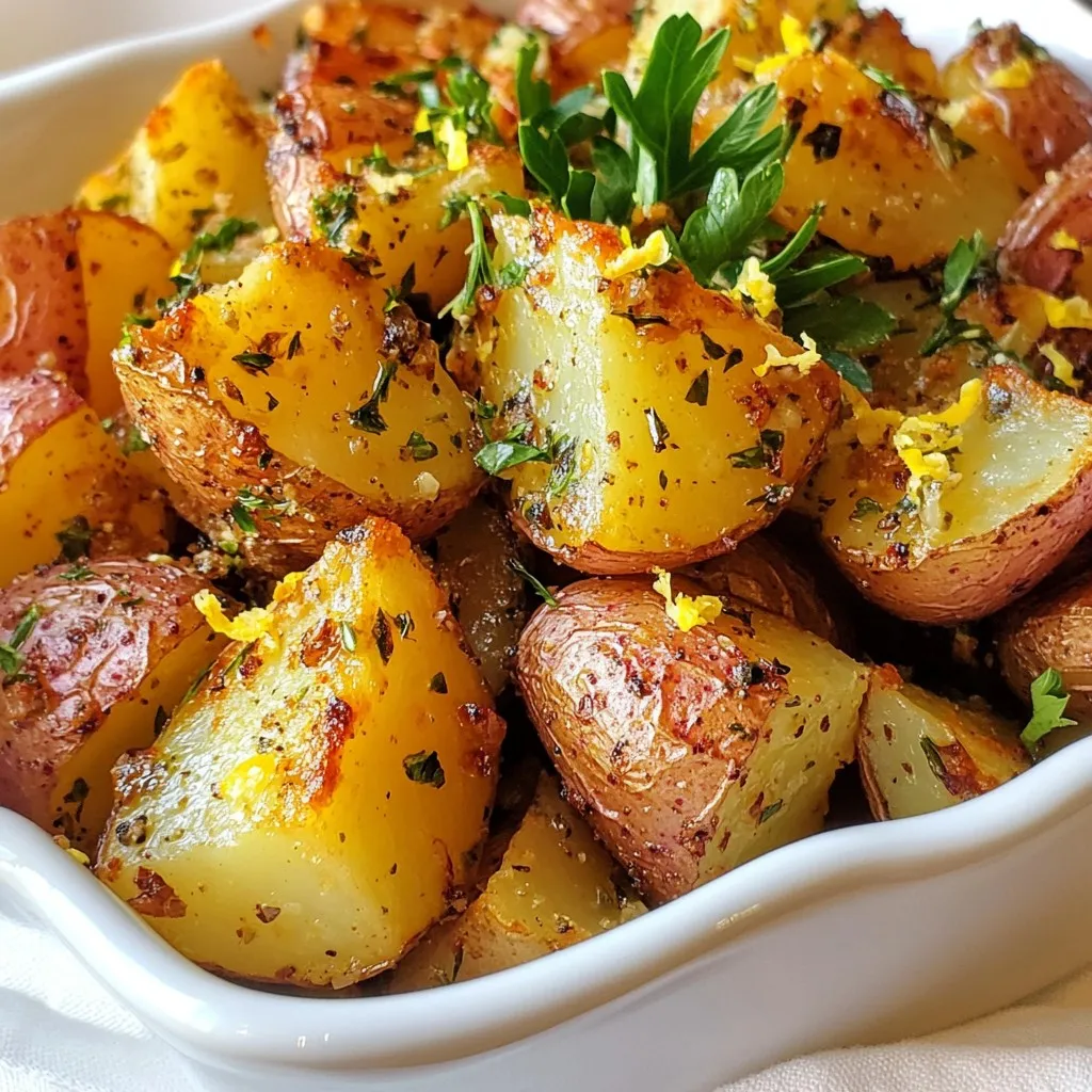 - 2 lbs red potatoes, quartered - 4 tablespoons olive oil - 6 cloves garlic, minced - 2 teaspoons dried rosemary - 2 teaspoons dried thyme - 1 teaspoon paprika - Salt and pepper to taste - Fresh parsley for garnish - Zest of 1 lemon To make garlic herb roasted red potatoes, you need simple ingredients. Start with red potatoes. They have a creamy texture and hold flavor well. You will use 2 pounds, quartered for even cooking. Next, gather your olive oil. You need 4 tablespoons. It helps the potatoes crisp up and adds rich flavor. Garlic is a key ingredient. Use 6 cloves, minced. Garlic pairs perfectly with herbs and gives a great aroma. For herbs, you will need dried rosemary and dried thyme. Each herb adds depth. Use 2 teaspoons of each. You can't forget about paprika! It gives a nice color and warmth. Just 1 teaspoon is all you need. Season with salt and pepper to taste. These basic seasonings are important for flavor balance. For garnish, have fresh parsley on hand. It adds color and a fresh taste. Lastly, zest 1 lemon over the potatoes. The lemon zest adds brightness and lifts the dish. These ingredients come together to create a tasty side dish. Prepare them before moving on to the cooking steps. {{ingredient_image_1}} First, preheat the oven to 400°F (200°C). This step is key for crispy potatoes. Next, grab your red potatoes and quarter them. Cutting them into quarters helps them cook evenly. In a large mixing bowl, combine the quartered potatoes with olive oil, minced garlic, dried rosemary, dried thyme, paprika, salt, and pepper. Toss the potatoes well. You want each piece coated with the tasty mix. This blend of garlic and herbs makes the potatoes flavorful. Now, spread the coated potatoes on a large baking sheet. Make sure to give them room. Space allows them to roast properly. Place the baking sheet in the oven and roast for about 30-35 minutes. Flip the potatoes halfway through for even browning. They should turn golden brown and crispy. When done, remove them from the oven. Zest a lemon over the potatoes. This adds a fresh pop of flavor. Finally, sprinkle fresh parsley on top for color and taste. Enjoy this simple yet delicious side dish! To get the best roasted red potatoes, space is key. When you spread the potatoes on the baking sheet, make sure they are not touching. This allows hot air to circulate around each piece. Good airflow helps them cook evenly and get crispy. Flipping the potatoes halfway through cooking is also important. This step helps all sides brown nicely. Use a spatula to turn them carefully. This ensures each potato gets a chance to be golden and delicious. To amp up the flavor, you can try different herbs and spices. You might add oregano or basil for a fresh twist. For a kick, consider a dash of cayenne pepper. These changes can bring new life to your roasted potatoes. Fresh parsley adds a bright taste at the end. It gives a nice color and freshness. Zesting a lemon over the finished dish also enhances the flavor. The lemon zest brings a burst of citrus that pairs well with the garlic and herbs. Together, these tips will make your garlic herb roasted red potatoes shine! Pro Tips Cut Evenly: Make sure all potato pieces are cut to a similar size to ensure even cooking and browning. High Heat for Crispiness: Roasting at a high temperature helps achieve a crispy exterior while keeping the inside fluffy. Use Fresh Herbs: If available, use fresh rosemary and thyme instead of dried for a more vibrant flavor. Let Them Rest: Allow the roasted potatoes to sit for a few minutes after removing from the oven to enhance their flavor and texture. {{image_2}} You can change the taste of your Garlic Herb Roasted Red Potatoes by using different herbs. Fresh herbs give a bright flavor. If you can’t find fresh herbs, dried herbs work well, too. Rosemary and thyme are great choices, but feel free to mix it up. Try oregano or basil for a different taste. You can also add alternative seasonings. For a kick, use cayenne pepper. If you want a smoky flavor, smoked paprika is perfect. You can even sprinkle some cheese for a rich twist. Just remember to adjust the salt, so your dish stays balanced. Roasting vegetables with your potatoes adds great flavor. Carrots, bell peppers, and onions all roast well. They add color and taste to your dish. Cut them into similar sizes as the potatoes for even cooking. Different vegetables have different cooking times. For instance, cut carrots into small pieces. They take about the same time as the potatoes. However, bell peppers may cook faster. You can add them halfway through roasting. This way, they stay tender and do not burn. Feel free to get creative with your veggie mix. Each time you roast, you can discover new flavors! To keep your Garlic Herb Roasted Red Potatoes fresh, follow these steps. First, let the potatoes cool down to room temperature. This helps prevent moisture buildup. Then, place them in an airtight container. You can also use a resealable plastic bag. Store the container in the refrigerator. Properly stored, they last up to three days. When you're ready to enjoy leftovers, reheating is key. For crispy potatoes, use the oven. Preheat your oven to 375°F (190°C). Spread the potatoes on a baking sheet. Bake for about 15-20 minutes. This method helps them regain their crunch. You can also use an air fryer. Set it to 350°F (175°C) and heat for 5-10 minutes. This keeps the potatoes crispy and tasty. Yes, you can use other potatoes! Yukon Gold or fingerling potatoes work well. They have great flavor and crispness when roasted. Both types will give a soft center and a crispy outside. You can also use sweet potatoes for a twist. Just remember to adjust cooking time as needed. To make this recipe vegan, swap olive oil with any plant-based oil. You can use avocado oil or canola oil. Both work great for roasting. This change keeps the dish vegan while still being tasty. Yes, you can prepare these potatoes ahead of time. Cut and season them a few hours before cooking. Keep them in the fridge in an airtight container. Just remember to toss them with some oil before roasting. You can also roast them in advance and reheat later. Just keep them crisp by using the oven. In this blog post, we explored how to make perfectly roasted red potatoes. We covered ingredients, from red potatoes to fresh parsley, and walked through each step clearly. You learned tips for flavor and ensuring even cooking. Variations like adding other vegetables or herbs can bring new tastes. Finally, storing and reheating leftovers helps you enjoy them longer. Embrace these easy methods to impress at your next meal. Simple ingredients create delicious dishes you can share with anyone!