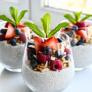 - 1 cup coconut milk - 1/4 cup chia seeds - 2 tablespoons honey or maple syrup - 1 teaspoon vanilla extract - 1 cup mixed berries (strawberries, blueberries, raspberries) - 1/4 cup granola - 2 tablespoons shredded coconut - Fresh mint leaves for garnish (optional) These main ingredients create a creamy and sweet parfait. Coconut milk gives a rich flavor. Chia seeds add a fun texture and nutrients. Honey or maple syrup sweetens the dish. Mixed berries bring color and freshness. Granola adds crunch, while shredded coconut gives a tropical touch. You can change the parfait based on your preference. Some good options include: - Other fruits like bananas or peaches - Yogurt for creaminess - Nuts for added protein - Different sweeteners like agave or stevia These choices allow you to make the parfait your own. Feel free to experiment! - Coconut milk: Offers healthy fats and keeps you full. - Chia seeds: Packed with fiber, protein, and Omega-3 fatty acids. - Honey or maple syrup: Natural sweeteners with antioxidants. - Mixed berries: Rich in vitamins, fiber, and antioxidants. - Granola: Provides energy and adds crunch. - Shredded coconut: Contains healthy fats and fiber. - Fresh mint: Adds flavor and can aid digestion. Each ingredient plays a role in making this parfait not only tasty but also good for you! {{ingredient_image_1}} To start, grab a medium bowl. Pour in 1 cup of coconut milk. Add 1/4 cup of chia seeds. Mix in 2 tablespoons of honey or maple syrup. Don't forget 1 teaspoon of vanilla extract for flavor! Stir everything well so the chia seeds spread out in the milk. Cover the bowl and place it in the fridge. Let it chill for at least 4 hours or overnight. This waiting time helps the chia seeds swell and turn into a creamy pudding. Now, it&rsquo;s time to build your parfait. Take your serving glasses or mason jars. Start with a layer of chia pudding at the bottom. Use a spoon to scoop an even layer. Next, add a layer of mixed berries. You can use strawberries, blueberries, and raspberries for color. Make sure to mix the sizes for a fun look. After that, sprinkle a layer of granola on top of the berries. This adds a nice crunch! Repeat these layers until the glasses are full. Finish with a layer of berries on top. For a beautiful presentation, serve your parfaits in clear glasses. This way, everyone can see the lovely layers. You can also sprinkle 2 tablespoons of shredded coconut on the top. If you want, add fresh mint leaves for a pop of color and freshness. Drizzling a bit more honey on top gives it extra sweetness, too! To make the best chia pudding, use the right ratio of chia seeds to liquid. I find that 1/4 cup of chia seeds mixed with 1 cup of coconut milk gives a perfect texture. Stir the mixture well to avoid clumps. Let it sit in the fridge for at least four hours. Overnight chilling is best for a thick, creamy pudding. When you layer your parfait, use clear glasses or jars. This way, you can show off the colorful layers. Start with chia pudding at the bottom, then add mixed berries. Use different colors for a fun look. Finish with granola on top for crunch. A sprinkle of shredded coconut adds a nice touch. Don't forget fresh mint leaves for a pop of green! If you're looking for sweeteners, maple syrup works well instead of honey. You can also try agave nectar for a vegan option. For granola, use nuts or seeds for crunch. You can even use crushed cookies for a different taste. This way, you can customize the parfait to your liking! Pro Tips Chia Seed Soaking Time: Ensure you let the chia seeds soak for at least 4 hours or overnight for the best texture. Berry Selection: Use a variety of berries to enhance flavor and visual appeal. Mix strawberries, blueberries, and raspberries for a vibrant parfait. Granola Crunch: Add granola just before serving to maintain its crunchiness and avoid sogginess in the parfait. Garnishing Tips: Fresh mint not only adds color but also a refreshing flavor; consider using edible flowers for an extra touch of elegance. {{image_2}} You can mix and match fruits in your parfait. Try using bananas, peaches, or kiwi. Each fruit brings a unique taste. For a tropical twist, add mango or pineapple. The colors and flavors will pop in your glass. Fresh or frozen berries both work well. If you like, you can even use citrus fruits for a zesty bite. Experiment with what you love most! This recipe is already dairy-free with coconut milk. For a vegan option, use maple syrup instead of honey. Both sweeteners blend well with the chia pudding. You can also swap granola for nut or seed clusters. Look for options without honey to keep it vegan. Enjoy this treat without any animal products! Seasons give you a chance to try new ingredients. In spring, add fresh strawberries or rhubarb. In summer, enjoy juicy cherries or raspberries. Autumn brings apples and pears, which can add nice crunch. In winter, use dried fruits like cranberries or figs. Each season offers fresh ideas to keep your parfait exciting! Store leftover parfaits in the fridge. Use an airtight container to keep them fresh. If you layer the parfaits, it's best to keep the granola separate. This helps maintain its crunch. Enjoy the parfait within two days for the best taste and texture. When prepping, make the chia pudding ahead. This lets the seeds soak and thicken. You can layer the parfait in jars for easy grab-and-go meals. Keep the berries and granola in separate containers until you're ready to eat. This keeps everything fresh and tasty. Chia seeds can last for two to three years if stored dry and cool. Coconut milk should be used within a week after opening. Fresh berries usually last about three to five days in the fridge. Granola can stay fresh for up to a month if sealed tightly. Chia seeds are tiny, black seeds from the Salvia hispanica plant. These seeds pack a big punch in terms of nutrition. They are full of fiber, protein, and healthy fats. When soaked, they absorb liquid and become gel-like. This texture makes them perfect for puddings and parfaits. Eating chia seeds may help with digestion and keep you full. They are also rich in omega-3 fatty acids. These fats support heart health and brain function. Plus, chia seeds are easy to add to meals. You can mix them into smoothies, yogurt, or oatmeal. Yes, you can make this recipe ahead of time. Chia pudding needs time to thicken in the fridge. You can prepare it the night before and let it chill overnight. This saves time in the morning. Once the chia pudding is ready, layer it with fruits and granola. You can store the parfaits in the fridge for up to two days. Just keep the granola separate until serving. This keeps it crunchy and tasty. You can easily adjust the sweetness in this parfait. Start with the honey or maple syrup in the recipe. Use more or less based on your taste. If you want less sugar, try using ripe bananas or applesauce. Another option is to use flavored yogurt instead of plain yogurt. This adds sweetness and flavor without extra sugar. Taste as you go to find your perfect balance. Each bite should feel just right for you! This blog post covered how to make a tasty Berry Coconut Chia Parfait. We looked at the main and optional ingredients, highlighting their health benefits. You learned step-by-step instructions for preparing the chia pudding and layering the parfait. I shared tips for the perfect texture and fun serving ideas. We explored variations, storage methods, and answered common questions. Embrace this recipe for a fun and healthy treat. Enjoy creating your own parfait!