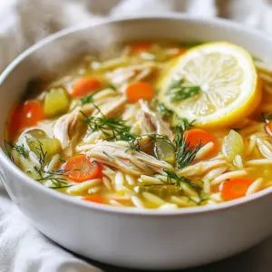 To make Greek Lemon Chicken Soup Avgolemono, you will need: - 1 whole chicken (about 3-4 lbs), cleaned - 8 cups chicken broth - 1 medium onion, chopped - 2 carrots, diced - 2 celery stalks, diced - 1 cup orzo pasta - 3 large eggs - 1/2 cup fresh lemon juice (about 3 large lemons) - Zest of 1 lemon - Salt and pepper to taste - Fresh dill or parsley, for garnish You can swap some ingredients based on what you have. - Use rotisserie chicken if you are short on time. - Swap orzo for rice or quinoa for a gluten-free option. - If you don&rsquo;t have fresh lemons, use bottled lemon juice, but the taste may vary. - For a vegetarian version, replace chicken with mushrooms and use vegetable broth. Using fresh ingredients is key for great taste. Fresh chicken adds rich flavor and texture. Fresh lemons give that bright zing. Fresh herbs like dill or parsley enhance aroma and color. When you choose fresh, you elevate your dish. This makes your Avgolemono not just a meal but an experience. {{ingredient_image_1}} Start by placing your whole chicken in a large pot. Pour in eight cups of chicken broth. Turn the heat to medium-high and bring it to a boil. Once it starts boiling, lower the heat to medium-low. Skim off any foam that appears on the surface. This helps keep the broth clear. Next, add a chopped onion, two diced carrots, and two diced celery stalks to the pot. Cover the pot and let it simmer for about one hour. The chicken should be cooked and tender at this point. After the chicken has cooked, take it out of the pot. Let it cool on a plate. Strain the broth to remove the vegetables. This gives you a clear and flavorful broth. Return the broth to the pot. Now, it's time to add one cup of orzo pasta. Bring the broth back to a gentle simmer. Cook the orzo according to the package instructions until it's al dente. This usually takes about eight to ten minutes. While the broth simmers, prepare the Avgolemono mixture. In a bowl, whisk together three large eggs, half a cup of fresh lemon juice, and the zest of one lemon. Mix until everything is well combined. Once the chicken is cool enough to handle, shred the meat into bite-sized pieces. Discard the bones and skin. Now it&rsquo;s time to combine everything. Slowly temper the egg mixture by adding a ladle of hot broth to it while whisking. This step is crucial to prevent curdling. Repeat this a few times. Once the egg mixture is tempered, stir it back into the pot of soup. Keep stirring constantly. Finally, add the shredded chicken back into the soup. Season with salt and pepper to taste. Serve the soup hot, garnished with fresh dill or parsley for a bright finish. Enjoy your delicious Greek Lemon Chicken Soup! To get the right thickness in your Avgolemono soup, follow these steps: - Use orzo pasta. It cooks well and adds body. - Slowly mix the egg and lemon blend into the hot broth. This keeps it smooth. - Stir constantly to avoid lumps. Slowly is key here. - If you want it thicker, add a bit less broth when cooking the orzo. For a richer flavor in your soup, try these tips: - Use fresh herbs like dill or parsley. They brighten the dish. - Saut&eacute; the onion, carrots, and celery before adding broth. This enhances the taste. - Add a pinch of salt early on, then adjust later. This builds layers of flavor. - Opt for homemade chicken broth if you can. It adds depth and richness. Avoid these common pitfalls for the best Avgolemono: - Don&rsquo;t rush the egg mixture. Temper it slowly to prevent curdling. - Avoid boiling after adding the egg mixture. This can cause lumps. - Don&rsquo;t skip straining the broth. It helps keep the soup clear and light. - Remember to taste as you cook. Adjust seasoning to suit your taste. Pro Tips Use Fresh Ingredients: For the best flavor, use fresh lemons and high-quality chicken broth. Fresh ingredients can significantly enhance the soup's taste. Egg Tempering Technique: When adding the egg mixture to the soup, ensure you temper the eggs properly to prevent curdling. Slowly adding hot broth while whisking continuously is key. Customize Your Veggies: Feel free to add or substitute vegetables like spinach or peas for added nutrition and color. This soup is versatile! Garnish for Flavor: Fresh herbs like dill or parsley not only add a pop of color but also bring a fresh flavor that complements the lemon in the soup. {{image_2}} To make a vegetarian version of Greek Lemon Chicken Soup, swap the chicken for hearty vegetables. Use mushrooms or chickpeas for protein. Replace the chicken broth with vegetable broth for a rich base. Add more veggies like zucchini, spinach, or bell peppers. This keeps the soup flavorful and satisfying without meat. Orzo adds a nice texture, but you can try different grains. Quinoa is a great choice; it cooks fast and is full of protein. Rice works well too; jasmine or basmati can add a unique taste. For gluten-free options, use gluten-free pasta or even cauliflower rice for a low-carb twist. Different regions in Greece use unique ingredients in Avgolemono. Some add wild greens like dandelion or sorrel for a fresh kick. Others may use different herbs, like mint or oregano, to change the flavor profile. Depending on local customs, the soup may even include different types of meat, like lamb or goat, adding to its rich heritage. To keep your Greek Lemon Chicken Soup fresh, let it cool first. Once cooled, pour the soup into airtight containers. This helps lock in flavor and moisture. Store it in the fridge for up to three days. If you want to keep it longer, freezing is a great option. When you're ready to enjoy your leftovers, reheat on the stove. Pour the soup into a pot and warm over low heat. Stir it often to prevent sticking. You can also use a microwave. Just place the soup in a microwave-safe bowl. Heat in short bursts, stirring in between. This keeps the soup creamy and smooth. To freeze your soup, use freezer-safe bags or containers. Leave some space at the top for expansion. The soup can stay in the freezer for up to three months. When it's time to eat, thaw it overnight in the fridge. Reheat gently on the stove after thawing. This way, you&rsquo;ll have a delicious meal ready in no time! Avgolemono is a Greek sauce and soup made with eggs and lemon. You mix the two to get a creamy texture. It gives the soup a bright, fresh taste. The dish usually features chicken, broth, and orzo pasta. This soup warms your soul, making it perfect for any season. Yes, you can make this soup ahead of time. Just keep the soup base and the egg mixture separate. If you mix them too early, the eggs can curdle. Store the soup in the fridge for up to three days. Reheat gently and then add the egg mixture before serving. To make the soup less tangy, reduce the lemon juice. Start with a smaller amount, about 1/4 cup. Taste it and add more if needed. You can also use less lemon zest. This way, you still keep some flavor without the strong tang. You can use many herbs for garnish. Fresh parsley adds a mild flavor. Chives or basil also work well. Mint gives a fresh twist. Dill is traditional, but feel free to explore your favorites. Adding herbs makes the soup look pretty and taste great! This blog post covered how to make a delicious Avgolemono soup. We discussed fresh ingredients, step-by-step cooking, and tips for the best taste. Remember to adapt the recipe with variations like a vegetarian version or alternative grains. Always store leftovers properly and know how to reheat them well. Cooking should be fun and flexible. Enjoy experimenting and making this soup your own. I hope you feel ready to create a tasty bowl of Avgolemono. Happy cooking!