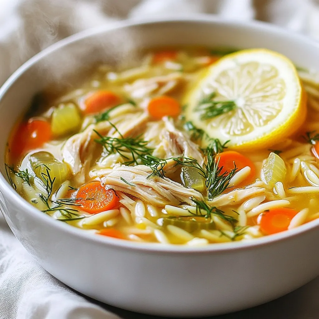 To make Greek Lemon Chicken Soup Avgolemono, you will need: - 1 whole chicken (about 3-4 lbs), cleaned - 8 cups chicken broth - 1 medium onion, chopped - 2 carrots, diced - 2 celery stalks, diced - 1 cup orzo pasta - 3 large eggs - 1/2 cup fresh lemon juice (about 3 large lemons) - Zest of 1 lemon - Salt and pepper to taste - Fresh dill or parsley, for garnish You can swap some ingredients based on what you have. - Use rotisserie chicken if you are short on time. - Swap orzo for rice or quinoa for a gluten-free option. - If you don’t have fresh lemons, use bottled lemon juice, but the taste may vary. - For a vegetarian version, replace chicken with mushrooms and use vegetable broth. Using fresh ingredients is key for great taste. Fresh chicken adds rich flavor and texture. Fresh lemons give that bright zing. Fresh herbs like dill or parsley enhance aroma and color. When you choose fresh, you elevate your dish. This makes your Avgolemono not just a meal but an experience. {{ingredient_image_1}} Start by placing your whole chicken in a large pot. Pour in eight cups of chicken broth. Turn the heat to medium-high and bring it to a boil. Once it starts boiling, lower the heat to medium-low. Skim off any foam that appears on the surface. This helps keep the broth clear. Next, add a chopped onion, two diced carrots, and two diced celery stalks to the pot. Cover the pot and let it simmer for about one hour. The chicken should be cooked and tender at this point. After the chicken has cooked, take it out of the pot. Let it cool on a plate. Strain the broth to remove the vegetables. This gives you a clear and flavorful broth. Return the broth to the pot. Now, it's time to add one cup of orzo pasta. Bring the broth back to a gentle simmer. Cook the orzo according to the package instructions until it's al dente. This usually takes about eight to ten minutes. While the broth simmers, prepare the Avgolemono mixture. In a bowl, whisk together three large eggs, half a cup of fresh lemon juice, and the zest of one lemon. Mix until everything is well combined. Once the chicken is cool enough to handle, shred the meat into bite-sized pieces. Discard the bones and skin. Now it’s time to combine everything. Slowly temper the egg mixture by adding a ladle of hot broth to it while whisking. This step is crucial to prevent curdling. Repeat this a few times. Once the egg mixture is tempered, stir it back into the pot of soup. Keep stirring constantly. Finally, add the shredded chicken back into the soup. Season with salt and pepper to taste. Serve the soup hot, garnished with fresh dill or parsley for a bright finish. Enjoy your delicious Greek Lemon Chicken Soup! To get the right thickness in your Avgolemono soup, follow these steps: - Use orzo pasta. It cooks well and adds body. - Slowly mix the egg and lemon blend into the hot broth. This keeps it smooth. - Stir constantly to avoid lumps. Slowly is key here. - If you want it thicker, add a bit less broth when cooking the orzo. For a richer flavor in your soup, try these tips: - Use fresh herbs like dill or parsley. They brighten the dish. - Sauté the onion, carrots, and celery before adding broth. This enhances the taste. - Add a pinch of salt early on, then adjust later. This builds layers of flavor. - Opt for homemade chicken broth if you can. It adds depth and richness. Avoid these common pitfalls for the best Avgolemono: - Don’t rush the egg mixture. Temper it slowly to prevent curdling. - Avoid boiling after adding the egg mixture. This can cause lumps. - Don’t skip straining the broth. It helps keep the soup clear and light. - Remember to taste as you cook. Adjust seasoning to suit your taste. Pro Tips Use Fresh Ingredients: For the best flavor, use fresh lemons and high-quality chicken broth. Fresh ingredients can significantly enhance the soup's taste. Egg Tempering Technique: When adding the egg mixture to the soup, ensure you temper the eggs properly to prevent curdling. Slowly adding hot broth while whisking continuously is key. Customize Your Veggies: Feel free to add or substitute vegetables like spinach or peas for added nutrition and color. This soup is versatile! Garnish for Flavor: Fresh herbs like dill or parsley not only add a pop of color but also bring a fresh flavor that complements the lemon in the soup. {{image_2}} To make a vegetarian version of Greek Lemon Chicken Soup, swap the chicken for hearty vegetables. Use mushrooms or chickpeas for protein. Replace the chicken broth with vegetable broth for a rich base. Add more veggies like zucchini, spinach, or bell peppers. This keeps the soup flavorful and satisfying without meat. Orzo adds a nice texture, but you can try different grains. Quinoa is a great choice; it cooks fast and is full of protein. Rice works well too; jasmine or basmati can add a unique taste. For gluten-free options, use gluten-free pasta or even cauliflower rice for a low-carb twist. Different regions in Greece use unique ingredients in Avgolemono. Some add wild greens like dandelion or sorrel for a fresh kick. Others may use different herbs, like mint or oregano, to change the flavor profile. Depending on local customs, the soup may even include different types of meat, like lamb or goat, adding to its rich heritage. To keep your Greek Lemon Chicken Soup fresh, let it cool first. Once cooled, pour the soup into airtight containers. This helps lock in flavor and moisture. Store it in the fridge for up to three days. If you want to keep it longer, freezing is a great option. When you're ready to enjoy your leftovers, reheat on the stove. Pour the soup into a pot and warm over low heat. Stir it often to prevent sticking. You can also use a microwave. Just place the soup in a microwave-safe bowl. Heat in short bursts, stirring in between. This keeps the soup creamy and smooth. To freeze your soup, use freezer-safe bags or containers. Leave some space at the top for expansion. The soup can stay in the freezer for up to three months. When it's time to eat, thaw it overnight in the fridge. Reheat gently on the stove after thawing. This way, you’ll have a delicious meal ready in no time! Avgolemono is a Greek sauce and soup made with eggs and lemon. You mix the two to get a creamy texture. It gives the soup a bright, fresh taste. The dish usually features chicken, broth, and orzo pasta. This soup warms your soul, making it perfect for any season. Yes, you can make this soup ahead of time. Just keep the soup base and the egg mixture separate. If you mix them too early, the eggs can curdle. Store the soup in the fridge for up to three days. Reheat gently and then add the egg mixture before serving. To make the soup less tangy, reduce the lemon juice. Start with a smaller amount, about 1/4 cup. Taste it and add more if needed. You can also use less lemon zest. This way, you still keep some flavor without the strong tang. You can use many herbs for garnish. Fresh parsley adds a mild flavor. Chives or basil also work well. Mint gives a fresh twist. Dill is traditional, but feel free to explore your favorites. Adding herbs makes the soup look pretty and taste great! This blog post covered how to make a delicious Avgolemono soup. We discussed fresh ingredients, step-by-step cooking, and tips for the best taste. Remember to adapt the recipe with variations like a vegetarian version or alternative grains. Always store leftovers properly and know how to reheat them well. Cooking should be fun and flexible. Enjoy experimenting and making this soup your own. I hope you feel ready to create a tasty bowl of Avgolemono. Happy cooking!