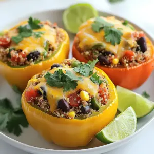 - 4 large bell peppers (any color) - 1 cup quinoa, rinsed - 2 cups vegetable broth - 1 cup black beans, drained and rinsed - 1 cup corn (fresh or frozen) - 1 cup diced tomatoes (canned or fresh) - 1 teaspoon cumin - 1 teaspoon smoked paprika - 1 teaspoon garlic powder - 1 teaspoon onion powder - Salt and pepper to taste - 1 cup shredded cheese (cheddar or mozzarella) - Fresh cilantro for garnish - Lime wedges for serving These ingredients create a balanced dish. The bell peppers bring color and crunch. Quinoa offers protein and texture. Black beans add fiber, while corn gives a sweet pop. Diced tomatoes bring moisture and flavor. Spices like cumin and smoked paprika pack a punch. They enhance the taste without overwhelming it. Garlic powder and onion powder round out the flavor. Salt and pepper allow you to adjust to your taste. Finally, cheese gives a melty finish. Fresh cilantro adds brightness. Lime wedges provide a zesty touch when served. This mix makes for a tasty meal that is good for you. {{ingredient_image_1}} - Preheat the oven to 375&deg;F (190&deg;C). - Slice the tops off the bell peppers. Remove the seeds and membranes. Set these aside. - In a medium saucepan, bring the vegetable broth to a boil. Add the rinsed quinoa. Reduce heat to low. Cover and cook until the liquid is gone, about 15 minutes. The quinoa will be fluffy. - In a large bowl, mix the cooked quinoa with black beans, corn, diced tomatoes, cumin, smoked paprika, garlic powder, onion powder, salt, and pepper. Stir well. - Stuff each bell pepper with the quinoa mix. Press down gently to pack it in. Place the stuffed peppers upright in a baking dish. - Cover the dish with foil. Bake for 25 minutes. - Remove the foil. Sprinkle cheese on top of each pepper. Return to the oven. Bake for another 10 minutes, or until the cheese is melted and bubbly. - When finished, take the peppers out of the oven. Let them cool for about 5 minutes before serving. - Serve with fresh cilantro and lime wedges for a zesty touch. - Ensuring quinoa is properly rinsed Always rinse quinoa before cooking. This step removes the bitter coating called saponin. Rinse it under cold water for about 30 seconds. You will notice a difference in flavor. - How to choose the best bell peppers Pick firm peppers with bright colors. Green, red, yellow, or orange all work well. Look for peppers without blemishes. They should feel heavy for their size. This means they are fresh and juicy. - Adjusting spice levels If you like heat, add some diced jalape&ntilde;os. You can also use chili powder or cayenne pepper. Start small and taste as you mix. Adjust until it reaches your desired level of spice. - Best sides to accompany quinoa stuffed peppers Serve these peppers with a fresh salad. A simple green salad pairs well. You can also try a side of rice or crusty bread for a hearty meal. - Creative plating ideas Place the stuffed peppers upright on a colorful plate. You can drizzle a bit of sauce around them. This adds color and makes the dish pop. Use fresh herbs for a touch of green. - Suggestions for garnishing Top with fresh cilantro for brightness. A squeeze of lime adds a nice zing. You can also sprinkle some extra cheese on top for a cheesy finish. Pro Tips Choose Colorful Peppers: Using a mix of bell pepper colors not only makes the dish visually appealing but also adds a slight variation in flavor. Rinse Quinoa Thoroughly: Rinsing quinoa before cooking helps remove its natural coating, called saponin, which can make it taste bitter. Customize Your Filling: Feel free to add other ingredients like diced onions, zucchini, or spices to the quinoa mixture for a personal touch. Serve with Avocado: Adding sliced avocado on top or on the side enhances creaminess and complements the flavors of the stuffed peppers. {{image_2}} You can easily change the protein in quinoa stuffed peppers. If you like meat, try adding ground turkey or beef. These options add a rich flavor and protein boost. Simply brown the meat before mixing it with the quinoa and veggies. If you want a plant-based meal, use vegan protein sources. You can add lentils or tofu for a hearty texture. Both options complement the flavors in the peppers well. Just make sure to season them properly for the best taste. Quinoa stuffed peppers are naturally gluten-free. The quinoa and veggies make a great base. If you are gluten-sensitive, this dish is safe for you. Always check labels on any packaged ingredients to ensure they are gluten-free. For those looking to cut carbs, you can use cauliflower rice instead of quinoa. This swap keeps the dish light but still full of flavor. You can also skip the corn for a lower carb count. Spice up your quinoa stuffed peppers with different seasoning blends. You can try Italian herbs like oregano and basil for a different twist. Cajun seasoning offers a spicy kick that many enjoy. Adding fresh herbs or spices can also elevate the flavors. Chopped cilantro or parsley adds freshness. You can also add a squeeze of lime juice to brighten the dish. Mixing in some jalape&ntilde;os can give it an extra heat. To store leftovers, let the stuffed peppers cool completely. Then, place them in an airtight container. You can keep them in the fridge for up to four days. This helps maintain their flavor and texture. I recommend using glass or plastic containers with tight lids. They keep the peppers fresh and prevent spills. Make sure to label your containers with the date. This way, you won&rsquo;t forget when you made them. To freeze stuffed peppers, first, let them cool down. Wrap each pepper in plastic wrap or aluminum foil. Then, place them in a freezer-safe bag or container. This keeps them safe from freezer burn. They can last up to three months in the freezer. When you want to eat them, take the peppers out of the freezer. Thaw them overnight in the fridge. For reheating, preheat your oven to 350&deg;F (175&deg;C). Place the peppers in a baking dish and cover with foil. Bake for about 20-25 minutes. If you like, you can add cheese on top and bake until melted. Enjoy your meal! How long to cook quinoa? You cook quinoa for about 15 minutes. Start by boiling vegetable broth, then add rinsed quinoa. Cover it and let it simmer until all the liquid is gone. The quinoa should be fluffy when done. Can I use other grains instead of quinoa? Yes, you can use other grains. Brown rice or farro works well. Make sure to adjust the cooking time based on the grain you choose. Each grain has its own cooking needs. How can I make this dish ahead of time? You can prepare the quinoa and mix it with the veggies a day before. Just store it in the fridge. When ready to serve, stuff the peppers and bake them. This makes it easy for meal prep! What to serve with quinoa stuffed peppers? Quinoa stuffed peppers go well with a fresh salad. You can also serve them with avocado slices or a side of roasted veggies. This adds extra color and flavor to your meal. Can I make stuffed peppers without cheese? Absolutely, you can skip the cheese. For a dairy-free option, try adding avocado or a sprinkle of nutritional yeast. This gives a nice flavor without using cheese. You now have a complete guide to making quinoa stuffed peppers. We covered the ingredients, preparation steps, and tips for success. You can explore variations to fit your taste and dietary needs. Proper storage tips help keep leftovers fresh. Try this recipe to enjoy a healthy, tasty meal. With simple steps and plenty of options, you'll impress friends and family alike. Now, roll up your sleeves and start cooking!