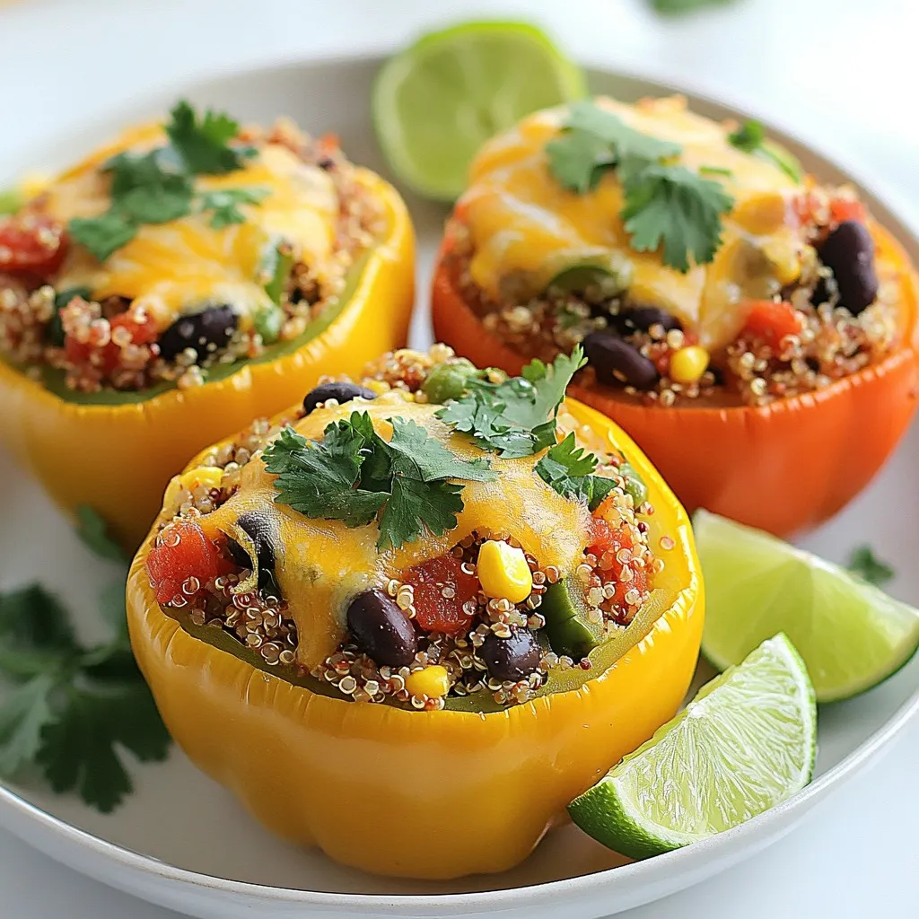 - 4 large bell peppers (any color) - 1 cup quinoa, rinsed - 2 cups vegetable broth - 1 cup black beans, drained and rinsed - 1 cup corn (fresh or frozen) - 1 cup diced tomatoes (canned or fresh) - 1 teaspoon cumin - 1 teaspoon smoked paprika - 1 teaspoon garlic powder - 1 teaspoon onion powder - Salt and pepper to taste - 1 cup shredded cheese (cheddar or mozzarella) - Fresh cilantro for garnish - Lime wedges for serving These ingredients create a balanced dish. The bell peppers bring color and crunch. Quinoa offers protein and texture. Black beans add fiber, while corn gives a sweet pop. Diced tomatoes bring moisture and flavor. Spices like cumin and smoked paprika pack a punch. They enhance the taste without overwhelming it. Garlic powder and onion powder round out the flavor. Salt and pepper allow you to adjust to your taste. Finally, cheese gives a melty finish. Fresh cilantro adds brightness. Lime wedges provide a zesty touch when served. This mix makes for a tasty meal that is good for you. {{ingredient_image_1}} - Preheat the oven to 375°F (190°C). - Slice the tops off the bell peppers. Remove the seeds and membranes. Set these aside. - In a medium saucepan, bring the vegetable broth to a boil. Add the rinsed quinoa. Reduce heat to low. Cover and cook until the liquid is gone, about 15 minutes. The quinoa will be fluffy. - In a large bowl, mix the cooked quinoa with black beans, corn, diced tomatoes, cumin, smoked paprika, garlic powder, onion powder, salt, and pepper. Stir well. - Stuff each bell pepper with the quinoa mix. Press down gently to pack it in. Place the stuffed peppers upright in a baking dish. - Cover the dish with foil. Bake for 25 minutes. - Remove the foil. Sprinkle cheese on top of each pepper. Return to the oven. Bake for another 10 minutes, or until the cheese is melted and bubbly. - When finished, take the peppers out of the oven. Let them cool for about 5 minutes before serving. - Serve with fresh cilantro and lime wedges for a zesty touch. - Ensuring quinoa is properly rinsed Always rinse quinoa before cooking. This step removes the bitter coating called saponin. Rinse it under cold water for about 30 seconds. You will notice a difference in flavor. - How to choose the best bell peppers Pick firm peppers with bright colors. Green, red, yellow, or orange all work well. Look for peppers without blemishes. They should feel heavy for their size. This means they are fresh and juicy. - Adjusting spice levels If you like heat, add some diced jalapeños. You can also use chili powder or cayenne pepper. Start small and taste as you mix. Adjust until it reaches your desired level of spice. - Best sides to accompany quinoa stuffed peppers Serve these peppers with a fresh salad. A simple green salad pairs well. You can also try a side of rice or crusty bread for a hearty meal. - Creative plating ideas Place the stuffed peppers upright on a colorful plate. You can drizzle a bit of sauce around them. This adds color and makes the dish pop. Use fresh herbs for a touch of green. - Suggestions for garnishing Top with fresh cilantro for brightness. A squeeze of lime adds a nice zing. You can also sprinkle some extra cheese on top for a cheesy finish. Pro Tips Choose Colorful Peppers: Using a mix of bell pepper colors not only makes the dish visually appealing but also adds a slight variation in flavor. Rinse Quinoa Thoroughly: Rinsing quinoa before cooking helps remove its natural coating, called saponin, which can make it taste bitter. Customize Your Filling: Feel free to add other ingredients like diced onions, zucchini, or spices to the quinoa mixture for a personal touch. Serve with Avocado: Adding sliced avocado on top or on the side enhances creaminess and complements the flavors of the stuffed peppers. {{image_2}} You can easily change the protein in quinoa stuffed peppers. If you like meat, try adding ground turkey or beef. These options add a rich flavor and protein boost. Simply brown the meat before mixing it with the quinoa and veggies. If you want a plant-based meal, use vegan protein sources. You can add lentils or tofu for a hearty texture. Both options complement the flavors in the peppers well. Just make sure to season them properly for the best taste. Quinoa stuffed peppers are naturally gluten-free. The quinoa and veggies make a great base. If you are gluten-sensitive, this dish is safe for you. Always check labels on any packaged ingredients to ensure they are gluten-free. For those looking to cut carbs, you can use cauliflower rice instead of quinoa. This swap keeps the dish light but still full of flavor. You can also skip the corn for a lower carb count. Spice up your quinoa stuffed peppers with different seasoning blends. You can try Italian herbs like oregano and basil for a different twist. Cajun seasoning offers a spicy kick that many enjoy. Adding fresh herbs or spices can also elevate the flavors. Chopped cilantro or parsley adds freshness. You can also add a squeeze of lime juice to brighten the dish. Mixing in some jalapeños can give it an extra heat. To store leftovers, let the stuffed peppers cool completely. Then, place them in an airtight container. You can keep them in the fridge for up to four days. This helps maintain their flavor and texture. I recommend using glass or plastic containers with tight lids. They keep the peppers fresh and prevent spills. Make sure to label your containers with the date. This way, you won’t forget when you made them. To freeze stuffed peppers, first, let them cool down. Wrap each pepper in plastic wrap or aluminum foil. Then, place them in a freezer-safe bag or container. This keeps them safe from freezer burn. They can last up to three months in the freezer. When you want to eat them, take the peppers out of the freezer. Thaw them overnight in the fridge. For reheating, preheat your oven to 350°F (175°C). Place the peppers in a baking dish and cover with foil. Bake for about 20-25 minutes. If you like, you can add cheese on top and bake until melted. Enjoy your meal! How long to cook quinoa? You cook quinoa for about 15 minutes. Start by boiling vegetable broth, then add rinsed quinoa. Cover it and let it simmer until all the liquid is gone. The quinoa should be fluffy when done. Can I use other grains instead of quinoa? Yes, you can use other grains. Brown rice or farro works well. Make sure to adjust the cooking time based on the grain you choose. Each grain has its own cooking needs. How can I make this dish ahead of time? You can prepare the quinoa and mix it with the veggies a day before. Just store it in the fridge. When ready to serve, stuff the peppers and bake them. This makes it easy for meal prep! What to serve with quinoa stuffed peppers? Quinoa stuffed peppers go well with a fresh salad. You can also serve them with avocado slices or a side of roasted veggies. This adds extra color and flavor to your meal. Can I make stuffed peppers without cheese? Absolutely, you can skip the cheese. For a dairy-free option, try adding avocado or a sprinkle of nutritional yeast. This gives a nice flavor without using cheese. You now have a complete guide to making quinoa stuffed peppers. We covered the ingredients, preparation steps, and tips for success. You can explore variations to fit your taste and dietary needs. Proper storage tips help keep leftovers fresh. Try this recipe to enjoy a healthy, tasty meal. With simple steps and plenty of options, you'll impress friends and family alike. Now, roll up your sleeves and start cooking!