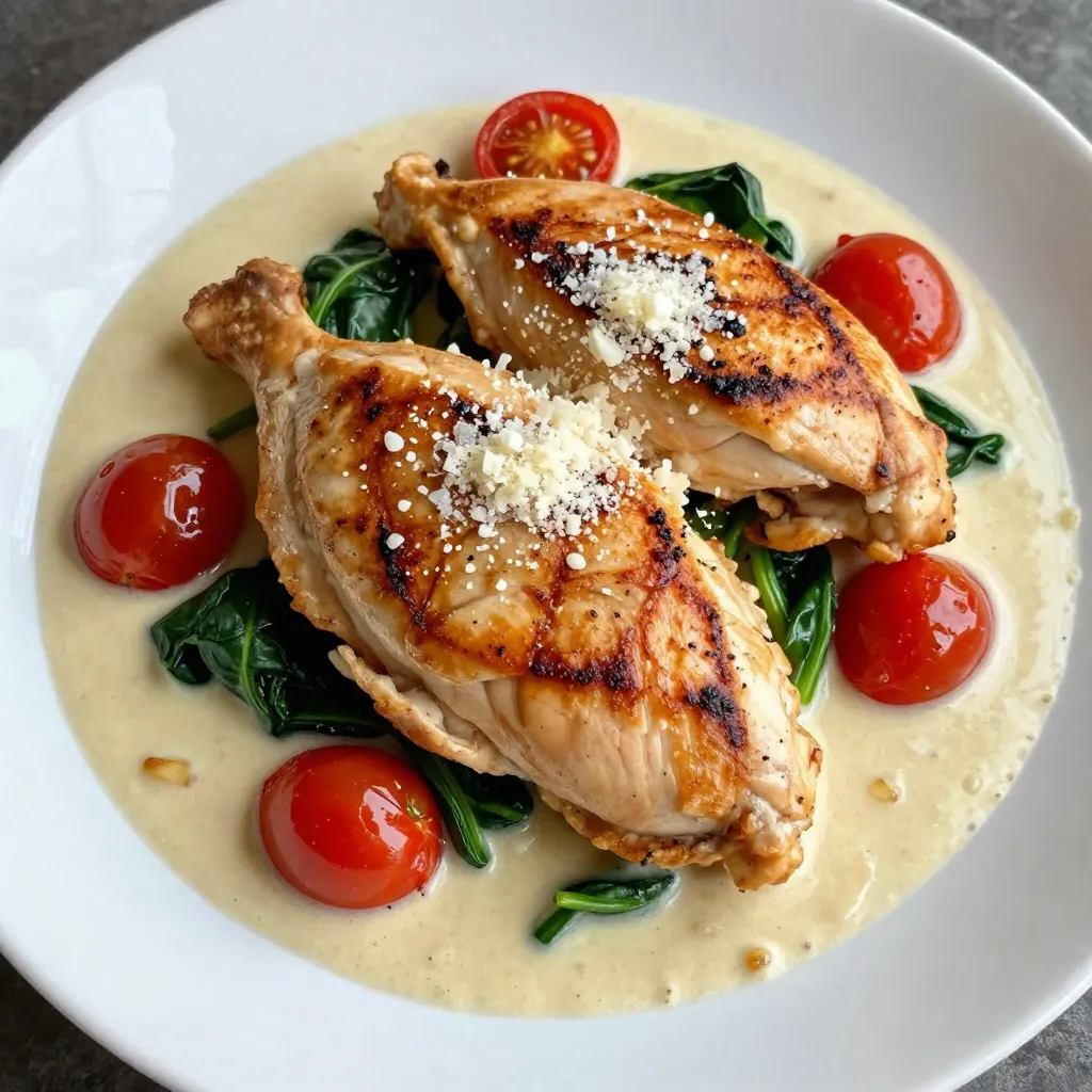 - 4 boneless, skinless chicken breasts - 2 tablespoons olive oil - 1 tablespoon butter - 4 cloves garlic, minced - 1 cup cherry tomatoes, halved - 1 cup fresh spinach leaves - 1 cup heavy cream - 1/2 cup grated Parmesan cheese - 1 teaspoon dried Italian herbs (oregano, basil, thyme) - Salt and pepper to taste - Fresh basil for garnish (optional) You can use chicken thighs if you prefer dark meat. They stay juicy. If you want a lighter dish, try using half-and-half instead of heavy cream. For a dairy-free version, coconut milk works well, but it changes the flavor. If you cannot find cherry tomatoes, use diced regular tomatoes instead. Fresh spinach can be swapped with kale or Swiss chard. You need a large skillet for cooking. A good knife helps you chop the garlic and tomatoes. A cutting board is essential for prep work. Use a mixing spoon to stir the sauce. Measuring cups and spoons ensure you get the right amounts. If you have a meat thermometer, it helps check chicken doneness. {{ingredient_image_1}} Start by seasoning the chicken breasts with salt and pepper. Make sure to cover both sides well. This step is key for flavor. Next, gather your ingredients and chop the garlic and cherry tomatoes. You want everything ready before cooking. Heat a large skillet over medium-high heat. Add the olive oil and butter. Once hot, lay the chicken breasts in the skillet. Cook for about 5-7 minutes on each side until they turn golden brown. Make sure they are cooked through. Remove the chicken from the skillet and set it aside on a plate. In the same skillet, add the minced garlic. Sauté it for about 30 seconds until it smells great. Then, toss in the halved cherry tomatoes. Cook them for 2-3 minutes until they start to soften. Next, add the fresh spinach leaves. Stir them until they wilt, which takes about 1-2 minutes. Now, lower the heat. Pour in the heavy cream and stir until mixed well. Add the grated Parmesan cheese and dried Italian herbs. Keep stirring until the sauce is smooth and creamy. Return the chicken to the skillet. Coat it well in the sauce. Let it simmer for another 2-3 minutes. This helps to reheat the chicken and blend the flavors. Taste the sauce. Adjust with more salt, pepper, or herbs if you think it needs it. Once it tastes just right, remove the skillet from heat. If you like, garnish with fresh basil leaves for a pop of color and flavor. Serve this delicious meal right away. Enjoy every creamy bite! To cook chicken well, start with good seasoning. Salt and pepper are key. I always season both sides of the chicken. This helps bring out the flavor. Use medium-high heat when you add the chicken to the skillet. Cook it for 5-7 minutes on each side. Look for a golden brown color. This means it’s cooked right. You want the inside to reach 165°F. Use a meat thermometer for best results. Garlic is the star in this dish. It adds a rich taste. Sauté it for just 30 seconds. This keeps it fragrant without burning. Cherry tomatoes bring sweetness and color. They add a nice pop when cooked. Fresh spinach adds a bit of earthiness. For a creamy touch, heavy cream is a must. Stir in Parmesan cheese for extra flavor. Dried Italian herbs tie all the tastes together. They add a nice blend of oregano, basil, and thyme. One common mistake is overcooking the chicken. This can make it dry. Keep an eye on the time and use a thermometer. Another mistake is not seasoning enough. Don’t skip the salt and pepper. Taste your sauce before serving. Adjust with more salt, pepper, or herbs if needed. Lastly, let the chicken sit in the sauce for a few minutes. This helps it soak up all the flavors. Pro Tips Perfectly Cooked Chicken: Use a meat thermometer to check the internal temperature of the chicken. It should reach 165°F (75°C) to ensure it's fully cooked and safe to eat. Enhance the Flavor: Marinate the chicken breasts in olive oil, lemon juice, and herbs for at least 30 minutes before cooking. This will add extra flavor and tenderness to the meat. Thicken the Sauce: If you prefer a thicker sauce, let it simmer for a few more minutes after adding the cream and cheese. This will allow it to reduce and intensify the flavors. Fresh Ingredients Matter: Use fresh spinach and ripe cherry tomatoes for the best taste and texture. They will add vibrant color and enhance the overall dish. {{image_2}} You can easily swap chicken for other proteins. Pork tenderloin works well here. Just cook it until it reaches 145°F. Turkey cutlets are another great choice. They cook fast and stay juicy in the sauce. The creamy sauce can change with different cheeses. Try using mozzarella for a mild taste. Gouda adds a nice smoky flavor. If you want a sharper bite, use aged cheddar. Each cheese brings its own twist to the dish. You can boost the dish with extra veggies. Mushrooms add umami and depth. Sauté them with the garlic for the best flavor. Zucchini also works well; it cooks quickly and adds color. Bell peppers are another option, giving sweetness and crunch. Feel free to mix and match your favorites! To keep your Creamy Garlic Tuscan Chicken fresh, store leftovers in an airtight container. Let the dish cool down first. Once cool, place it in the fridge. It will stay good for up to three days. Make sure to label the container with the date. When you are ready to enjoy your leftovers, gently reheat them. You can use a skillet over low heat. Add a splash of cream or broth to keep the sauce creamy. Stir often to heat evenly. You can also use the microwave. Heat in short bursts, stirring in between. This helps avoid hot spots. If you want to save some for later, freezing is a great option. First, let the chicken cool completely. Place it in a freezer-safe container. Make sure to remove as much air as possible. It can last in the freezer for up to three months. When you are ready to eat, thaw it overnight in the fridge. Then, reheat as described earlier. You can pair this dish with many sides. Here are my favorites: - Rice: A fluffy rice soaks up the sauce well. - Pasta: Serve it over fettuccine or spaghetti for a hearty meal. - Salad: A fresh green salad adds a nice crunch. - Bread: Crusty bread is perfect for dipping into the creamy sauce. Yes, you can make it dairy-free! Here are some swaps: - Use coconut cream instead of heavy cream. - Swap out Parmesan for a dairy-free cheese or nutritional yeast. - Use olive oil instead of butter for cooking. To check if your chicken is cooked, follow these steps: - Cook until the chicken is golden brown on both sides. - Use a meat thermometer; it should read 165°F (75°C). - Cut into the thickest part; it should be white, not pink. This blog post covered the key ingredients and steps to create a tasty Creamy Garlic Tuscan Chicken. We explored ingredient options, kitchen tools, and went through the cooking process. Tips helped avoid mistakes and perfect the dish. Variations opened up more meal ideas, from different proteins to add-ins. Finally, I shared storage tips for leftovers and answered common questions. Use this guide to cook confidently and enjoy your meals. You can now impress anyone with this delicious dish!