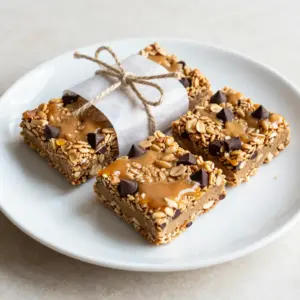 - 2 cups rolled oats - 1 cup creamy peanut butter - 1/3 cup honey or maple syrup - 1/2 cup brown sugar, packed - 1 teaspoon vanilla extract - 1/2 teaspoon salt - 1/2 cup mini chocolate chips - 1/4 cup chopped nuts (e.g., almonds or walnuts) - 1/4 cup dried fruit (e.g., cranberries or raisins) To make these granola bars, you need simple and tasty ingredients. First, rolled oats form the base. They give the bars a chewy texture. Next, creamy peanut butter adds richness and flavor. Honey or maple syrup acts as a sweetener and helps bind everything together. Brown sugar brings extra sweetness and depth. Vanilla extract adds a warm note, while salt balances the sweetness. Mini chocolate chips give a delightful burst of chocolate. Finally, chopped nuts and dried fruit add crunch and chewiness. Feel free to get creative with your choices! - Other nuts or seeds: Try walnuts, pecans, or sunflower seeds for added crunch. - Dried fruit alternatives: Use raisins, apricots, or figs to change the flavor. - Healthier sweetener options: Swap honey for agave syrup or use stevia for less sugar. Adding these options can make your granola bars even more fun and nutritious! {{ingredient_image_1}} 1. Preheat your oven to 350&deg;F (175&deg;C). 2. Line an 8x8 inch baking dish with parchment paper. Make sure to leave some overhang. This makes it easy to lift the bars out later. 3. In a large bowl, mix the rolled oats, chopped nuts, and dried fruit. Stir well to combine. 1. In a medium saucepan, combine the peanut butter, honey or maple syrup, brown sugar, vanilla extract, and salt. 2. Heat this mixture over low heat. Stir it for about 2-3 minutes until it is smooth and the sugar dissolves. 3. Pour this smooth peanut butter mixture over the dry ingredients. 4. Use a spatula to mix everything together. Make sure all the dry parts get coated well. 5. Wait a moment for the mixture to cool slightly. Then, stir in the mini chocolate chips. This keeps the chips from melting. 6. Transfer the mixture into the prepared baking dish. Press it down firmly. Make sure it spreads evenly into the corners. 1. Bake in the preheated oven for about 15-20 minutes. Look for golden brown edges. 2. When done, take it out and let it cool in the pan for at least 20 minutes. 3. Use the parchment paper to lift the bars out and place them on a cutting board. 1. Allow the bars to cool completely at room temperature. 2. Once cool, cut them into bars or squares as you like. 3. Store the bars in an airtight container to keep them fresh. - For a fun presentation, wrap each bar in parchment paper. Tie them with string for a cute snack. - Pair these bars with yogurt for breakfast or enjoy them with a smoothie for a quick lunch. - Watch the baking time. If you overbake, the bars may become hard. If you underbake, they can crumble. - Mix the dry ingredients well before adding the wet ones. This helps every bite have the same flavor. - If you need nut-free options, use sun butter or soy nut butter instead of peanut butter. - For a vegan twist, swap honey for agave syrup or maple syrup. Pro Tips Use Natural Sweeteners: For a healthier option, consider using pure maple syrup or agave nectar instead of brown sugar. This will give your bars a delightful flavor while reducing refined sugar content. Customize Your Add-Ins: Feel free to mix and match the nuts and dried fruits according to your taste preferences. Chopped dates, pumpkin seeds, or even shredded coconut can add unique flavors and textures. Don&rsquo;t Skip the Cooling Time: Allowing the bars to cool completely before cutting is crucial. This helps them firm up and maintain their shape, making them easier to handle. Storage Tips: To keep your granola bars fresh, store them in an airtight container at room temperature for up to a week, or refrigerate for longer shelf life. You can also freeze them for up to three months! {{image_2}} You can switch up the flavor of your granola bars easily. Adding spices like cinnamon or nutmeg can give them a warm and inviting taste. Just a pinch can make a big difference! You can also try using other nut butters like almond or cashew. Each nut butter has its own flavor, so it changes the whole bar. Do you prefer crunchy or chewy granola bars? You can adjust the texture by how long you bake them. For a crunchy bar, bake a bit longer. For a chewier bar, take them out when they are just golden. You can also mix in crispy rice or puffed quinoa. These add a fun crunch and keep the bars light. Seasonal ingredients can keep your bars fresh and exciting. In the fall, try adding pumpkin seeds or dried apples. In the summer, use dried mango or fresh berries if you can. Each season brings new flavors to explore! Mixing in seasonal nuts or fruits can make your granola bars unique and delicious. To keep your peanut butter chocolate chip granola bars fresh, store them in an airtight container. This helps to keep moisture out. For short-term storage, you can leave them at room temperature for up to a week. If you want them to last longer, place them in the fridge. They can stay fresh for about two weeks in the fridge. For long-term storage, you can freeze the bars. Wrap them well in plastic wrap or foil before placing them in a freezer-safe container. This will help prevent freezer burn. These granola bars will stay fresh for about one week at room temperature. In the fridge, they can last up to two weeks. Look for signs that the granola bars have gone bad. If you see mold, an off smell, or a change in texture, it&rsquo;s best to throw them away. To freeze granola bars properly, wrap each bar tightly in plastic wrap or foil. Place the wrapped bars in a freezer-safe bag or container. This keeps them fresh and prevents freezer burn. When you're ready to eat them, take the bars out of the freezer. Let them thaw in the fridge for a few hours or at room temperature for about 30 minutes. Enjoy them as a quick snack or breakfast! You can replace peanut butter with other nut butters or seed butters. Almond butter or sunflower seed butter work well. Use the same amount for best results. Mix it with honey or maple syrup for sweetness. Yes, you can! Just choose gluten-free oats. Make sure any other ingredients, like nuts and dried fruit, are certified gluten-free. This way, you keep it safe for those with gluten issues. To cut granola bars, use a sharp knife. Let the bars cool fully first. This helps them hold together better. For clean cuts, you can warm the knife slightly. This makes cutting easier. I recommend using rolled oats for texture. Quick oats can make the bars too soft. If you only have quick oats, reduce the baking time. Check for doneness sooner to avoid overbaking. To keep your bars together, press the mixture firmly into the pan. Let them cool completely before cutting. If they still fall apart, try adding more peanut butter or a bit of water to help bind them. In this post, we covered how to make easy and tasty granola bars. We went through the key ingredients, preparation steps, and tips for the best results. Remember, you can customize these bars to fit your tastes with different nuts and fruits. Making granola bars is fun and simple. With a few changes, you can make them just how you like. Enjoy your homemade snacks for lunch or as a quick breakfast! They are a great way to feel good and stay full.