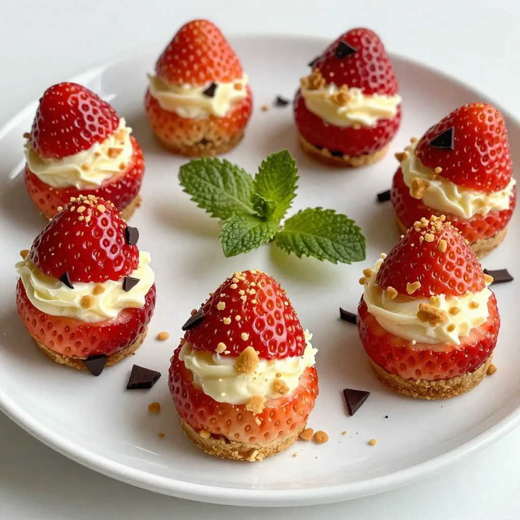 - 1 pound fresh strawberries, hulled - 8 ounces cream cheese, softened - 1/4 cup powdered sugar - 1/2 teaspoon vanilla extract - 1/2 cup whipped cream (store-bought or homemade) - 1/4 cup graham cracker crumbs - Optional: chocolate shavings or fresh mint leaves for garnish To create these delightful cheesecake stuffed strawberries, gather all your ingredients first. Start with one pound of fresh strawberries. Make sure they are ripe and firm. You need eight ounces of cream cheese. It should be softened for easy mixing. Grab a quarter cup of powdered sugar to sweeten the cheesecake filling. You will also need half a teaspoon of vanilla extract for flavor. For a light and fluffy texture, use half a cup of whipped cream. You can choose to buy it or make it at home. Lastly, you will need a quarter cup of graham cracker crumbs to top the filling. If you want to impress, add some chocolate shavings or fresh mint leaves for garnish. These simple ingredients come together to create a fun and tasty treat that everyone will love! {{ingredient_image_1}} First, you'll want to hull the strawberries. You can use a knife or a strawberry huller for this. Make sure to remove the green top and create space in the center. This space holds the cheesecake filling. Aim for a nice, deep cavity to pack in that creamy goodness. Next, move on to the cheesecake filling. In a medium bowl, blend the softened cream cheese, powdered sugar, and vanilla extract. You can use a hand mixer or a whisk. Whisk until the mixture is smooth and creamy. This step is key for a great texture. Now it's time to fill those strawberries. Use a piping bag or a small spoon to fill each hulled strawberry. Pack the filling in well for a generous serving. You want each bite to burst with flavor and creaminess. Once your strawberries are filled, sprinkle graham cracker crumbs on top of the filling. This gives a nice crunch and mimics a classic cheesecake crust. Don't be shy; a little extra crumb on top adds great texture. After filling and topping, place the strawberries on a platter. Refrigerate them for at least 30 minutes. Chilling helps the filling set and allows the flavors to meld together. Before serving, add some chocolate shavings or fresh mint leaves on top. This adds a lovely touch and makes your treat even more appealing. Enjoy these fun, delicious bites at any gathering! - Use a strawberry huller for precision. This tool makes it easy to remove the stem and core. You can also use a small knife if you don't have one. - Ensure strawberries are firm for best results. Firm strawberries hold the filling well. Soft berries may break apart. - Homemade whipped cream tastes fresh and light. To make it, whip heavy cream with a mixer until soft peaks form. - Store-bought whipped cream is quick and easy. Just be sure to choose a brand that tastes good to you. - To achieve perfect whipped cream texture, chill your bowl and beaters. Cold equipment helps the cream whip up better. - Arranging strawberries on a platter is key. Place them closely but not touching. This makes a pretty display. - Using garnishes effectively adds visual appeal. Chocolate shavings or fresh mint leaves make your strawberries look fancy and inviting. A small touch can make a big difference! Pro Tips Choose the Right Strawberries: Select ripe, firm strawberries that are bright red for the best flavor and presentation. Soften the Cream Cheese: Make sure your cream cheese is at room temperature before mixing to achieve a smoother filling. Use a Piping Bag: For a neater filling, use a piping bag with a wide tip to fill the strawberries quickly and evenly. Chill Before Serving: Allowing the filled strawberries to chill for at least 30 minutes enhances the flavors and texture. {{image_2}} You can play with the filling of your cheesecake stuffed strawberries. A great idea is to add lemon zest. This gives a bright and fresh taste. It makes each bite feel like spring. You can also mix in chocolate chips. The chocolate adds a rich flavor that pairs well with the creaminess of the cheesecake. While strawberries are the star, don’t stop there! You can use blueberries or raspberries. Both fruits add a nice pop of color and flavor. Other fruits that work well include peaches or even bananas. Each fruit brings its own unique taste and makes for a fun twist on the original recipe. If you want a non-dairy option, try vegan cream cheese. This can replace regular cream cheese with ease. Another fun idea is to use coconut cream. It adds a rich and tropical flavor. These swaps allow everyone to enjoy this treat, no matter their dietary needs. To keep your cheesecake stuffed strawberries fresh, store them in the refrigerator. Place them in a single layer on a plate or in an airtight container. If you use a container, make sure it is not too tight. This helps avoid squishing the strawberries. You should not freeze these strawberries. Freezing changes their texture. The cream cheese filling may also become watery when thawed. Enjoy them fresh for the best taste! In the fridge, cheesecake stuffed strawberries will last about two days. After that, the strawberries may start to get mushy. Watch for signs of spoilage. If the strawberries look dull or feel soft, it’s time to toss them. If you notice any off smells, do not eat them. Fresh is best! Yes, you can make these strawberries ahead of time. I like to prep them a few hours before serving. Just fill the strawberries and chill them in the fridge. This gives the flavors time to mix. However, I suggest you fill them no more than a day in advance. This keeps the strawberries fresh and firm. If you don’t have graham crackers, try these options: - Crushed cookies like Oreos or vanilla wafers - Crushed nuts for a gluten-free option - Panko breadcrumbs for a unique crunch These choices will give your stuffed strawberries a fun twist. To keep strawberries fresh, choose firm ones. Look for bright red berries with green tops. Store them in the fridge in a dry container. Don’t wash them until you are ready to use them. This helps keep them from getting soggy. You can play with the filling to match your taste. Here are some ideas: - Add lemon zest for a bright flavor - Mix in chocolate chips for a sweet touch - Use flavored cream cheese like strawberry or vanilla These fun twists will keep your cheesecake stuffed strawberries exciting and new! Cheesecake stuffed strawberries are a tasty treat that you can easily make at home. We discussed selecting fresh strawberries and creating a smooth filling with cream cheese. You learned how to fill the berries, add the graham cracker crust, and chill them for a perfect dessert. Don't forget the fun variations and storage tips! These simple steps will impress your friends and family. Enjoy making this sweet snack or dessert for any occasion!