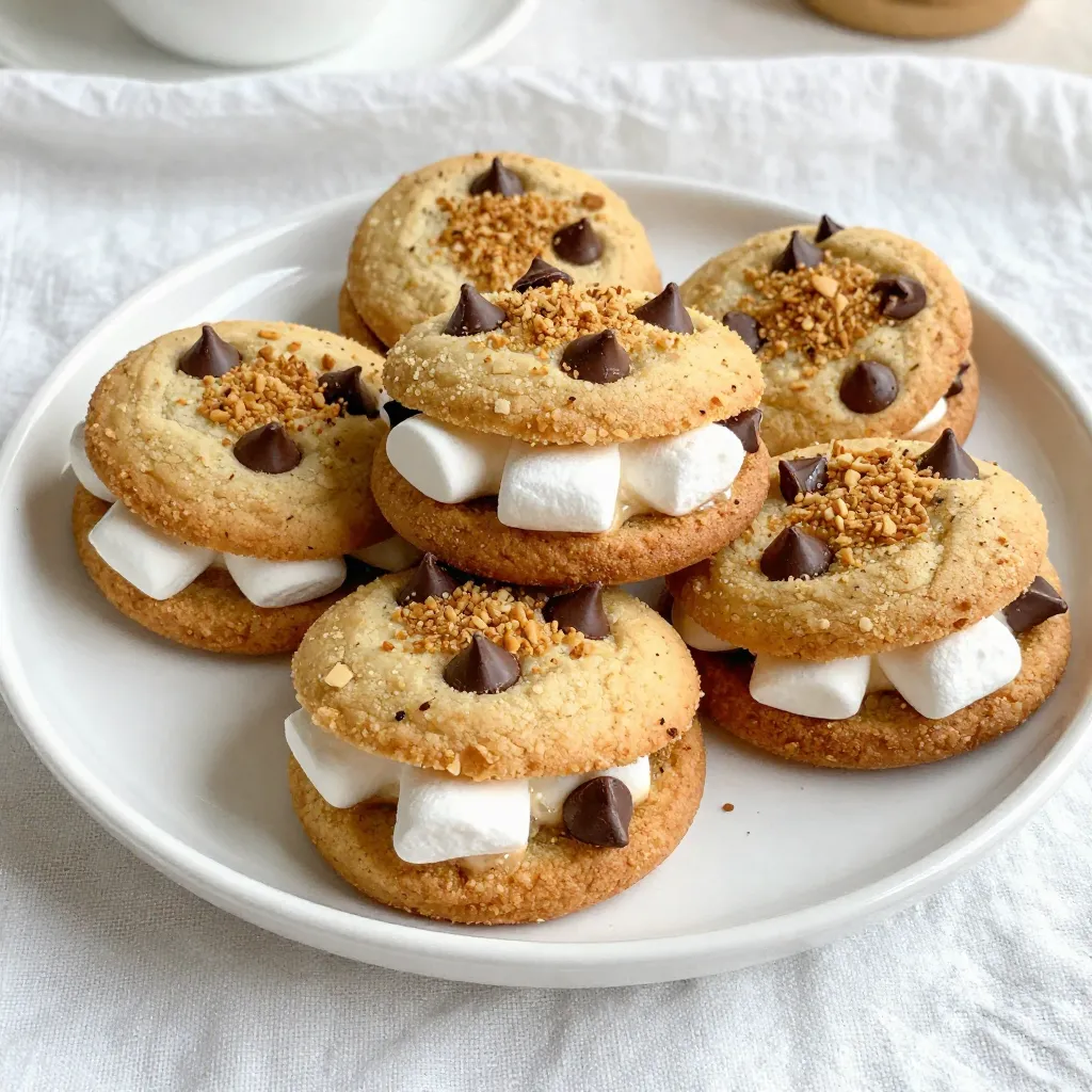 - 1 cup unsalted butter, softened - 3/4 cup granulated sugar - 3/4 cup packed brown sugar - 1 large egg - 2 teaspoons vanilla extract - 2 1/4 cups all-purpose flour - 1 teaspoon baking soda - 1/2 teaspoon salt - 1 cup semi-sweet chocolate chips - 1 cup mini marshmallows - 1 cup graham cracker crumbs For S'mores stuffed cookies, the right ingredients make all the difference. I always start with unsalted butter. It gives me control over the saltiness. I use a mix of granulated and brown sugar. This mix adds sweetness and a nice chewiness. Next, I add one large egg. It helps bind the dough. Don't forget the vanilla extract; it adds a warm flavor. Then, I measure out the flour, baking soda, and salt. The flour gives structure, while baking soda makes the cookies rise. Now for the fun part: the mix-ins! I love semi-sweet chocolate chips for a rich taste. Mini marshmallows bring that gooey texture. Lastly, graham cracker crumbs give a crunchy, sweet touch. These ingredients come together to create a delicious cookie that tastes just like a campfire treat. Make sure to have everything ready before you start baking! {{ingredient_image_1}} 1. Preheat your oven to 350°F (175°C). Line a baking sheet with parchment paper. 2. In a large bowl, cream together the softened butter, granulated sugar, and brown sugar. Mix until fluffy. 3. Beat in the egg and vanilla extract until it is well combined. 1. In another bowl, combine the flour, baking soda, and salt. 2. Gradually mix the dry ingredients into the wet mixture. Stir until you have a soft dough. 1. Use a cookie scoop or a tablespoon to portion half of the cookie dough onto the baking sheet. Leave space between each cookie. 2. Press a few mini marshmallows into the center of each dough portion. 3. Top with another scoop of dough, sealing the marshmallows inside. 1. Bake the cookies in the preheated oven for 10-12 minutes. The edges should be golden brown. 2. The centers may seem soft; they will firm up as they cool. 3. Remove the cookies from the oven. Let them cool on the baking sheet for 5 minutes. Then, transfer to a wire rack to cool completely. To make the best S'mores stuffed cookies, focus on the dough. Start with softened butter. This helps it mix well with sugars. Cream the butter and sugars until light and fluffy. This step is key for a nice texture. For soft and chewy cookies, do not overmix the dough. Mix just until combined. Overmixing makes cookies tough. Also, add a little extra brown sugar. This adds moisture and gives a nice chew. Using parchment paper is a must. It keeps cookies from sticking to the tray. It also helps cookies bake evenly. Place all cookie portions on the paper with space. This allows them to spread. Set your oven to 350°F (175°C). Watch for golden edges. The centers should look soft but not raw. If the edges are brown, your cookies are ready. Serve S'mores stuffed cookies warm. Stack them high on a platter. Drizzle melted chocolate over the top for a sweet touch. You can add graham crackers beside them. This makes a fun display for parties. For special occasions, use colorful plates. A sprinkle of mini marshmallows on top adds flair. This makes your cookies look even more tempting! Pro Tips Chill the Dough: For thicker cookies, refrigerate the dough for at least 30 minutes before baking. This helps prevent spreading and keeps the marshmallows intact. Use Fresh Ingredients: Ensure your baking soda is fresh for the best rise. Old baking soda can result in flat cookies. Experiment with Flavors: Add a touch of cinnamon or a pinch of sea salt to enhance the flavors of the chocolate and marshmallows. Store Properly: Keep cookies in an airtight container to maintain their softness. For longer storage, freeze them and reheat in the oven. {{image_2}} You can change the flavors of your S'mores Stuffed Cookies. Try using dark or white chocolate instead of semi-sweet. Each type gives a unique taste. You can also use flavored marshmallows, like strawberry or caramel. These swaps add fun twists to your cookies. If you need gluten-free cookies, use almond or coconut flour. These flours work well and keep the cookie tasty. For vegan options, swap the butter with coconut oil and use a flax egg instead of a regular egg. This way, everyone can enjoy these treats. Mix in nuts or dried fruits for a new texture. Walnuts or pecans add a nice crunch. Dried cherries or cranberries give a sweet surprise. You can also try different cookie dough flavors. Chocolate chip dough or peanut butter dough can change the whole vibe of your cookies. To keep your S'mores Stuffed Cookies fresh, follow these simple tips: - Cool completely: Let the cookies cool on a wire rack before storing. - Use an airtight container: This helps keep them soft and chewy. - Layer with parchment paper: If stacking, place parchment paper between layers to avoid sticking. I recommend using a plastic or glass container. Both types work well for storage. Freezing S'mores Stuffed Cookies is easy and great for later enjoyment. Here’s how: - Flash freeze first: Place the cookies on a baking sheet in a single layer. Freeze until solid, about 2 hours. - Transfer to a freezer bag: Place the frozen cookies in a zip-top bag. Remove as much air as possible. - Label with date: Write the date on the bag to keep track of freshness. When you’re ready to enjoy, thaw them at room temperature. This keeps their taste and texture just right. Enjoy your warm, gooey cookies! Can I make the dough ahead of time? Yes, you can make the dough ahead of time. Just wrap it in plastic wrap and chill it in the fridge. It can last up to three days. This way, you save time when you want to bake. How long do S'mores Stuffed Cookies last? S'mores Stuffed Cookies can last up to a week when stored properly. Keep them in an airtight container at room temperature. If you want them to last longer, you can freeze them. Why did my cookies spread too much? Cookies may spread too much if the butter is too warm. Make sure it’s softened but not melted. Also, check your flour measurement. Too little flour can cause spreading. How do I know when the cookies are done? You know the cookies are done when the edges look golden brown. The centers may seem soft but will firm up as they cool. Trust your instincts and don’t overbake. What can I use instead of graham cracker crumbs? You can use crushed cookies like vanilla wafers or digestive biscuits. They will give a similar flavor and texture. Just crush them finely for the best results. Can I omit the chocolate chips or marshmallows? Yes, you can omit them if you prefer. The cookies will still taste great without them, though they lose that classic S’mores charm. You can substitute with other mix-ins like nuts or dried fruit. You’ve learned how to make delicious S’mores Stuffed Cookies with simple steps. From the key ingredients to the baking process, each step adds to the fun. Use tips for texture and serving to impress your family. Remember, you can customize the flavors or adjust for diets. Store cookies properly to keep them fresh longer. This sweet treat is easy and tasty, perfect for any occasion. Enjoy baking these cookies and sharing them with friends!