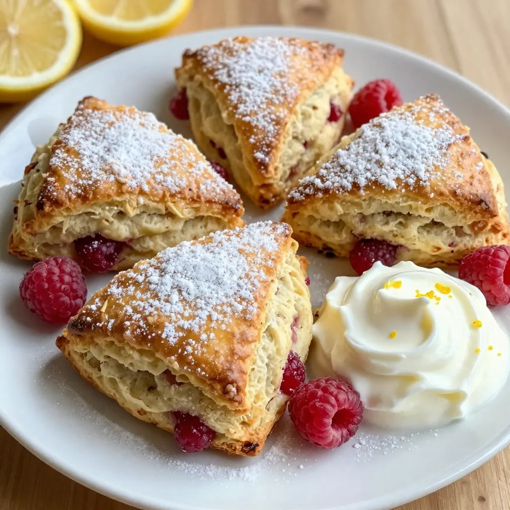 - 2 cups all-purpose flour - 1/3 cup granulated sugar - 1 tablespoon baking powder - 1/2 teaspoon salt - 1/2 cup unsalted butter, cold and cubed - 1/2 cup fresh raspberries - Zest of 1 lemon - 1/2 cup heavy cream - 1 large egg - 1 teaspoon vanilla extract - 1 tablespoon fresh lemon juice Gather these ingredients before you start. Fresh raspberries add a burst of flavor. The lemon zest brightens the scones and lifts the taste. Cold butter makes your scones flaky. Use a good quality heavy cream for the best texture. Make sure your butter is very cold. You can cut it into cubes ahead of time. This ensures that your scones stay light and airy. The egg and cream help bind everything together. Vanilla adds a subtle sweetness. Let’s not forget about the salt. It enhances all the other flavors. Each ingredient plays a role in making these scones delightful. If you follow this list closely, you’ll create a tasty treat. Enjoy the process, and your scones will shine! {{ingredient_image_1}} - Preheat oven to 400°F (200°C) and line a baking sheet. - Gather all ingredients. This makes cooking smoother. - In a large bowl, whisk together flour, sugar, baking powder, and salt. - Make sure they blend well. This is key for even baking. - Cut in the cold butter until coarse crumbs form. - You can use a pastry cutter or your fingers. The mix should look like sand. - Gently fold in raspberries and lemon zest. - Be careful not to crush the berries. They add a burst of flavor. - In a separate bowl, whisk heavy cream, egg, vanilla extract, and lemon juice. - Mix until it's smooth. This gives moisture to the scones. - Pour wet ingredients into dry and combine, then knead and shape. - The dough will be slightly sticky. Knead it a few times on a floured surface. - Cut with wedges or a round cutter and bake. - Place on the prepared baking sheet and brush with cream. - Bake for 15-20 minutes until golden brown. Enjoy the aroma! To make flaky scones, start with cold butter. Cold butter creates layers and keeps the scones light. Cut the butter into the flour until it looks like crumbs. Do not overmix the dough; mix just enough until it holds together. This helps keep the texture airy. I love serving these scones warm. A sprinkle of powdered sugar adds sweetness. Pair them with whipped cream for a treat. Lemon curd also makes a great side. You can even serve them with fresh fruit on the side. If your scones turn out dry, add a little more cream. This will help them stay moist. If the dough feels too wet, add a bit more flour. Remember to knead gently to avoid tough scones. Lastly, always watch the baking time closely for perfect results. Pro Tips Use Cold Ingredients: Ensure your butter and cream are cold to create flaky layers in your scones. Don't Overmix: Mix the dough just until combined to keep the scones tender and light. Chill Before Baking: If time allows, chill the cut scones for 15 minutes before baking for extra fluffiness. Experiment with Flavors: Try adding different fruits or herbs to customize your scones to your taste. {{image_2}} You can mix up the flavors of these scones by using different fruits or extracts. Try blueberries instead of raspberries for a sweet twist. Blackberries can add a bold flavor, while strawberries give a classic taste. You can also add a splash of almond extract for a nutty note. If you want a tropical flair, consider mixing in diced pineapple or mango. Each fruit brings its own charm to the scones. If you need gluten-free scones, swap all-purpose flour for a gluten-free blend. Be sure to check the blend for a good rise. For a dairy-free option, replace the butter with coconut oil or a dairy-free stick. Use almond milk or coconut milk instead of heavy cream. These swaps let everyone enjoy the scones without missing out. Making mini scones is easy and fun! Simply follow the same recipe, but shape the dough into a smaller circle, about ½ inch thick. Use a small round cutter for neat shapes. Bake them for about 10 to 12 minutes, checking for a golden color. These little bites are perfect for brunch or tea time. They are also great for kids’ snacks! You can store raspberry lemon scones at room temperature. Place them in an airtight container. This keeps them fresh for about 2 days. Avoid exposing them to moisture. For best results, place a paper towel inside the container to absorb extra moisture. For long-term storage, freeze the scones. First, let them cool completely. Wrap each scone tightly in plastic wrap. Then, place them in a freezer bag or container. They can stay fresh in the freezer for up to 3 months. To reheat, simply bake them at 350°F (175°C) for about 10 minutes. This brings back their flaky texture. When stored properly, raspberry lemon scones have a shelf life of about 2 days at room temperature. If frozen, they last for about 3 months. Remember, always check for any signs of spoilage before enjoying! You can make scones ahead in a few ways. First, prepare the dough and shape it into wedges. Wrap them in plastic wrap and place them in the fridge. They can stay fresh for up to 24 hours. You can also freeze them. Just freeze the shaped scones on a baking sheet. Once frozen, transfer them to a bag. When ready to bake, add a few extra minutes to the baking time. Yes, you can use frozen raspberries! They work well in scones. Just be careful when mixing them into the dough. Frozen berries can break apart easily. You may want to add them straight from the freezer to avoid excess juice. This will keep your scones from getting too wet. If you need a substitute for heavy cream, you have options. You can use whole milk mixed with melted butter. Use 1/4 cup of butter with 3/4 cup of milk to create a creamy texture. Another option is to use half-and-half. It will still give a rich flavor without being too heavy. To check if your scones are done, look for a golden color on top. They should also feel firm to the touch. If you insert a toothpick into the center, it should come out clean or with a few crumbs. This means they are ready to take out of the oven. Absolutely! You can add other citrus fruits like orange or lime. Just use their zest in place of lemon zest. This will add a different flavor profile to your scones. For a tasty twist, try mixing flavors. A hint of lime with raspberry makes for a refreshing treat! This blog post covered how to make delightful raspberry scones. We explored ingredients, step-by-step instructions, tips for success, and variations to try. You now have a clear path to bake these tasty treats. Remember, practice makes perfect. Adjust recipes as needed. Enjoy your baking adventure and share it with others! Scones can brighten any day with their flavor and warmth. Happy baking!