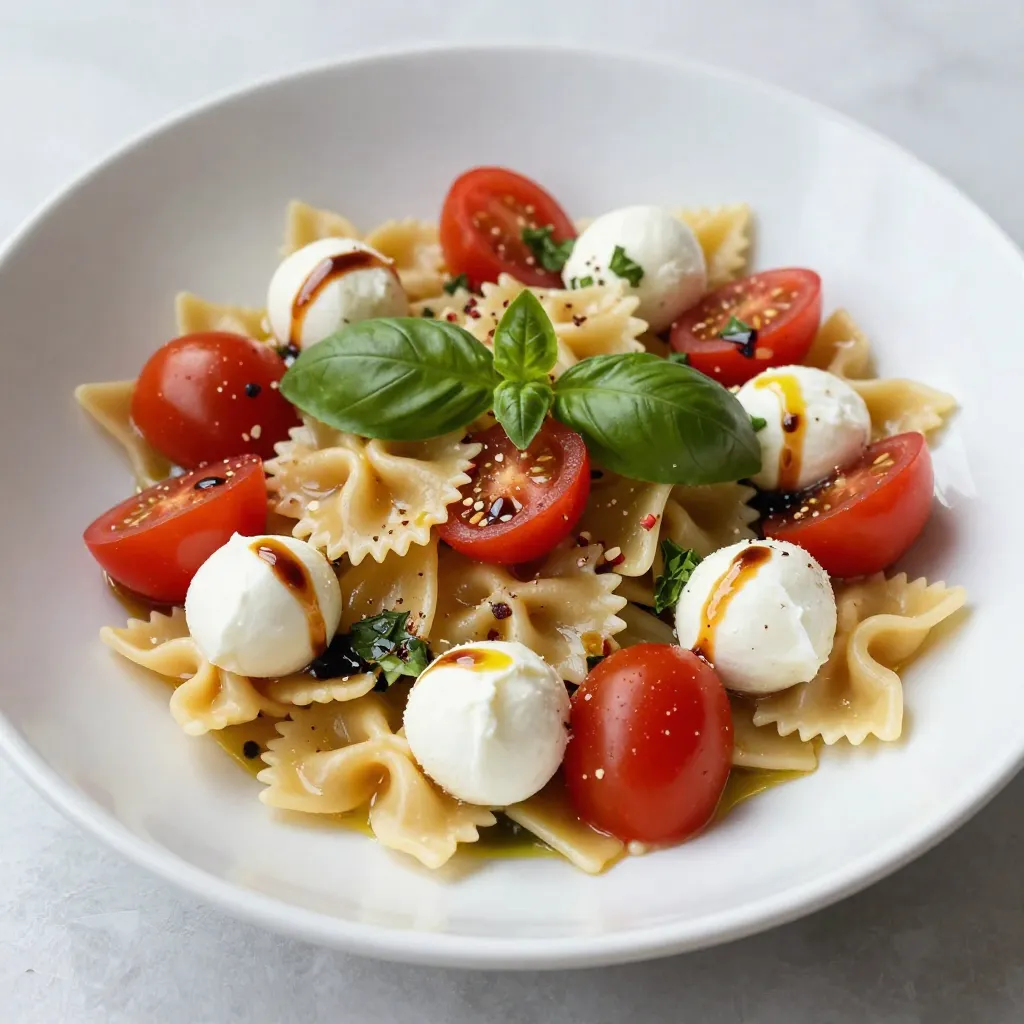 - 2 cups pasta (farfalle or fusilli works great) - 1 cup cherry tomatoes, halved - 1 cup fresh mozzarella balls, halved - 1/2 cup fresh basil leaves, torn The heart of this salad lies in its fresh ingredients. I love using farfalle or fusilli pasta. They hold dressing well and add a playful texture. Cherry tomatoes bring a burst of sweetness. Halving them helps release their juices. Fresh mozzarella balls introduce a creamy mouthfeel. They pair perfectly with the bright basil leaves. I always tear the basil to release its aroma and flavor. - 3 tablespoons olive oil - 2 tablespoons balsamic vinegar - 1 teaspoon garlic powder - Salt and pepper to taste - Optional: 1/4 teaspoon red pepper flakes for some heat The dressing is simple yet flavorful. Olive oil provides a rich base, while balsamic vinegar adds a tangy kick. I mix in garlic powder for depth. Adjust salt and pepper to your liking. If you enjoy heat, red pepper flakes give it an exciting edge. This blend ties the salad together beautifully. {{ingredient_image_1}} To start, fill a large pot with water. Add a generous pinch of salt. Bring the water to a boil. Once boiling, add 2 cups of pasta. I like using farfalle or fusilli for this salad. Cook the pasta according to the package instructions. Aim for al dente, which means it should be firm to the bite. This usually takes about 8 to 10 minutes. After cooking, drain the pasta and rinse it under cold water. This helps cool it down and stop the cooking process. Now, grab a small bowl to make the dressing. Measure out 3 tablespoons of olive oil and 2 tablespoons of balsamic vinegar. Add 1 teaspoon of garlic powder, salt, and pepper to taste. If you want some heat, sprinkle in 1/4 teaspoon of red pepper flakes. Whisk these ingredients together until they blend well. This dressing gives your salad a bright and tangy flavor. In a large mixing bowl, add the cooled pasta. Then, toss in 1 cup of halved cherry tomatoes and 1 cup of halved mozzarella balls. Don’t forget to add 1/2 cup of torn fresh basil leaves. This mix brings a burst of color and flavor to your salad. Gently stir everything together to ensure even distribution of all the tasty ingredients. Next, pour the dressing over your salad mixture. Use a large spoon to toss everything gently. You want to coat the pasta, tomatoes, and cheese evenly. Look for a nice sheen on the pasta as a sign that it’s well-dressed. This makes every bite flavorful. It’s time to let the flavors meld. Cover the salad and place it in the fridge for at least 30 minutes. This chilling time enhances the taste. You can serve the salad chilled or at room temperature. This dish pairs well with grilled chicken or crusty bread for a complete meal. Enjoy your fresh and vibrant Tomato Basil Caprese Pasta Salad! To ensure your pasta is just right, cook it until it is al dente. This means it should be firm to the bite but not hard. Follow the package instructions for timing. Once your pasta is done, drain it quickly. Rinse the pasta under cold water. This stops the cooking and keeps it from sticking together. Add extra flavor to your salad with more ingredients. Try adding olives or bell peppers for a pop of color and taste. A sprinkle of red pepper flakes gives a nice kick. Balancing flavors is key. The acidity from balsamic vinegar and the sweetness of tomatoes should work well together. Adjust these to fit your taste. Make your dish stand out with garnish. Fresh basil leaves or a drizzle of olive oil on top adds a nice touch. For serving, consider a big bowl for gatherings. It allows everyone to help themselves. Arrange the salad in layers for a beautiful look. The bright colors will catch your guests' eyes. Pro Tips Perfect Pasta Cooking: Cook your pasta just until al dente for the best texture. It will continue to soften slightly after being mixed with the dressing. Fresh Ingredients Matter: Use the freshest cherry tomatoes and basil you can find for a vibrant flavor in your salad. Customize Your Dressing: Feel free to adjust the olive oil and balsamic vinegar ratios based on your taste preferences for a more personalized dressing. Let It Chill: Allowing the salad to chill for at least 30 minutes enhances the flavors as they meld together beautifully. {{image_2}} You can switch out ingredients to make this dish your own. Instead of mozzarella, try feta or goat cheese for a new flavor. These cheeses add a creamy texture and a tangy taste that brightens the dish. Seasonal vegetables can also change the salad. Bell peppers add crunch and color, while olives give a briny note. These swaps let you customize the salad to your liking. If you want a gluten-free option, look for gluten-free pasta. Many brands offer great alternatives that cook well. For a vegan salad, skip the cheese and use extra vegetables. You can add avocado for creaminess or nuts for crunch. These changes ensure everyone can enjoy this tasty meal. Adding protein can elevate this salad. Grilled chicken or shrimp makes it heartier and more filling. Simply cook the protein and toss it in with the pasta. For a Mediterranean twist, consider capers or artichokes. These ingredients bring a unique taste that pairs well with the other flavors. Experimenting with these options can create a delightful twist on this classic dish. To keep your Tomato Basil Caprese Pasta Salad fresh, store it in the fridge. Use an air-tight container to prevent the flavors from fading. Make sure to seal it well. This keeps the salad tasty for several days. You can freeze the pasta salad for later use. First, place it in a freezer-safe container. Leave some space at the top for expansion. When you're ready to eat, let it thaw in the fridge overnight. This helps preserve the flavor and texture. In the refrigerator, the salad lasts about 3 to 5 days. Always check for signs of spoilage. If you see mold or it smells off, it's best to toss it. Enjoy your salad while it's fresh for the best taste! Tomato Basil Caprese Pasta Salad lasts about 3 to 5 days in the fridge. Store it in an airtight container to keep it fresh. If you notice any change in smell or texture, it's best to discard it. To maintain the best flavor, eat it within the first couple of days. Yes, you can make this salad ahead of time. It's perfect for meal prep! Prepare it a day in advance. This allows the flavors to blend nicely. Just remember to keep it chilled until serving. It tastes even better after marinating in the fridge for a few hours. Caprese Pasta Salad pairs well with grilled chicken or fish. You can also serve it with crusty bread or a side of garlic knots. For a light meal, add a fresh green salad. These options will complement the flavors of the pasta salad nicely. Absolutely! While farfalle and fusilli are great, you can use any pasta you like. Penne, rotini, or even whole wheat pasta work well. Just ensure it’s a shape that holds the dressing and other ingredients well. Choose what you enjoy most! Yes, this recipe is great for meal prep. It’s easy to make in batches. Just store it in individual portions for grab-and-go meals. Make sure to keep the dressing separate if you prefer a fresher taste. This way, you can enjoy it throughout the week! Tomato Basil Caprese Pasta Salad is a fresh, tasty dish that’s easy to make. We covered vital ingredients like pasta, fresh veggies, and a simple dressing. The steps ensure you cook pasta perfectly and mix everything well. Remember to chill it before serving for the best flavor. You can try different cheeses or veggies to switch things up. With good storage tips, this dish stays tasty for days. Enjoy making this salad for your next meal or gathering!