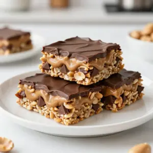 To make Peanut Butter Chocolate Rice Krispie Treats, gather these ingredients: - 4 cups Rice Krispies cereal - 1 cup creamy peanut butter - 1 cup semi-sweet chocolate chips - 1/2 cup light corn syrup - 1/2 cup granulated sugar - 1 teaspoon vanilla extract - Pinch of salt Accurate measurements are key for great treats. Use a dry measuring cup for cereal. If you want a healthier twist, try brown rice syrup instead of corn syrup. You can also swap creamy peanut butter for crunchy for added texture. Choose fresh Rice Krispies for the best crunch. Look for natural peanut butter with no added sugars. For chocolate chips, I prefer semi-sweet for balanced sweetness. Check labels to avoid unwanted additives. Quality ingredients make a big difference in taste. {{ingredient_image_1}} Start by lining an 8x8 inch baking dish with parchment paper. Leave some paper hanging over the edges. This will help you lift the treats out later. Next, lightly grease the parchment paper with non-stick spray. This step prevents sticking and makes serving easier. In a medium saucepan, mix together the corn syrup, granulated sugar, and a pinch of salt. Heat this mixture over medium heat. Stir constantly until it comes to a gentle boil. This usually takes about 2-3 minutes. Once it boils, take it off the heat and add the creamy peanut butter. Stir until it is smooth. Then, mix in the vanilla extract for extra flavor. In a large mixing bowl, pour the Rice Krispies cereal. Then, pour the warm peanut butter mixture over the cereal. Gently fold it together until every piece of cereal is coated. Next, add 3/4 cup of semi-sweet chocolate chips. Stir it in and let the heat melt the chips slightly, giving a gooey texture. Now, transfer the mixture into the prepared baking dish. Press it down evenly using a spatula or your hands that are greased with non-stick spray. This process makes sure every bite is delicious and rich in flavor. To get that ideal chewy yet crispy texture, follow these steps. First, make sure your peanut butter is creamy. This helps the mixture blend well. When heating the corn syrup and sugar, stir constantly. This avoids burning and keeps it smooth. After mixing in the cereal, fold gently. If you stir too hard, the cereal can crush. Finally, let the treats cool completely before slicing. There are a few common mistakes to watch out for. One mistake is not greasing the baking dish enough. This can make it hard to remove the treats later. Another mistake is overcooking the corn syrup mixture. If it boils too long, it will harden too much. Lastly, don&rsquo;t skip the chilling step. Chilling helps the treats set up nicely and makes them easier to cut. These treats are fun and easy to serve. You can cut them into squares or rectangles. For a twist, serve them with fresh fruit like bananas or strawberries. They pair nicely with a glass of milk or a scoop of ice cream. For a special touch, drizzle some extra chocolate on top before serving. They&rsquo;re great for parties or a sweet snack. Enjoy! Pro Tips Use Fresh Ingredients: Ensure that your peanut butter and chocolate chips are fresh for the best flavor. Old ingredients can affect the taste and texture of your treats. Don&rsquo;t Overheat the Mixture: When heating the corn syrup and sugar, be careful not to overheat it to avoid crystallization, which can make the treats gritty. Press Firmly: When transferring the mixture to the baking dish, press it down firmly to ensure the treats hold together well once set. Store Properly: Keep your Rice Krispie treats in an airtight container at room temperature for up to a week for optimal freshness. {{image_2}} You can easily swap ingredients to fit your needs. For a vegan treat, use maple syrup instead of corn syrup. Choose dairy-free chocolate chips to keep it plant-based. If you need gluten-free options, ensure your Rice Krispies are labeled gluten-free. You can even try using almond butter for a nut-free version if you have allergies. Boost the flavor of your treats with fun additions. Try mixing in chopped nuts for crunch. Walnuts or pecans work great. You can also sprinkle colorful candy or mini marshmallows on top for a festive look. Want a hint of salt? Add a sprinkle of sea salt on the chocolate drizzle for a sweet-salty mix. Make your treats stand out by using fun shapes. Use cookie cutters to create stars or hearts. You can also stack them for a layered look on a serving platter. For a special touch, wrap them in clear bags tied with ribbon. They'll make perfect gifts or party favors! To keep your Peanut Butter Chocolate Rice Krispie Treats fresh, store them in an airtight container. This helps prevent them from getting hard. Place a piece of parchment paper between layers to avoid sticking. Keep the container in a cool, dry place away from sunlight. If you live in a humid area, refrigeration can help maintain their texture. These treats stay fresh for about one week at room temperature. If stored in the fridge, they can last up to two weeks. Signs of spoilage include a hard texture or an off smell. If they taste stale or dry, it&rsquo;s best to toss them. You can freeze these treats for longer storage. Wrap them tightly in plastic wrap and then place them in a freezer-safe bag. They can last up to three months in the freezer. To thaw, remove them from the freezer and let them sit at room temperature for about 30 minutes. Enjoy them fresh once thawed! You can replace corn syrup with honey or maple syrup. Both sweeteners add flavor and stickiness. Use the same amount as the corn syrup in this recipe. Honey gives a nice touch to the peanut butter. Yes, you can use crunchy peanut butter! It adds a fun texture to the treats. The bits of peanut will give each bite a nice crunch. Just make sure to measure it the same as creamy peanut butter. If you don&rsquo;t have Rice Krispies, try using any puffed cereal. Corn puffs or puffed rice work well. You can even use granola for a different taste. Just ensure the cereal is light and crispy for the best results. This post covered everything you need for Peanut Butter Chocolate Rice Krispie Treats. We listed ingredients, provided step-by-step instructions, and shared helpful tips. You learned how to avoid common mistakes and make yummy variations. My final thought is that these treats are fun and simple to make. With your new skills, enjoy creating these snacks for friends and family. Happy baking!