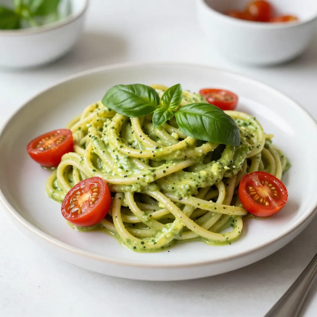 - 2 ripe avocados, pitted and peeled - 2 cups fresh basil leaves - 1/3 cup pine nuts (or walnuts for a twist) - 2 cloves garlic, peeled - 1/4 cup grated Parmesan cheese (or nutritional yeast for a vegan option) - 1/2 cup extra virgin olive oil - Juice of 1 lemon - Salt and pepper to taste - 12 oz spaghetti or your favorite pasta - Cherry tomatoes, halved (for garnish) - Fresh basil leaves (for garnish) - Sun-dried tomatoes for a tangy kick - Spinach for added greens - A pinch of red pepper flakes for heat - Lemon zest for extra brightness - Use gluten-free pasta if you avoid gluten. - Swap Parmesan with nutritional yeast for a vegan option. - Replace pine nuts with sunflower seeds for nut-free pesto. - Use avocado oil instead of olive oil for a different flavor. {{ingredient_image_1}} First, bring a large pot of salted water to a boil. Add 12 oz of spaghetti or your favorite pasta. Cook it according to the package instructions until it is al dente. This should take about 8 to 10 minutes. Before you drain the pasta, reserve one cup of the pasta water. This water will help make the sauce smoother later. While the pasta cooks, make the creamy avocado pesto. In a food processor, combine two ripe avocados, two cups of fresh basil leaves, one-third cup of pine nuts, and two peeled garlic cloves. Add a quarter cup of grated Parmesan cheese, the juice of one lemon, and salt and pepper to taste. Blend everything until it is smooth. While blending, slowly drizzle in half a cup of extra virgin olive oil. This will make the pesto creamy. Taste it, and adjust the seasoning if you want more flavor. Once your pasta is cooked and drained, return it to the pot. Add the creamy avocado pesto to the pasta. Toss everything together until the pasta is fully coated. If the sauce seems too thick, add some of the reserved pasta water a little at a time. This will help reach your desired consistency. Serve your pasta right away. For a nice touch, garnish with halved cherry tomatoes and fresh basil leaves. Enjoy your quick and easy creamy avocado pesto pasta! Choose avocados that feel slightly soft. Gently squeeze them in your palm. If they yield a bit, they are ripe. A dark green color can also indicate ripeness. Avoid avocados with large dark spots or cracks. These signs often mean they are overripe or bad. If your avocados are hard, let them sit at room temperature for a few days. You can speed up ripening by placing them in a paper bag with bananas. For smooth pesto, blend your ingredients well. Start with avocados, basil, and nuts in the food processor. Then, drizzle in olive oil slowly while blending. This helps to create a creamy texture. If your pesto is too thick, add reserved pasta water a little at a time. This water adds flavor and helps reach the right consistency. Always taste as you go, adjusting salt and pepper to your liking. Serve your creamy avocado pesto pasta hot. Garnish with halved cherry tomatoes for a pop of color. Fresh basil leaves add a nice touch and extra flavor. You can also sprinkle more Parmesan cheese on top. For a bit of heat, add red pepper flakes. Pair this dish with a light salad or crusty bread for a complete meal. Enjoy it fresh for the best taste! Pro Tips Use Ripe Avocados: Make sure your avocados are perfectly ripe for the creamiest pesto. They should yield slightly when gently squeezed. Adjust Consistency: If your pesto is too thick, gradually add reserved pasta water until you reach your desired creaminess. Experiment with Nuts: Try using different nuts like walnuts or pecans for a unique flavor twist in your pesto. Fresh Herbs Matter: Use fresh basil for the best flavor. If you want to add a touch of spiciness, consider mixing in some arugula or spinach. {{image_2}} You can easily make this dish vegan. Just swap out the Parmesan cheese for nutritional yeast. Nutritional yeast gives a cheesy flavor without any dairy. Use the same amount as the cheese. It blends well with the avocado and basil. While spaghetti is a classic choice, feel free to mix it up. You can use whole wheat pasta for more fiber. Zucchini noodles or gluten-free pasta also work great. Each option gives a different taste and texture, so choose what you like best. Want to make this dish heartier? Add some protein! Grilled chicken or shrimp pair well with the creamy pesto. You can also use chickpeas or white beans for a plant-based option. Just toss them in when you mix the pasta and pesto. This adds flavor and keeps you full longer. To store leftover pesto pasta, let it cool first. Place it in an airtight container. Make sure to remove as much air as possible. This keeps the pasta fresh for longer. It can last in the fridge for up to three days. If you want to keep it longer, consider freezing it. When you're ready to eat, reheating is simple. I recommend using the stove for best results. Add a splash of water or olive oil in a pan. Heat it over low to medium heat. Stir often to avoid sticking. If you're in a hurry, the microwave works too. Just cover it and heat in short bursts. Check and stir every 30 seconds. To freeze pesto, first, make the avocado pesto without mixing it with pasta. Pour it into ice cube trays or small containers. This way, you can use just what you need later. Seal the trays or containers tightly. It can last in the freezer for about three months. When ready to use, thaw it in the fridge overnight. Yes, you can make this pasta in advance. Cook your spaghetti and prepare the creamy avocado pesto. Toss them together, but leave out the garnishes. Store the pasta in an airtight container in the fridge. This way, it keeps fresh for a few days. When you are ready to enjoy it, warm it gently on the stove. Add a splash of reserved pasta water to keep it creamy. If you don’t have pine nuts, don’t worry! You can use walnuts as a great alternative. They add a nice, rich flavor. Other options include sunflower seeds or cashews. These nuts work well too and give your pesto a unique taste. Just remember to toast them lightly for a deeper flavor. Creamy avocado pesto lasts about 3 to 5 days in the fridge. To keep it fresh, store it in an airtight container. You can also press plastic wrap directly on the pesto's surface to reduce air exposure. This helps slow down browning. If you see any browning on top, just stir it in before using. This blog covered how to make a tasty creamy avocado pesto pasta. We discussed key ingredients, ways to customize, and how to ensure perfect texture. You learned tips for selecting avocados, serving ideas, and how to store leftovers effectively. Remember, you can always adapt this recipe to fit your diet. Enjoy experimenting with flavors and variations. Cooking should be fun, and this dish is a great way to elevate your meals!