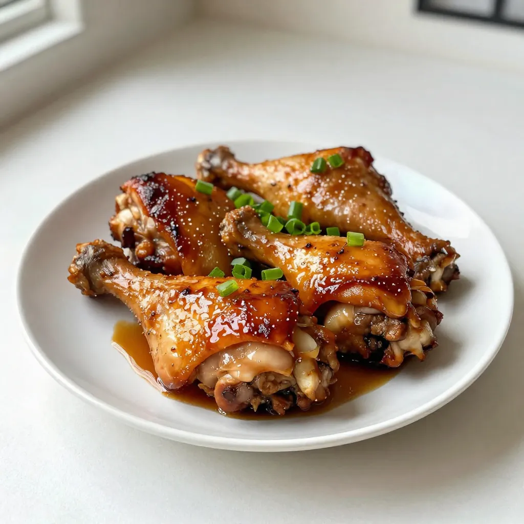 - 6 chicken legs (drumsticks and thighs) - 1/2 cup brown sugar - 1/4 cup soy sauce (low sodium preferred) - 6 cloves garlic (minced) - 2 tablespoons olive oil - 1 teaspoon ground ginger - 1/2 teaspoon black pepper - 1 teaspoon salt - 1 tablespoon apple cider vinegar - 2 green onions (finely chopped for garnish) Brown Sugar Garlic Chicken Legs use simple, easy-to-find ingredients. The chicken legs provide a juicy base. Brown sugar adds sweetness and helps create a caramelized glaze. Soy sauce gives depth to the dish. I like using low sodium soy sauce to control salt levels. Garlic is a key player here. Its strong flavor balances the sweetness. Olive oil keeps the chicken moist while baking. Ground ginger adds a warm, aromatic touch. For seasoning and garnish, black pepper and salt enhance the flavor. Apple cider vinegar adds a touch of tang, which brightens the dish. Finally, green onions make a fresh, colorful garnish. They not only look good but also add a mild onion flavor. This recipe is flexible. You can swap the ingredients based on what you have. Enjoy cooking this savory, sweet dish that’s sure to impress! {{ingredient_image_1}} To start, gather your ingredients. You need brown sugar, soy sauce, minced garlic, olive oil, ground ginger, black pepper, salt, and apple cider vinegar. In a bowl, combine these ingredients. Whisk them together until they are smooth and the brown sugar is mostly dissolved. This marinade is key to flavor. Next, take your chicken legs. You can use a large resealable plastic bag or a glass dish. Place the chicken inside and pour the marinade over it. Make sure all pieces are well-coated. Seal the bag or cover the dish. Refrigerate this for at least 1 hour. For the best flavor, marinate overnight. While your chicken is marinating, preheat your oven to 400°F (200°C). This step ensures even cooking. Next, prepare a baking sheet. Line it with aluminum foil for easy cleanup. Place a wire rack on top of the foil. This allows the heat to circulate around the chicken. Once the chicken has marinated, remove it from the marinade. Arrange the chicken legs on the wire rack. Drizzle any leftover marinade over the chicken for extra flavor. Bake in the preheated oven for 35-40 minutes. Check that the chicken reaches an internal temperature of 165°F (75°C). The skin should be caramelized and crispy. If you want extra crispiness, turn on the broiler for the last 2-3 minutes. Keep a close eye to prevent burning. Marination time is very important. It helps the chicken absorb all the flavors. I suggest marinating for at least 1 hour. If you have time, let it sit overnight. This gives a richer taste. To ensure an even coating, use a resealable bag. Place the chicken legs inside and pour in the marinade. Seal the bag and massage it gently. This way, all parts of the chicken get covered. To check chicken doneness, use a meat thermometer. The chicken should reach 165°F (75°C) in the thickest part. This ensures it’s safe to eat. You can also cut into the meat. No pink should remain. When broiling, watch closely to avoid burnt skin. Set a timer for 2-3 minutes. Keep the oven door slightly open. This helps you see the chicken better. If you have leftover marinade, don’t throw it out! You can use it as a sauce. Just simmer it in a pot to cook out raw chicken juices. For serving leftovers, shred the chicken. Use it in salads or wraps. You can also mix it into rice or pasta dishes for a quick meal. Pro Tips Marinate Longer for Best Flavor: For the most flavorful chicken, marinate the legs overnight. This allows the marinade to penetrate deeply, enhancing the taste. Use a Meat Thermometer: To avoid undercooking or overcooking, use a meat thermometer. The chicken is safe to eat at an internal temperature of 165°F (75°C). Save Leftover Marinade: If you're looking for extra flavor, reserve some marinade before adding the chicken. You can brush it on during baking for an extra boost. Let It Rest: After baking, let the chicken rest for 5 minutes before serving. This helps the juices redistribute, making for a juicier bite. {{image_2}} You can spice up your brown sugar garlic chicken legs. Try adding different herbs like rosemary or thyme to the marinade. A pinch of cayenne pepper gives it a nice kick. You can also experiment with other marinades. For a sweet twist, use honey or maple syrup instead of brown sugar. If you want a tangy flavor, try adding orange juice or balsamic vinegar. You can cook these chicken legs in various ways. Grilling adds a smoky flavor that many love. Just marinate and place them on the grill. Cook them over medium heat until they reach 165°F. Baking is easy and gives you crispy skin. You can also use a slow cooker. This method makes the chicken super tender. Cook on low for 6-8 hours for the best results. Pair your chicken legs with tasty sides. Rice or mashed potatoes work well to balance the sweetness. You can also serve a fresh salad for a light touch. For dips, try a tangy ranch or garlic sauce. To make your dish look fancy, place the chicken on a platter and sprinkle chopped green onions on top for color. A drizzle of extra marinade can also add a nice touch. To keep your chicken fresh, follow these steps: - Let the chicken cool to room temperature. - Store in an airtight container. - Place it in the fridge within two hours of cooking. Use glass or plastic containers with tight lids. This helps keep the chicken moist and tasty. Freezing is a great option for longer storage. Here’s how to freeze cooked chicken legs: - Allow the chicken to cool completely. - Wrap each leg in plastic wrap or aluminum foil. - Place wrapped chicken in a freezer-safe bag or container. Remove as much air as possible to avoid freezer burn. For the best quality, use within three months. When you’re ready to enjoy, thaw the chicken in the fridge overnight. This helps maintain its taste and texture. Reheating chicken legs requires care to avoid dryness. Here are the best ways to reheat: - Oven: Preheat to 350°F (175°C). Place chicken on a baking sheet. Cover with foil to keep it moist. Heat for about 20-25 minutes. - Microwave: Use a microwave-safe dish. Add a splash of water and cover. Heat in short bursts, checking often. Always check that the chicken reaches 165°F (75°C) for safety. Enjoy your flavorful Brown Sugar Garlic Chicken Legs again! You should marinate chicken legs for at least 1 hour. If you have time, marinate them overnight. This helps the chicken soak up all the flavors. The brown sugar and soy sauce make the chicken sweet and savory. A longer marination gives you better taste. Yes, you can use chicken thighs instead of legs. They have more fat, which keeps them juicy. Thighs will cook in about the same time as legs. Just keep an eye on the internal temperature to make sure they are done. The best way to check if chicken is cooked is by using a meat thermometer. Chicken should reach an internal temperature of 165°F (75°C). This ensures it is safe to eat. If you don’t have a meat thermometer, cut into the thickest part. The juices should run clear, not pink. Yes, you can use other meats like pork or turkey. Adjust the cooking time based on the meat you use. For pork, aim for an internal temperature of 145°F (63°C). For turkey, it should also reach 165°F (75°C). The marinade will add great flavor to any meat! This article detailed a simple and tasty chicken leg recipe. We explored key ingredients, marinade steps, and cooking methods. I've shared tips for perfecting your dish and creative variations to suit your taste. Plus, storing and reheating advice will keep your chicken fresh. You now have everything needed for a delicious meal. Enjoy trying out these ideas and make this recipe your own!