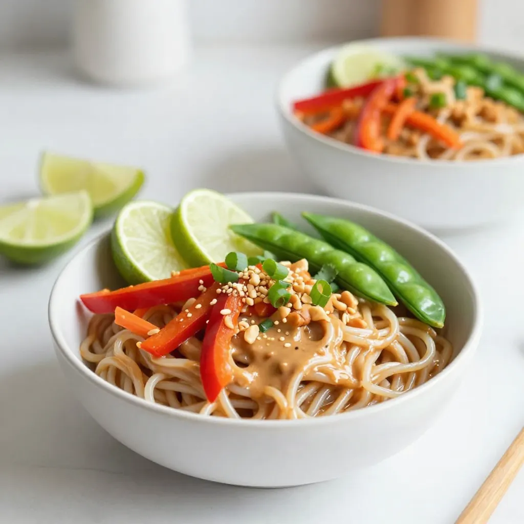 To make the spicy peanut noodle bowls, gather these items: - 8 oz rice noodles - 1 cup cooked chicken, shredded (or tofu for a vegetarian option) - 1 red bell pepper, sliced - 1 cup snap peas, trimmed - 1 carrot, julienned - 4 green onions, sliced - 1/4 cup fresh cilantro, chopped - 1/4 cup creamy peanut butter - 3 tablespoons soy sauce - 2 tablespoons sriracha (adjust to taste) - 1 tablespoon lime juice - 1 tablespoon sesame oil - Salt and black pepper to taste - Crushed peanuts, for garnish - Lime wedges, for serving You can swap items based on your taste or needs. Here are some ideas: - Instead of chicken, use tofu, tempeh, or chickpeas for protein. - For a nut-free option, try sun butter or tahini in place of peanut butter. - Use zucchini noodles if you want a low-carb dish. - If you don’t have snap peas, use green beans or bell pepper strips. - Swap lime juice with rice vinegar for a different tang. Fresh ingredients often taste better. However, store-bought items can save time. Here’s what to consider: - Fresh chicken or tofu adds flavor and texture. - Fresh veggies like bell peppers and snap peas bring crunch. - You can buy pre-sliced vegetables to cut prep time. - Store-bought peanut sauce works if you’re in a hurry. - For herbs, fresh cilantro gives a vibrant taste, but dried works in a pinch. This mix of ingredients makes your spicy peanut noodle bowl both tasty and fun to prepare. Enjoy crafting this delightful meal! {{ingredient_image_1}} To start, boil water in a big pot. Add 8 oz of rice noodles. Cook them according to the package instructions. This usually takes just a few minutes. When they are ready, drain them well. Rinse under cold water to stop the cooking. Set the noodles aside while you prepare the sauce and veggies. Next, grab a mixing bowl. In it, combine 1/4 cup of creamy peanut butter, 3 tablespoons of soy sauce, and 2 tablespoons of sriracha. Adjust the sriracha to your taste. Add 1 tablespoon of lime juice and 1 tablespoon of sesame oil. Whisk everything until it’s smooth. If the sauce feels too thick, add a bit of warm water. This will help reach the right texture. Now, take a large skillet and place it over medium heat. Pour in a splash of sesame oil. Once hot, add the sliced red bell pepper, trimmed snap peas, and julienned carrot. Sauté for about 4-5 minutes. You want them to be tender but still crisp. Season with salt and black pepper while cooking. Lower the heat and add the cooked noodles to the skillet. If you’re using chicken, add 1 cup of shredded cooked chicken. For a vegetarian option, use tofu. Pour in the peanut sauce and toss everything gently. Make sure it’s all combined and heated through. Finally, serve the noodles in bowls. Top with sliced green onions, chopped cilantro, and crushed peanuts. Don’t forget to add lime wedges on the side for extra flavor! To make a great peanut sauce, start with creamy peanut butter. Mix it well with soy sauce, sriracha, lime juice, and sesame oil. The key is to whisk until it’s smooth. If the sauce feels too thick, add a bit of warm water. This will help it coat the noodles better. Taste it after mixing. If you want more heat, add more sriracha. When cooking rice noodles, bring water to a rolling boil. Follow the package instructions closely. Usually, it takes about 5-7 minutes. Once they are soft, drain and rinse them with cold water. This stops the cooking process and keeps them from getting mushy. Make sure to separate the noodles with a fork after rinsing. To adjust the spice level, change the amount of sriracha. For a milder dish, use less sriracha or omit it. You can also add a bit of sugar to balance the heat. If you love spice, try adding chili flakes or a dash of hot sauce. Always taste as you go to find the perfect level for you. Pro Tips Perfectly Cooked Noodles: Make sure to rinse the noodles under cold water after cooking to stop them from becoming mushy. Customize Your Heat: Adjust the amount of sriracha based on your spice preference, or substitute with a milder sauce if desired. Fresh Vegetables: Use seasonal vegetables for the best flavor and nutrition; bell peppers and snap peas add a great crunch. Garnish for Appeal: Don't skip the crushed peanuts and lime wedges; they add both texture and a zesty finish to the dish. {{image_2}} You can easily make this dish vegetarian or vegan. Instead of chicken, use tofu. Firm tofu works best. Just press and cube it before cooking. You can also add more veggies like mushrooms or zucchini for extra flavor. For a vegan sauce, use maple syrup instead of honey, and check your soy sauce for gluten-free options. Want to boost nutrition? Add some cooked edamame or chickpeas. Both add protein and fiber. You can also toss in spinach or kale. These greens cook quickly and mix well. For crunch, add some raw veggies or seeds like sunflower or pumpkin seeds. They give a nice texture. Looking for different flavors? Try Asian-inspired options. Add ginger and garlic for a warm touch. For a Thai-style bowl, mix in coconut milk for creaminess. You can also add fresh basil or mint for a bright flavor. Experiment with lime or lemon zest for a fresh twist. Use chili flakes or fresh chilis if you want more heat. You can keep leftover spicy peanut noodle bowls in the fridge. Store them in an airtight container. They will stay fresh for up to three days. Before eating, check for any off smells or colors. To freeze, pack the noodles and sauce separately. Use freezer-safe bags or containers. They can last up to three months in the freezer. When ready to eat, thaw them overnight in the fridge before reheating. To reheat, place the noodles in a skillet over low heat. Add a splash of water or extra sauce to prevent sticking. Stir until heated through, about 5 minutes. You can also microwave for 1-2 minutes, stirring halfway. Make sure it’s hot all the way through before serving. Yes, you can use other noodles. Rice noodles are great, but try egg noodles or soba. They each have unique flavors and textures. Just cook them according to the package. Make sure they are the same amount as the rice noodles. To make this dish gluten-free, use gluten-free soy sauce. You can find it easily in stores. Also, check the rice noodles. Most are gluten-free, but always read the label. This way, you can enjoy the flavor without worry. If you need a substitute, try almond butter or sunflower seed butter. Both provide a nice taste and creaminess. You can also use tahini, but it gives a different flavor. Adjust the amount to your liking. Leftovers can last about three to four days in the fridge. Store them in an airtight container. When you reheat, add a splash of water or broth to help with moisture. Enjoy your meal again! This guide shows you everything you need to make a tasty dish. We covered ingredients, cooking steps, and lots of tips. You can use fresh ingredients or store-bought options. Don’t forget to try different flavors and add-ons to make it your own. With simple storage tips, you can keep leftovers for later. Enjoy making this dish, and feel free to modify it to suit your taste! It’s fun to experiment and share with friends.