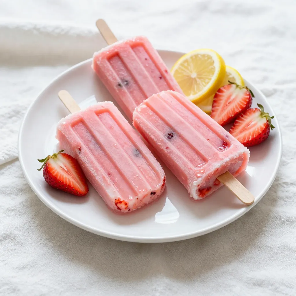 You need 2 cups of fresh strawberries. First, wash them well. Then, hull and slice them. Fresh strawberries give a bright flavor to the popsicles. They also add lovely color. You will use 1 cup of fresh lemon juice. This juice comes from about 4 to 6 lemons. Fresh lemon juice makes the popsicles tangy and refreshing. The zest of one lemon can also add more flavor if you like. For sweetness, add 3/4 cup of honey or agave syrup. You can adjust this amount based on your taste. Honey adds a floral note, while agave syrup is milder. Both sweeteners blend well with the tartness of the lemons. A pinch of salt brightens the taste. You can also add lemon zest for a more zesty flavor. These small touches make the popsicles richer and more enjoyable. {{ingredient_image_1}} Start by washing 2 cups of fresh strawberries. Hull and slice them into small pieces. Place the strawberries in a blender. Next, add 1 cup of fresh lemon juice. This is about 4 to 6 lemons. Then, pour in 1 and 1/2 cups of water. Add 3/4 cup of honey or agave syrup for sweetness. If you like, add the zest of 1 lemon for more flavor. Finally, add a pinch of salt. Blend everything until it is smooth. Taste the mix. If it needs more sweetness, add more honey or agave syrup. Blend again to mix it well. Get your popsicle molds ready. Carefully pour the blended mixture into each mold. Leave a small space at the top. This space allows the popsicles to expand while freezing. Once filled, insert popsicle sticks into the molds. Make sure they stand straight. Now, place the molds in the freezer. Freeze for at least 4 to 6 hours or until they are solid. When you are ready to enjoy them, remove the molds from the freezer. To take out the popsicles, run warm water over the outside of the molds for a few seconds. If they stick, gently twist the molds. This helps release the popsicles without breaking them. Enjoy your refreshing strawberry lemonade popsicles! You might find the mixture needs more sweetness. After blending, taste it. If you want it sweeter, add more honey or agave syrup. Blend it again until it mixes well. Everyone has different tastes, so feel free to adjust! For smooth popsicles, blend all the ingredients well. Make sure there are no chunks left. If you like, you can run the mixture through a fine strainer. This step removes any bits, making your popsicles extra smooth and creamy. Getting popsicles out of the molds can be tricky. To help, run warm water over the outside of the molds. Do this for a few seconds. You can also twist the molds gently. This should help release the popsicles without breaking them. Enjoy your sweet treat! Pro Tips Use Ripe Strawberries: For the best flavor, make sure to use ripe, sweet strawberries. Look for bright red berries that are slightly firm to the touch. Adjust Sweetness: Taste the mixture before pouring it into molds. You can always add more honey or agave syrup if you prefer a sweeter popsicle. Add Herbs: For a unique twist, consider adding fresh mint or basil to the mixture. It complements the lemon and strawberry flavors beautifully. Freezing Tips: Allow the popsicles to freeze completely for the best texture. If they seem hard to remove, run warm water over the molds for a few seconds. {{image_2}} You can make your popsicles even more fun by adding other fruits. Try adding blueberries, raspberries, or peaches. Just blend them with the strawberries. You can mix and match to find your favorite fruit combo. Each fruit brings its unique flavor and color to your popsicles. While honey and agave syrup work great, you can choose other sweeteners too. Maple syrup or stevia can be good options. Each sweetener changes the taste slightly. Adjust the amount based on your taste. Always blend and taste to find the right balance for you. For a creamy twist, add yogurt or coconut milk to the mix. This change gives a rich flavor and smooth texture. Blend it well with the strawberries and lemon juice. You’ll create a popsicle that feels like dessert. It’s a great way to enjoy a treat on a hot day! To keep your strawberry lemonade popsicles fresh, store them in an airtight container. This helps prevent freezer burn. You can also wrap each popsicle in plastic wrap for added protection. Make sure to label the container with the date. This way, you know when they were made. Homemade popsicles can last about 2 to 3 months in the freezer. After that, they might lose flavor or texture. For the best taste, try to enjoy them within this time frame. If you notice any ice crystals, it’s a sign they may not be fresh. When you want to enjoy a popsicle, run warm water over the mold for a few seconds. This makes it easier to remove the popsicle without breaking it. You can also let it sit at room temperature for a minute. This will soften it just enough to pull it out easily. Yes, you can use frozen strawberries. Just let them thaw a bit before blending. This helps them mix smoothly. Keep in mind that the flavor might be slightly different. Fresh strawberries often have a brighter taste. It takes about 4 to 6 hours to freeze popsicles. For best results, leave them overnight. This ensures they freeze solid. If you check them early, they might still be soft. You can use lime juice if you need a substitute. Lime juice gives a nice tang too. If you want a sweeter taste, use orange juice. It might change the flavor, but it can still be tasty. Yes, these popsicles are a healthy treat. They use fresh fruit and natural sweeteners. Honey or agave syrup is better than processed sugar. Plus, you control the amount of sweetness. Enjoying them in moderation makes them a great summer snack! You’ve learned how to make fresh and tasty popsicles with simple ingredients. We covered how to blend strawberries, lemon juice, and sweeteners. You also saw tips for perfect consistency and easy removal from molds. Remember, you can add other fruits or make creamy versions to mix it up. Store your popsicles properly for longer enjoyment. With these steps and tricks, you can enjoy delicious homemade treats year-round. Get creative and have fun making your own flavors!