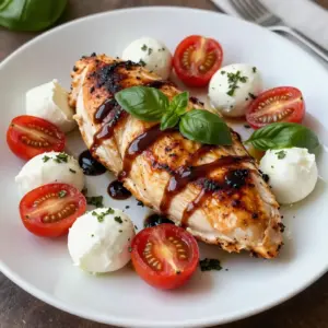 To make Balsamic Glazed Caprese Chicken, you need the following items: - 4 boneless, skinless chicken breasts - 1 cup cherry tomatoes, halved - 1 cup fresh mozzarella balls (bocconcini) - 1/2 cup fresh basil leaves - 1/2 cup balsamic glaze - 2 tablespoons olive oil - 1 teaspoon garlic powder - Salt and pepper to taste You can swap some ingredients if needed. Try these ideas: - Chicken: Use turkey or tofu for a different protein. - Tomatoes: Roma tomatoes work well if you don&rsquo;t have cherry ones. - Mozzarella: Feta cheese gives a nice tangy taste. - Balsamic glaze: Mix balsamic vinegar with honey for a quick substitute. - Olive oil: Avocado oil or canola oil can replace olive oil. Using fresh ingredients makes a big difference in flavor. Fresh basil adds a vibrant taste that dried basil can&rsquo;t match. Cherry tomatoes are sweet and juicy, which enhances the dish. If you must use dried herbs or canned tomatoes, adjust the amounts. Use one-third of the amount for dried herbs compared to fresh. For canned tomatoes, drain them well to avoid extra moisture. Choosing fresh over dried helps keep the meal light and delicious. If you can, always stick with fresh ingredients for the best results! {{ingredient_image_1}} Start by preheating your oven to 400&deg;F (200&deg;C). This step is key for even cooking. Next, take the chicken breasts and season them well. Use garlic powder, salt, and pepper on both sides. This will add great flavor. Heat 2 tablespoons of olive oil in an oven-safe skillet over medium-high heat. Once hot, add the seasoned chicken breasts. Sear them for 4-5 minutes on each side. Look for a nice golden color. After searing, drizzle 1/2 cup of balsamic glaze over the chicken. Make sure each piece gets coated. Scatter 1 cup of halved cherry tomatoes and 1 cup of fresh mozzarella balls around the chicken. Now, transfer the skillet to the oven. Bake for 20-25 minutes. Check that the chicken reaches an internal temperature of 165&deg;F (75&deg;C). Use a meat thermometer for the best results. Insert it into the thickest part of the chicken. If it reads 165&deg;F, your chicken is done. Once cooked, take the skillet out of the oven. Sprinkle 1/2 cup of fresh basil leaves over the top. Let it rest for a few minutes before serving. This helps keep the juices inside the chicken. Enjoy your meal! When making Balsamic Glazed Caprese Chicken, avoid overcooking the chicken. It can dry out fast. Always check the temperature. The chicken should reach 165&deg;F. Using too much balsamic glaze can overpower the dish. Drizzle just enough for a sweet touch. Also, don&rsquo;t skip the resting time. Let the chicken sit before serving. This helps keep the juices inside. Searing the chicken first gives it a nice crust. Cook it in a hot skillet with olive oil. This locks in flavors and moisture. After searing, bake the chicken to finish cooking. This method keeps the meat tender. Using an oven-safe skillet allows you to move easily from stovetop to oven. It also saves on cleaning dishes. To boost flavor, add fresh herbs. Basil is great, but consider thyme or oregano too. These herbs pair well with the balsamic glaze. You can also mix in garlic for more depth. For a spicy kick, add red pepper flakes. These simple changes can make a big difference. Feel free to experiment with different cheese, like goat cheese or feta, for a twist. Pro Tips Use Fresh Ingredients: To elevate the flavors of your Caprese chicken, opt for ripe cherry tomatoes, fresh mozzarella, and fragrant basil. Fresh ingredients make all the difference! Perfectly Sear the Chicken: Ensure your skillet is hot enough before adding the chicken. A good sear locks in moisture and adds a delicious golden crust. Experiment with Balsamic Glaze: Try making your own balsamic reduction by simmering balsamic vinegar until thickened. This adds depth and richness to your dish. Let it Rest: Allow the chicken to rest after baking. This helps the juices redistribute, ensuring every bite is tender and flavorful. {{image_2}} You can switch out chicken for other meats. Try using turkey breasts; they work well. Pork chops also taste great with balsamic glaze. If you choose fish, salmon is an excellent choice. It cooks quickly and pairs nicely with the glaze. Adjust cooking times for different proteins to ensure they cook through. For a vegan twist, replace chicken with eggplant or tofu. Eggplant slices can soak up the glaze well. Use firm tofu for a protein boost. Make sure to press the tofu to remove excess water. This helps it absorb flavor better. You can also use portobello mushrooms; they are hearty and satisfying. Add zest to your dish with different herbs. Try oregano or thyme for a fresh taste. You can mix in a bit of red pepper flakes for heat. For a sweet touch, add sliced strawberries or peaches. They balance the balsamic flavor beautifully. Drizzle extra balsamic glaze on top before serving for more flavor. To store leftovers, place the chicken in an airtight container. Add any extra tomatoes and mozzarella. Keep it in the fridge for up to three days. Make sure it cools down before sealing the container. This helps keep the flavors fresh. When you're ready to eat, reheat the chicken in the oven. Set the oven to 350&deg;F (175&deg;C). Place the chicken on a baking dish and cover it with foil. Heat for about 15-20 minutes. This keeps the chicken moist and tasty. You can also use a microwave, but heat in short bursts to avoid drying it out. You can freeze Balsamic Glazed Caprese Chicken if you want to save it for later. Wrap the chicken tightly in plastic wrap. Then, put it in a freezer bag or a container. It will stay good for up to three months. To thaw, move it to the fridge overnight before reheating. Always check for quality before serving. You know the chicken is cooked when it reaches an internal temperature of 165&deg;F (75&deg;C). Use a meat thermometer for accuracy. The chicken should look white throughout with no pink inside. If you cut it open, the juices should run clear. This ensures it&rsquo;s safe to eat. Yes, you can make this recipe ahead of time. Cook the chicken and let it cool. Store it in the fridge for up to three days. When you're ready to eat, simply reheat it in the oven. This keeps the flavors fresh and tasty. You can also prep the ingredients the night before to save time. Several sides go well with this dish. Here are some great options: - Garlic bread - Steamed broccoli - Roasted asparagus - Mixed green salad with vinaigrette - Quinoa or rice for a filling meal These sides balance the flavors and make your meal complete. You can mix and match based on your taste! This blog post covered the key ingredients needed for Balsamic Glazed Caprese Chicken. We also explored ingredient swaps, cooking steps, and tips to avoid common mistakes. I shared how to store leftovers and answered common questions. In the end, mastering this dish adds flavor to your meals. With practice, you can wow your family and friends with ease. Enjoy cooking with fresh ingredients and make it your own!