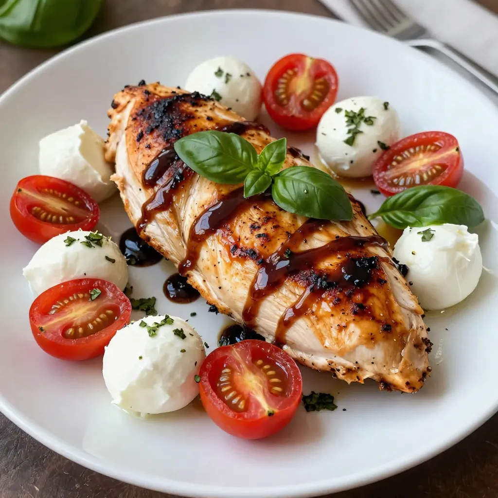 To make Balsamic Glazed Caprese Chicken, you need the following items: - 4 boneless, skinless chicken breasts - 1 cup cherry tomatoes, halved - 1 cup fresh mozzarella balls (bocconcini) - 1/2 cup fresh basil leaves - 1/2 cup balsamic glaze - 2 tablespoons olive oil - 1 teaspoon garlic powder - Salt and pepper to taste You can swap some ingredients if needed. Try these ideas: - Chicken: Use turkey or tofu for a different protein. - Tomatoes: Roma tomatoes work well if you don’t have cherry ones. - Mozzarella: Feta cheese gives a nice tangy taste. - Balsamic glaze: Mix balsamic vinegar with honey for a quick substitute. - Olive oil: Avocado oil or canola oil can replace olive oil. Using fresh ingredients makes a big difference in flavor. Fresh basil adds a vibrant taste that dried basil can’t match. Cherry tomatoes are sweet and juicy, which enhances the dish. If you must use dried herbs or canned tomatoes, adjust the amounts. Use one-third of the amount for dried herbs compared to fresh. For canned tomatoes, drain them well to avoid extra moisture. Choosing fresh over dried helps keep the meal light and delicious. If you can, always stick with fresh ingredients for the best results! {{ingredient_image_1}} Start by preheating your oven to 400°F (200°C). This step is key for even cooking. Next, take the chicken breasts and season them well. Use garlic powder, salt, and pepper on both sides. This will add great flavor. Heat 2 tablespoons of olive oil in an oven-safe skillet over medium-high heat. Once hot, add the seasoned chicken breasts. Sear them for 4-5 minutes on each side. Look for a nice golden color. After searing, drizzle 1/2 cup of balsamic glaze over the chicken. Make sure each piece gets coated. Scatter 1 cup of halved cherry tomatoes and 1 cup of fresh mozzarella balls around the chicken. Now, transfer the skillet to the oven. Bake for 20-25 minutes. Check that the chicken reaches an internal temperature of 165°F (75°C). Use a meat thermometer for the best results. Insert it into the thickest part of the chicken. If it reads 165°F, your chicken is done. Once cooked, take the skillet out of the oven. Sprinkle 1/2 cup of fresh basil leaves over the top. Let it rest for a few minutes before serving. This helps keep the juices inside the chicken. Enjoy your meal! When making Balsamic Glazed Caprese Chicken, avoid overcooking the chicken. It can dry out fast. Always check the temperature. The chicken should reach 165°F. Using too much balsamic glaze can overpower the dish. Drizzle just enough for a sweet touch. Also, don’t skip the resting time. Let the chicken sit before serving. This helps keep the juices inside. Searing the chicken first gives it a nice crust. Cook it in a hot skillet with olive oil. This locks in flavors and moisture. After searing, bake the chicken to finish cooking. This method keeps the meat tender. Using an oven-safe skillet allows you to move easily from stovetop to oven. It also saves on cleaning dishes. To boost flavor, add fresh herbs. Basil is great, but consider thyme or oregano too. These herbs pair well with the balsamic glaze. You can also mix in garlic for more depth. For a spicy kick, add red pepper flakes. These simple changes can make a big difference. Feel free to experiment with different cheese, like goat cheese or feta, for a twist. Pro Tips Use Fresh Ingredients: To elevate the flavors of your Caprese chicken, opt for ripe cherry tomatoes, fresh mozzarella, and fragrant basil. Fresh ingredients make all the difference! Perfectly Sear the Chicken: Ensure your skillet is hot enough before adding the chicken. A good sear locks in moisture and adds a delicious golden crust. Experiment with Balsamic Glaze: Try making your own balsamic reduction by simmering balsamic vinegar until thickened. This adds depth and richness to your dish. Let it Rest: Allow the chicken to rest after baking. This helps the juices redistribute, ensuring every bite is tender and flavorful. {{image_2}} You can switch out chicken for other meats. Try using turkey breasts; they work well. Pork chops also taste great with balsamic glaze. If you choose fish, salmon is an excellent choice. It cooks quickly and pairs nicely with the glaze. Adjust cooking times for different proteins to ensure they cook through. For a vegan twist, replace chicken with eggplant or tofu. Eggplant slices can soak up the glaze well. Use firm tofu for a protein boost. Make sure to press the tofu to remove excess water. This helps it absorb flavor better. You can also use portobello mushrooms; they are hearty and satisfying. Add zest to your dish with different herbs. Try oregano or thyme for a fresh taste. You can mix in a bit of red pepper flakes for heat. For a sweet touch, add sliced strawberries or peaches. They balance the balsamic flavor beautifully. Drizzle extra balsamic glaze on top before serving for more flavor. To store leftovers, place the chicken in an airtight container. Add any extra tomatoes and mozzarella. Keep it in the fridge for up to three days. Make sure it cools down before sealing the container. This helps keep the flavors fresh. When you're ready to eat, reheat the chicken in the oven. Set the oven to 350°F (175°C). Place the chicken on a baking dish and cover it with foil. Heat for about 15-20 minutes. This keeps the chicken moist and tasty. You can also use a microwave, but heat in short bursts to avoid drying it out. You can freeze Balsamic Glazed Caprese Chicken if you want to save it for later. Wrap the chicken tightly in plastic wrap. Then, put it in a freezer bag or a container. It will stay good for up to three months. To thaw, move it to the fridge overnight before reheating. Always check for quality before serving. You know the chicken is cooked when it reaches an internal temperature of 165°F (75°C). Use a meat thermometer for accuracy. The chicken should look white throughout with no pink inside. If you cut it open, the juices should run clear. This ensures it’s safe to eat. Yes, you can make this recipe ahead of time. Cook the chicken and let it cool. Store it in the fridge for up to three days. When you're ready to eat, simply reheat it in the oven. This keeps the flavors fresh and tasty. You can also prep the ingredients the night before to save time. Several sides go well with this dish. Here are some great options: - Garlic bread - Steamed broccoli - Roasted asparagus - Mixed green salad with vinaigrette - Quinoa or rice for a filling meal These sides balance the flavors and make your meal complete. You can mix and match based on your taste! This blog post covered the key ingredients needed for Balsamic Glazed Caprese Chicken. We also explored ingredient swaps, cooking steps, and tips to avoid common mistakes. I shared how to store leftovers and answered common questions. In the end, mastering this dish adds flavor to your meals. With practice, you can wow your family and friends with ease. Enjoy cooking with fresh ingredients and make it your own!