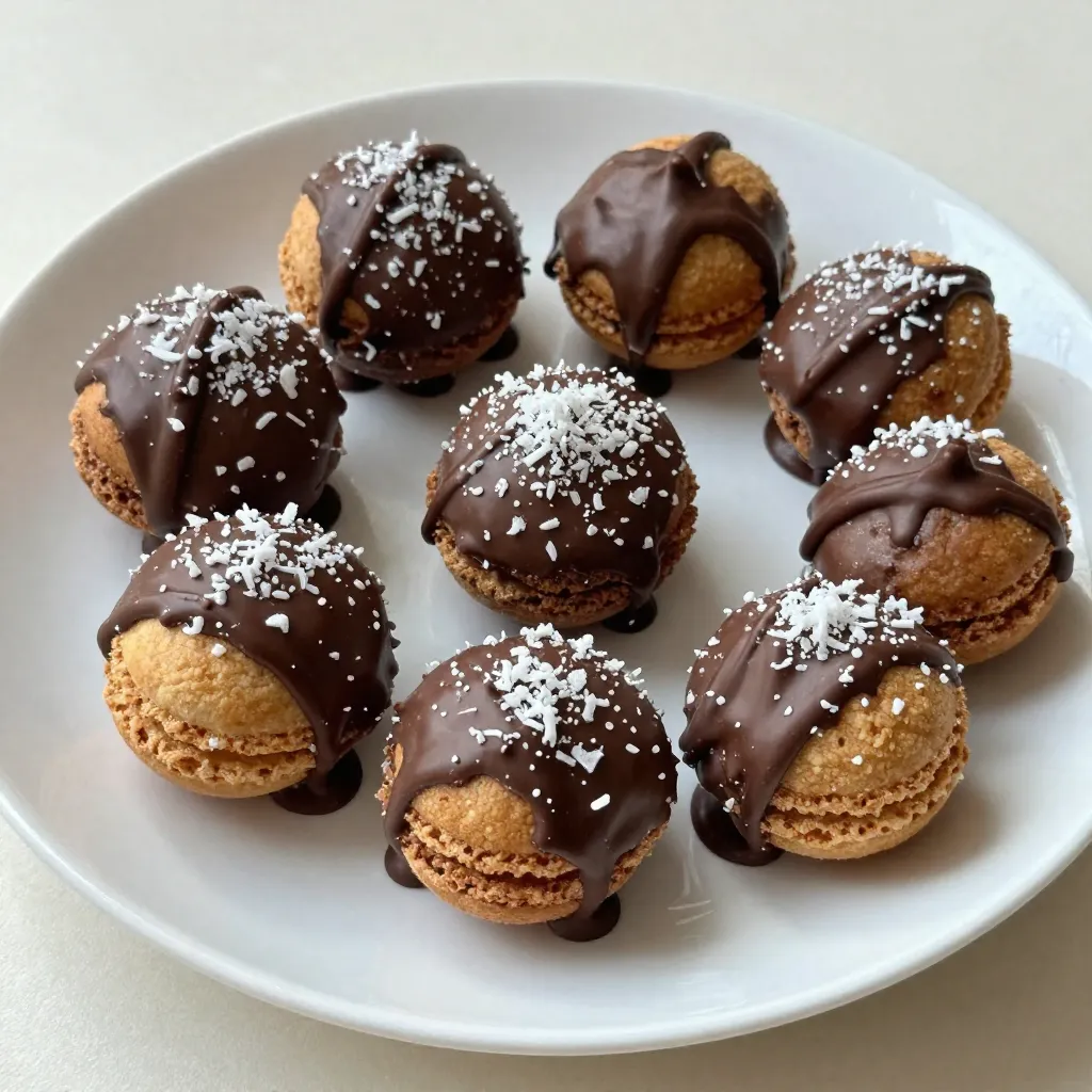 - 3 cups sweetened shredded coconut - 1 cup sweetened condensed milk - 1 teaspoon vanilla extract - 1/4 teaspoon salt - 2 egg whites - 1/4 cup granulated sugar - 8 ounces semi-sweet chocolate chips - 1 tablespoon coconut oil (optional) To make chocolate dipped coconut macaroons, you need these key ingredients. Sweetened shredded coconut gives the macaroons their chewy texture. Sweetened condensed milk adds sweetness and helps bind everything together. Vanilla extract gives a warm flavor, while a pinch of salt balances the sweetness. Egg whites are crucial for the light, airy structure of the macaroons. Whipping them to stiff peaks is key. Granulated sugar sweetens the egg whites and helps create volume. For the chocolate dip, semi-sweet chocolate chips work best, but you can also use dark or milk chocolate. Coconut oil can help the chocolate melt smoothly, but it&rsquo;s not a must. - Alternatives for sweetened condensed milk: You can use evaporated milk mixed with sugar or try homemade sweetened condensed milk using regular milk and sugar. - Different types of chocolate for dipping: You can use dark chocolate for a richer flavor or white chocolate for a sweeter, creamier taste. - Gluten-free options: All the ingredients listed are gluten-free. Just ensure your chocolate is labeled gluten-free as well. These substitutions help you customize the recipe to your taste. Don&rsquo;t be afraid to experiment! {{ingredient_image_1}} 1. Preheat your oven to 325&deg;F (160&deg;C). Line a baking sheet with parchment paper. This step helps the macaroons not stick. 2. In a large bowl, mix 3 cups of sweetened shredded coconut, 1 cup of sweetened condensed milk, 1 teaspoon of vanilla extract, and 1/4 teaspoon of salt. Stir until everything blends well. 1. In another bowl, whip 2 egg whites with an electric mixer. Beat until soft peaks form. 2. Gradually add 1/4 cup of granulated sugar. Keep whipping until you see stiff peaks. This makes the macaroons light. 3. Gently fold the whipped egg whites into the coconut mixture. Be careful not to deflate the whites. Use a spatula for this step. 4. Use a small cookie scoop or two tablespoons to drop rounded mounds onto the baking sheet. Leave an inch between each mound. 1. While the macaroons cool, melt 8 ounces of semi-sweet chocolate chips. You can add 1 tablespoon of coconut oil for a smooth finish. 2. Melt the chocolate in a microwave-safe bowl. Heat in 30-second intervals, stirring in between until it is smooth. 3. Once the macaroons are cool, dip the bottoms or half into the melted chocolate. Let the excess chocolate drip off. 4. Place the dipped macaroons back on the parchment paper. If you like, drizzle leftover melted chocolate on top for decoration. 5. Allow the chocolate to set. You can speed this up by chilling them in the fridge for 15 minutes. Whipping egg whites is key to light and fluffy macaroons. Start with clean, dry bowls. Make sure there&rsquo;s no yolk in the whites. Whip the whites until they form soft peaks. Then, slowly add sugar while continuing to whip until stiff peaks form. This helps your macaroons rise well. Common mistakes include over-mixing or under-mixing the egg whites. Gently fold them into the coconut mixture. Be careful not to deflate the egg whites. This step is crucial for the right texture. You can add zest or extracts for extra flavor. Try almond extract for a nutty touch. You can also mix in some dark chocolate chips with the coconut. This creates a richer taste. Consider adding toasted nuts for a crunchy contrast. Customize the coconut mixture by using different types of coconut. Unsweetened coconut can give a different taste, too. Arrange your macaroons on a lovely platter for a stunning display. Try stacking them in rows for a neat look. For special occasions, sprinkle some toasted coconut flakes on top. You can also drizzle extra melted chocolate over them. This adds flair and makes them even more appealing. Pro Tips Use Fresh Ingredients: Fresh egg whites and high-quality chocolate can significantly enhance the flavor and texture of your macaroons. Customize Your Flavor: Experiment with different extracts, such as almond or coconut, to give your macaroons a unique twist. Perfect the Chocolate Dip: Make sure the chocolate is warm but not too hot to prevent the macaroons from melting. A little coconut oil can help achieve a smooth consistency. Storage Tips: Store the macaroons in an airtight container at room temperature for up to a week, or refrigerate them for longer freshness. {{image_2}} You can easily change the taste of your macaroons. Adding 1 teaspoon of almond extract gives a lovely nutty flavor. This pairs well with the coconut. You can also try different nuts on top. Chopped almonds or hazelnuts add crunch. These small changes make your treat unique. Want a vegan or dairy-free version? Use coconut milk instead of sweetened condensed milk. This keeps the rich flavor while making it plant-based. For those avoiding sugar, choose sugar-free sweeteners. They work well in the mixture without losing sweetness. Your guests will love these options. You can dress up your macaroons for the holidays. Add festive colors with sprinkles or colored chocolate. For spring, try a lemon zest mix. It brightens the flavor and adds a fresh twist. Each season brings new ideas, so get creative! To keep your macaroons fresh, store them at room temperature. Place them in an airtight container. Keep them away from heat and light. This way, they stay tasty for longer. If you live in a humid area, consider refrigerating them. Just remember to let them reach room temperature before eating. You can freeze macaroons too! Place them in a freezer-safe bag. They can last for up to three months in the freezer. How long do macaroons last? At room temperature, they last about a week. In the fridge, they can stay fresh for up to two weeks. If frozen, they will last three months. Look for signs of spoilage. If they smell off or have an unusual texture, it's best to toss them. Fresh macaroons should be soft and slightly chewy. If your macaroons lose their texture, you can refresh them. Place them in a warm oven for a few minutes. This helps them regain softness. If they become stale, try using them in a new way. Crumble stale macaroons over ice cream or mix them into yogurt. You can even use them as a base for a dessert parfait. Enjoying them in new forms can be just as fun! You can tell macaroons are done when they turn golden brown on top. They should feel firm but soft inside. If you press them lightly, they should spring back a bit. This means they are just right. Yes, you can use unsweetened coconut. Just remember to add some extra sugar to balance the flavors. Unsweetened coconut will give you a less sweet taste but still great texture. The best way to melt chocolate is in a microwave. Use a microwave-safe bowl and heat in 30-second bursts. Stir in between until the chocolate is smooth. You can add coconut oil to get a better shine. Yes, you can make macaroons ahead of time. They store well in an airtight container. Keep them at room temperature for up to a week. You can also freeze them for longer storage. To prevent macaroons from spreading, make sure to whip the egg whites well. Stiff peaks help keep the shape. Also, leave enough space between each mound on the baking sheet for proper baking. You now have the tools to make delicious macaroons. We covered key ingredients, substitutes, and step-by-step baking instructions. Remember to whip the egg whites well for the best texture. Don&rsquo;t hesitate to customize flavors or try seasonal variations. Proper storage is crucial to keep your treats fresh. With these tips, you can create stunning and tasty macaroons that impress everyone. Enjoy baking and sharing your creations!