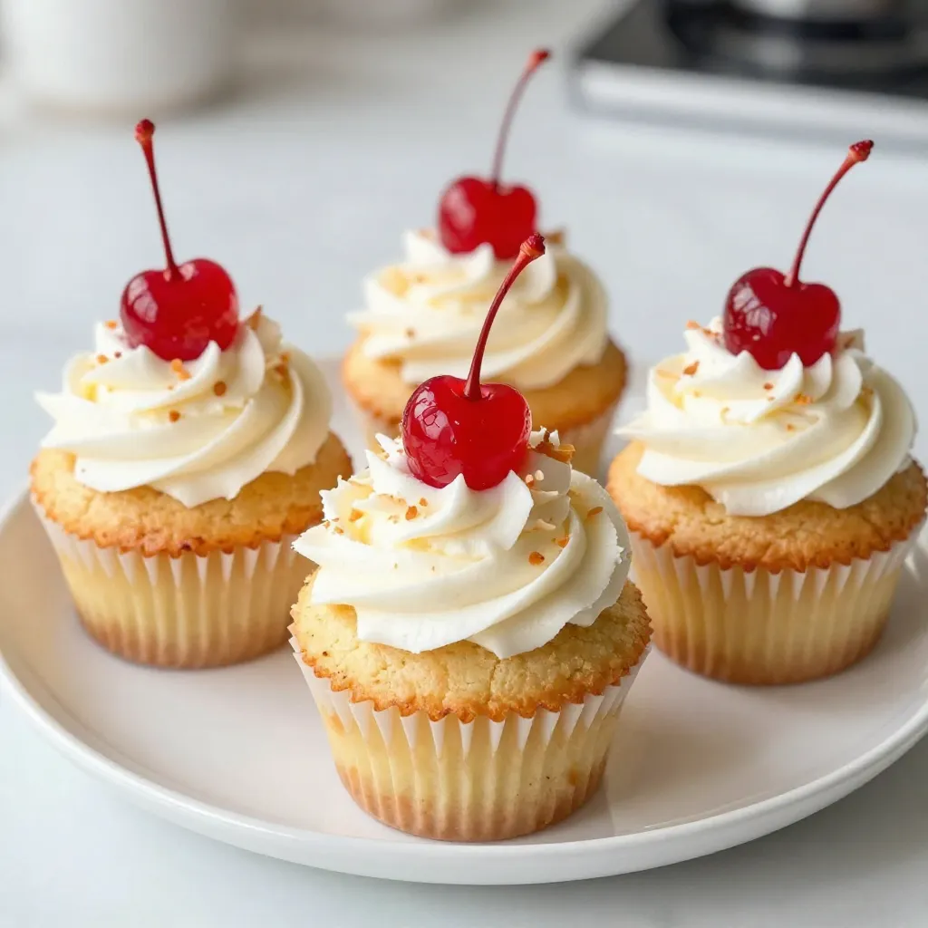 To start, gather these dry ingredients: - 1 ½ cups all-purpose flour - 1 cup granulated sugar - 1 teaspoon baking powder - ½ teaspoon baking soda - ¼ teaspoon salt These ingredients form the base of your cupcakes. The flour provides structure, while sugar adds sweetness. Baking powder and baking soda act as leavening agents, helping the cupcakes rise. Salt enhances the flavors and balances the sweetness. Next, you'll need these wet ingredients: - ½ cup unsweetened pineapple juice - ½ cup vegetable oil - 2 large eggs - 1 teaspoon vanilla extract The pineapple juice brings that tropical flavor. Vegetable oil keeps the cupcakes moist. Eggs add richness and help bind everything together. Vanilla extract rounds out the taste with warmth and depth. Now for the fun part! Gather these add-ins and garnishes: - ½ cup unsweetened shredded coconut - ¼ cup crushed pineapple, drained - Toasted coconut flakes - Maraschino cherries The shredded coconut adds texture and flavor. Crushed pineapple boosts the tropical vibe. Toasted coconut flakes on top create a lovely crunch. Maraschino cherries make for a cute and tasty garnish. These elements transform your cupcakes into a gorgeous treat that looks and tastes amazing! {{ingredient_image_1}} First, preheat your oven to 350°F (175°C). This step makes sure your cupcakes bake evenly. While the oven warms up, line a muffin tin with cupcake liners. This helps with easy removal after baking. In a large mixing bowl, combine 1 ½ cups of all-purpose flour, 1 cup of granulated sugar, 1 teaspoon of baking powder, ½ teaspoon of baking soda, and ¼ teaspoon of salt. Mixing these dry ingredients well helps evenly distribute the leavening agents. Accurate measurements matter. They ensure your cupcakes rise and taste great. In another bowl, whisk together ½ cup of unsweetened shredded coconut, ½ cup of pineapple juice, ½ cup of vegetable oil, 2 large eggs, and 1 teaspoon of vanilla extract. Whisking helps blend the ingredients smoothly. Make sure everything is well combined to get a consistent batter. Now, gradually add the wet mixture to the dry ingredients. Stir gently until just combined. Avoid overmixing here; you want a light and fluffy cupcake. After that, gently fold in ¼ cup of drained crushed pineapple. This adds wonderful flavor and moisture. Divide the batter evenly among the cupcake liners. Fill each about 2/3 full to allow room for rising. Bake for 18 to 20 minutes. To check doneness, insert a toothpick into the center of a cupcake. It should come out clean when they are ready. While the cupcakes cool, prepare the frosting. In a mixing bowl, beat 1 cup of softened unsalted butter until smooth. Gradually add 4 cups of powdered sugar, mixing on low speed. Once incorporated, add 2 tablespoons of coconut cream and 1 teaspoon of vanilla extract. Beat on medium speed until fluffy. Adjust the consistency with more coconut cream or powdered sugar if needed. To get the best texture for your Pina Colada cupcakes, avoid common baking mistakes. Here are a few tips: - Measure accurately: Use measuring cups and spoons. Too much flour can make cupcakes dry. - Don't overmix: Mix until just combined. Overmixing can make your cupcakes dense. - Oven temperature: Preheat your oven properly. An oven that is too hot can burn the edges. To ensure moisture and fluffiness, follow these steps: - Use fresh ingredients: Fresh eggs and coconut help keep cupcakes soft. - Add pineapple juice: The juice adds moisture and a fruity flavor. - Cool properly: Let cupcakes cool in the pan for a short time, then on a rack. This helps maintain their texture. For creative frosting techniques, try these methods: - Pipe with a bag: Use a piping bag for neat and fun designs. Swirls look great! - Mix flavors: Blend different extracts into your frosting for a unique twist. For alternate toppings that add visual appeal: - Toasted coconut flakes: Sprinkle these on top for a crunchy texture. - Maraschino cherries: They not only look nice but add a sweet burst of flavor. When pairing with beverages, consider these options: - Piña colada drinks: A classic match that enhances the tropical vibe. - Coconut water: A refreshing, light choice that complements the flavors. For presentation ideas at events: - Use fun liners: Bright, tropical cupcake liners can make your treats pop. - Serve on a pretty platter: Arrange cupcakes on a colorful plate for a stunning display. Pro Tips Use Fresh Ingredients: For the best flavor, use fresh pineapple juice and shredded coconut. This will enhance the tropical taste of your cupcakes. Don’t Overmix: When combining wet and dry ingredients, mix just until combined. Overmixing can lead to dense cupcakes. Room Temperature Butter: Ensure your butter is at room temperature before making the frosting. This will help achieve a smooth and creamy texture. Garnish with Care: For a stunning presentation, toast your coconut flakes before using them as a garnish. This adds flavor and a beautiful golden color. {{image_2}} To make vegan pina colada cupcakes, substitute the eggs and butter. Use flaxseed meal or applesauce in place of eggs. For butter, coconut oil works great. For the milk, coconut milk or almond milk are excellent choices. They bring extra flavor and moisture. Make sure to check if your sugar is vegan, as some sugars are processed with bone char. If you need a gluten-free version, use a gluten-free flour blend. Look for blends that include xanthan gum for better texture. It will help your cupcakes rise nicely. You might need to adjust baking time slightly. Check for doneness with a toothpick. The cupcakes might bake a bit faster or slower, so keep an eye on them. You can easily infuse different tropical flavors into your cupcakes. Add mango or passion fruit puree to the batter for a twist. Using extracts like coconut or banana can also enhance the flavor. Be careful not to overdo it—start with a teaspoon and adjust to taste. These small changes make your pina colada cupcakes even more fun and exciting! To keep your Pina Colada cupcakes fresh, store them in an airtight container. This helps seal in moisture. At room temperature, these cupcakes stay fresh for about three days. If you made the cupcakes ahead of time, refrigerate them. Place them in an airtight container to avoid drying out. You can freeze them too! Wrap each cupcake tightly in plastic wrap. Then, place them in a freezer-safe bag. They last up to three months in the freezer. When ready to eat, thaw them overnight in the fridge. For the best taste, let them sit at room temperature for about 30 minutes before serving. Frosted cupcakes last about two to three days at room temperature. Unfrosted ones can last up to five days. Always check for signs of spoilage. If the cupcakes smell off or look dry, it’s best to discard them. Keeping an eye on freshness helps you enjoy these tropical treats at their best! To make Pina Colada cupcakes gluten-free, you can use a gluten-free flour blend. Look for blends that contain a mix of rice flour, tapioca flour, and potato starch. This mix mimics the texture of regular flour well. - Recommended flour substitutes: - Almond flour - Coconut flour - Oat flour (ensure it's certified gluten-free) When using these flours, you might need to adjust the liquid in your recipe. Gluten-free flours often absorb more moisture. - Additional tips for gluten-free baking: - Add a binding agent like xanthan gum or ground flaxseed. - Let the batter rest for about 30 minutes. This helps improve texture. Yes, you can use fresh pineapple in your Pina Colada cupcakes. Just make sure to chop it finely. - Guidelines for substitution: - Use the same amount of fresh pineapple as crushed. - Drain any excess juice to avoid soggy cupcakes. - Adjusting moisture content: - If using fresh pineapple, reduce the pineapple juice slightly. Aim for a balance so the batter isn't too wet. Frosting cupcakes can elevate them to a new level. Use a piping bag for a professional look. - Tools and techniques for a professional finish: - Use a star tip for swirls and peaks. - Keep the frosting at room temperature to make it easy to spread. - Recommended frosting spreading tips and tricks: - Start from the center and work your way out. - Use an offset spatula to create smooth edges. You learned how to make delicious Pina Colada cupcakes. We covered ingredients, tips, and step-by-step baking. Remember to mix your dry and wet ingredients carefully for the best texture. Decorating can unleash your creativity and make them shine. Don't forget the variations, like vegan or gluten-free options, to suit all tastes. Store your cupcakes properly to keep them fresh. Enjoy your baking journey and impress friends with your tasty creations!