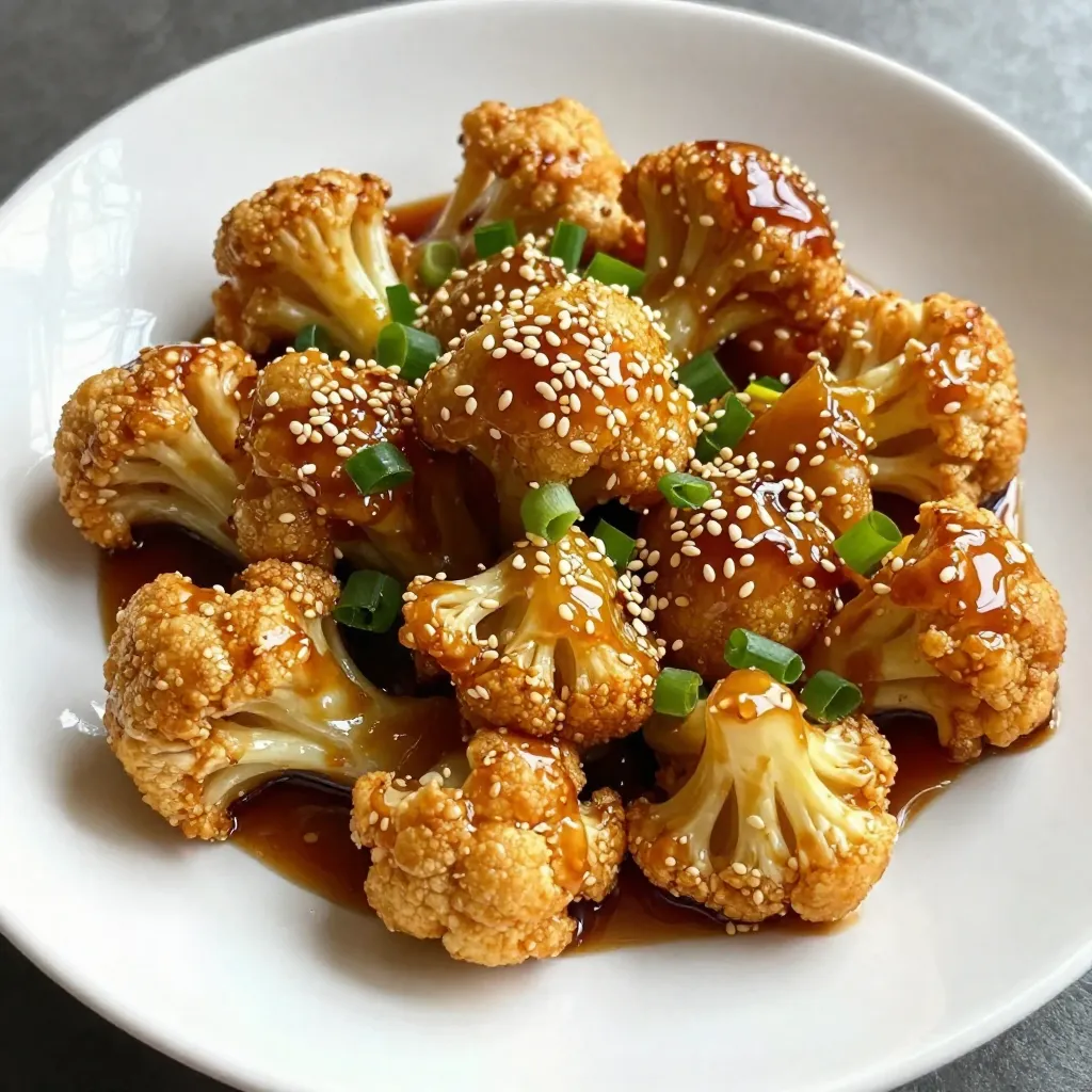 - Cauliflower florets - 1 cup all-purpose flour - 1/2 cup cornstarch - 1 teaspoon garlic powder - 1 teaspoon onion powder - 1/2 teaspoon salt - 1/4 teaspoon black pepper - 1/2 cup water - Oil for frying (vegetable or canola) - 1/4 cup soy sauce - 2 tablespoons maple syrup - 1 tablespoon rice vinegar - 2 teaspoons sesame oil To make Sticky Sesame Cauliflower, you need fresh cauliflower. I prefer medium-sized florets. They fry nicely and soak up the sauce well. The batter is key to getting that perfect crunch. You mix flour, cornstarch, garlic powder, onion powder, salt, and pepper in a bowl. Then add water slowly until the batter is smooth. For the sauce, combine soy sauce, maple syrup, rice vinegar, and sesame oil. This mix gives the dish its sticky and sweet flavor. - Toasted sesame seeds - Chopped green onions Garnishes add texture and flavor. I love to sprinkle toasted sesame seeds on top. They add a nice crunch. Chopped green onions bring a fresh taste and color to the dish. - Vegetable oil - Canola oil For frying, I recommend using vegetable or canola oil. Both oils have a high smoke point. This keeps the cauliflower crispy and prevents burning. Make sure to heat the oil well before adding the batter-coated florets. This step is crucial for getting that golden, crispy finish. {{ingredient_image_1}} To start, gather your dry ingredients. You need 1 cup of all-purpose flour, 1/2 cup of cornstarch, 1 teaspoon of garlic powder, 1 teaspoon of onion powder, 1/2 teaspoon of salt, and 1/4 teaspoon of black pepper. Mix them in a bowl. This blend gives the batter a tasty kick. Next, add water. Pour in 1/2 cup of water slowly while you whisk. Keep stirring until the batter is smooth and thick. This step is key. A good batter sticks well to the cauliflower, giving it that crunchy coating. Now it&rsquo;s time for the cauliflower. Take your medium head of cauliflower and cut it into florets. Dip each floret into the batter. Make sure each piece is covered well. Let any extra batter drip off. This helps with the frying process. If the batter is too thick, it won't fry right. Heat oil for frying. Use a large pot or deep skillet. Set the heat to medium-high. Check the oil&rsquo;s readiness by dropping a tiny bit of batter into it. If it sizzles, you are good to go. Carefully add the coated florets in batches. Fry them for about 4-5 minutes. You want them golden brown and crispy. Avoid crowding the pan. This keeps the heat even. Once done, remove them and place them on a paper towel-lined plate. This helps soak up extra oil. Enjoy the crispy texture! For the best crispy texture, batter consistency matters a lot. Aim for a thick batter that clings well to the cauliflower. If it's too runny, it won't coat properly, leading to soggy bites. Start with one cup of all-purpose flour and half a cup of cornstarch. Mix in your spices and then add water bit by bit until you reach a smooth texture. Timing is key when frying. Fry the cauliflower in small batches. This keeps the oil temperature steady, helping each piece become golden and crispy. If you overcrowd the pan, the temperature drops. This can make your cauliflower greasy instead of crispy. To boost the flavor of your sticky sesame cauliflower, add more spices to the batter. Consider using cayenne for heat or smoked paprika for a smoky touch. You can also mix in some ginger powder for warmth. For the sauce, thickness matters too. If you want a thicker sauce, let it simmer longer to reduce. You can also add a cornstarch slurry (mix cornstarch with water) to thicken it quickly. Just stir it in while cooking. When serving, a colorful platter makes a big difference. Place the sticky cauliflower on a bright dish for contrast. Sprinkle extra sesame seeds on top for a nice touch. Adding chopped green onions not only adds color but also a fresh bite. Wedge some lime slices on the side. When squeezed over the dish, they add a zesty kick. This makes your dish not just tasty but also appealing to the eyes. Pro Tips Ensure Even Coating: Make sure each cauliflower floret is thoroughly coated with the batter to achieve a uniform crispness when frying. Maintain Oil Temperature: Keep the oil at a consistent medium-high heat. If the temperature drops, the batter may become soggy instead of crispy. Batch Frying: Fry the cauliflower in small batches to avoid overcrowding the pot. This ensures even cooking and prevents the temperature from dropping too much. Customize the Sauce: Feel free to adjust the sweetness or saltiness of the sauce by adding more maple syrup or soy sauce according to your taste preference. {{image_2}} You can switch up the sauce to match your taste. For a spicy kick, add chili garlic sauce or sriracha to the mix. This adds heat and depth to the dish. For a sweet twist, try using honey or agave instead of maple syrup. These options bring a unique flavor that pairs well with the cauliflower. If you want a vegan version, you can use gluten-free flour instead of all-purpose flour. Almond or rice flour works great. You can also swap the maple syrup with agave nectar for a vegan option. Make sure to check that your soy sauce is vegan as well. It&rsquo;s easy to make this dish fit your diet! This dish is a star on its own, but you can make it even better. Serve the sticky sesame cauliflower with steamed rice. It balances the dish perfectly. You can also add stir-fried vegetables for extra color and nutrition. Broccoli, bell peppers, and snap peas work well. Enjoy your meal with friends or family! To keep your sticky sesame cauliflower fresh, start by letting it cool down. Place it on a plate or in a bowl. Avoid sealing it while it's hot; steam can make it soggy. Once it cools, transfer the cauliflower to an airtight container. This step helps maintain its crispness. Store it in the fridge for up to three days. When you want to enjoy your leftovers, reheating is key. To keep the cauliflower crispy, use the oven or an air fryer. Preheat your oven to 350&deg;F (175&deg;C). Spread the cauliflower on a baking sheet in a single layer. Bake for about 10-15 minutes. If using an air fryer, set it to 350&deg;F (175&deg;C) and heat for about 5-8 minutes. Keep an eye on it to avoid burning. You can freeze sticky sesame cauliflower, but timing matters. It&rsquo;s best to freeze it before frying. After coating the florets, place them on a baking sheet. Freeze them until solid, then transfer to a freezer bag. This method prevents them from sticking together. When ready to cook, fry them directly from frozen, adding a few extra minutes to the cooking time. If you freeze after frying, the texture may suffer. Yes, you can bake it! Baking is a great way to cut down on oil. It makes the dish less greasy. However, baked cauliflower may not be as crispy as fried. To bake, preheat the oven to 425&deg;F (220&deg;C). Spread the coated florets on a baking sheet. Bake for about 20 minutes, flipping halfway through. This method is healthier but may lack the crunch you get from frying. To thicken the sauce, you can make a simple change. Add more cornstarch. Mix one tablespoon of cornstarch with two tablespoons of cold water to create a slurry. Stir this into the sauce while it simmers. Heat it for an extra minute. This will help you achieve that perfect sticky texture you want. Just remember to add slowly and stir well! Sticky Sesame Cauliflower pairs well with many sides. Here are some tasty ideas: - Steamed jasmine rice - Stir-fried mixed vegetables - Quinoa for a nutty flavor - A fresh green salad - Noodles tossed in soy sauce These options help balance the dish's sweetness and add nutrition to your meal. Enjoy experimenting with different pairings! You now have a complete guide to making Sticky Sesame Cauliflower. We covered essential ingredients, step-by-step instructions, and useful tips for perfect texture and flavor. Remember to play with garnishes and sauces to make it your own. Cooking is fun, and your choices can change this dish. Whether you're frying, baking, or trying new ingredients, enjoy the process and share your results!