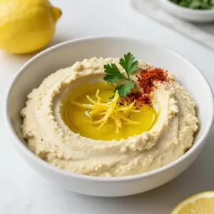 - 1 can (15 oz) chickpeas, drained and rinsed - 1/4 cup tahini - 2 cloves garlic, minced - 2 tablespoons fresh lemon juice - 2 tablespoons extra-virgin olive oil - 1/2 teaspoon ground cumin - Salt to taste - Water (2-4 tablespoons as needed) - Lemon zest (for garnish) - Paprika (for garnish) - Fresh parsley, chopped (for garnish) To make lemon garlic hummus, gather these ingredients first. Each one plays a key role in flavor. The chickpeas are the base. They add creaminess and protein. Tahini brings a nutty taste and smooth texture. Garlic gives a sharp bite that balances the dish. Fresh lemon juice adds brightness and tang. Extra-virgin olive oil enriches the mix and adds depth. Ground cumin gives a warm, earthy note. Salt enhances all the flavors. Water helps adjust the hummus to your desired thickness. Lemon zest, paprika, and parsley are for the finishing touches. They make the dip look beautiful and taste fresh. With this list, you're ready to create a tasty dip that everyone will love. {{ingredient_image_1}} Start by gathering your ingredients. You need a can of chickpeas, tahini, garlic, lemon juice, olive oil, ground cumin, salt, and water. Drain and rinse the chickpeas to remove the canning liquid. Mince the garlic cloves to release their flavor. Zest the lemon to add a fresh touch later. Measure out the tahini and olive oil. This prep makes blending easy. In a food processor, combine the chickpeas, tahini, minced garlic, lemon juice, olive oil, ground cumin, and salt. Process the mix until it is smooth. You may need to scrape down the sides to get everything blended well. If the hummus is thick, add water one tablespoon at a time. Blend until you reach a creamy texture. Taste your hummus and adjust the salt or lemon juice for the best flavor. Scoop the hummus into a serving bowl. Use a spoon to create a small well in the center. Drizzle some olive oil into the well. For garnishing, sprinkle lemon zest, paprika, and chopped parsley on top. This adds color and flavor. Serve your hummus with pita, veggies, or chips for a delicious snack! To get the right texture in your hummus, start by blending the chickpeas and tahini well. If the mixture is too thick, add water slowly. Use 1 tablespoon at a time until it&rsquo;s creamy. You want a smooth dip, not a paste. Scrape the sides of the food processor often. This step makes sure everything mixes evenly. Taste your hummus after blending. If it needs more zing, add extra lemon juice. For more depth, sprinkle in more cumin. Don&rsquo;t forget to adjust the salt. A pinch can change the whole flavor. You can also try adding a little garlic powder if you want a stronger garlic taste. Remember, balance is key. For the best results, use a good food processor. A blender can work, but it might not blend as smoothly. Make sure to have a spatula handy for scraping down the sides. A measuring spoon set is useful for the exact amounts. Using these tools will help you create a perfect dip every time. Pro Tips Use Fresh Ingredients: Fresh garlic and lemon juice will give your hummus a vibrant flavor that canned alternatives can't match. Adjust Consistency: If your hummus is too thick, add water gradually until you reach the desired creaminess; this helps in achieving the perfect texture. Experiment with Flavor: Feel free to add other spices like smoked paprika or cayenne pepper for an extra kick, or try roasted garlic for a different profile. Chill Before Serving: Let your hummus sit in the fridge for at least 30 minutes before serving; this allows the flavors to meld beautifully. {{image_2}} To make spicy lemon garlic hummus, add some heat. Mix in 1 to 2 teaspoons of your favorite hot sauce. You can also add a pinch of cayenne pepper for a kick. This version wakes up your taste buds and brings a new level of flavor. Roasting garlic changes its flavor. It becomes sweet and smooth. Try using 1 to 2 bulbs of roasted garlic instead of fresh. Just blend the roasted cloves into the mix. This version has a rich taste that is perfect for garlic lovers. Herbs add freshness to your hummus. You can mix in fresh herbs like basil, cilantro, or dill. Start with 1/4 cup of chopped herbs. Blend them in for a burst of flavor. This option makes your hummus unique and bright. Feel free to explore these variations. Each one offers a different taste experience to enjoy! To store leftover hummus, place it in an airtight container. This helps keep it fresh. Make sure to press plastic wrap directly onto the hummus to avoid air exposure. It will stay fresh for about five days in the fridge. If you notice any changes in smell or color, throw it out. You can freeze lemon garlic hummus for longer storage. Transfer it to a freezer-safe container. Leave some space at the top, as hummus expands when frozen. It can last up to three months in the freezer. When ready to eat, thaw it overnight in the fridge. Stir well before serving. To keep your hummus at its best, always use clean utensils. This prevents bacteria from spoiling the dip. If you want to keep it fresh, consider making smaller batches. Enjoy it fresh for the best taste and texture. Adding a drizzle of olive oil on top can also help keep it moist. Hummus works great with many foods. You can dip fresh veggies like carrots, cucumbers, and bell peppers. Pita bread and chips also make tasty choices. You can spread hummus on sandwiches or wraps too. It adds flavor and creaminess. Yes, you can use canned garlic. It saves time and is easy to find. However, fresh garlic gives a stronger taste. If you use canned, try starting with a small amount. Adjust to your liking as you blend. Lemon garlic hummus is not just tasty; it&rsquo;s healthy too. Chickpeas provide protein and fiber. Garlic can boost your immune system. Lemon juice adds vitamin C, which is great for skin and health. Olive oil has healthy fats that are good for your heart. Homemade hummus lasts about one week in the fridge. Store it in an airtight container. If you notice any off smells or colors, it&rsquo;s best to toss it. Always check before you eat. You can find pre-made lemon garlic hummus at many grocery stores. Look in the deli section or near the dips. Brands vary, so check the ingredients for what you like. Local markets may have fresh options as well. This blog post shared how to make delicious hummus with simple ingredients and clear steps. You learned about preparing, blending, and presenting hummus. I also provided tips for the right texture and flavor. Variations let you get creative, while storage tips keep your hummus fresh. Homemade hummus is easy, healthy, and tasty. Enjoy making it your way!