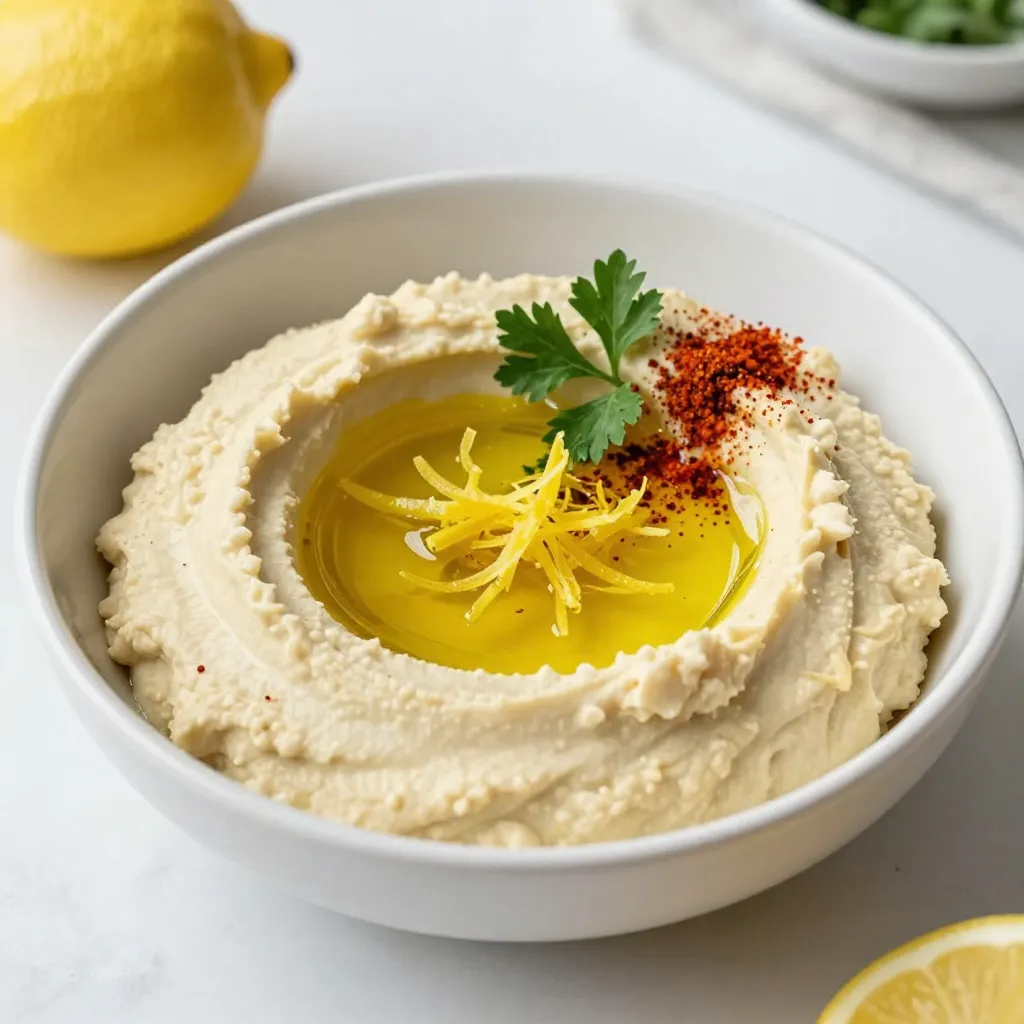 - 1 can (15 oz) chickpeas, drained and rinsed - 1/4 cup tahini - 2 cloves garlic, minced - 2 tablespoons fresh lemon juice - 2 tablespoons extra-virgin olive oil - 1/2 teaspoon ground cumin - Salt to taste - Water (2-4 tablespoons as needed) - Lemon zest (for garnish) - Paprika (for garnish) - Fresh parsley, chopped (for garnish) To make lemon garlic hummus, gather these ingredients first. Each one plays a key role in flavor. The chickpeas are the base. They add creaminess and protein. Tahini brings a nutty taste and smooth texture. Garlic gives a sharp bite that balances the dish. Fresh lemon juice adds brightness and tang. Extra-virgin olive oil enriches the mix and adds depth. Ground cumin gives a warm, earthy note. Salt enhances all the flavors. Water helps adjust the hummus to your desired thickness. Lemon zest, paprika, and parsley are for the finishing touches. They make the dip look beautiful and taste fresh. With this list, you're ready to create a tasty dip that everyone will love. {{ingredient_image_1}} Start by gathering your ingredients. You need a can of chickpeas, tahini, garlic, lemon juice, olive oil, ground cumin, salt, and water. Drain and rinse the chickpeas to remove the canning liquid. Mince the garlic cloves to release their flavor. Zest the lemon to add a fresh touch later. Measure out the tahini and olive oil. This prep makes blending easy. In a food processor, combine the chickpeas, tahini, minced garlic, lemon juice, olive oil, ground cumin, and salt. Process the mix until it is smooth. You may need to scrape down the sides to get everything blended well. If the hummus is thick, add water one tablespoon at a time. Blend until you reach a creamy texture. Taste your hummus and adjust the salt or lemon juice for the best flavor. Scoop the hummus into a serving bowl. Use a spoon to create a small well in the center. Drizzle some olive oil into the well. For garnishing, sprinkle lemon zest, paprika, and chopped parsley on top. This adds color and flavor. Serve your hummus with pita, veggies, or chips for a delicious snack! To get the right texture in your hummus, start by blending the chickpeas and tahini well. If the mixture is too thick, add water slowly. Use 1 tablespoon at a time until it’s creamy. You want a smooth dip, not a paste. Scrape the sides of the food processor often. This step makes sure everything mixes evenly. Taste your hummus after blending. If it needs more zing, add extra lemon juice. For more depth, sprinkle in more cumin. Don’t forget to adjust the salt. A pinch can change the whole flavor. You can also try adding a little garlic powder if you want a stronger garlic taste. Remember, balance is key. For the best results, use a good food processor. A blender can work, but it might not blend as smoothly. Make sure to have a spatula handy for scraping down the sides. A measuring spoon set is useful for the exact amounts. Using these tools will help you create a perfect dip every time. Pro Tips Use Fresh Ingredients: Fresh garlic and lemon juice will give your hummus a vibrant flavor that canned alternatives can't match. Adjust Consistency: If your hummus is too thick, add water gradually until you reach the desired creaminess; this helps in achieving the perfect texture. Experiment with Flavor: Feel free to add other spices like smoked paprika or cayenne pepper for an extra kick, or try roasted garlic for a different profile. Chill Before Serving: Let your hummus sit in the fridge for at least 30 minutes before serving; this allows the flavors to meld beautifully. {{image_2}} To make spicy lemon garlic hummus, add some heat. Mix in 1 to 2 teaspoons of your favorite hot sauce. You can also add a pinch of cayenne pepper for a kick. This version wakes up your taste buds and brings a new level of flavor. Roasting garlic changes its flavor. It becomes sweet and smooth. Try using 1 to 2 bulbs of roasted garlic instead of fresh. Just blend the roasted cloves into the mix. This version has a rich taste that is perfect for garlic lovers. Herbs add freshness to your hummus. You can mix in fresh herbs like basil, cilantro, or dill. Start with 1/4 cup of chopped herbs. Blend them in for a burst of flavor. This option makes your hummus unique and bright. Feel free to explore these variations. Each one offers a different taste experience to enjoy! To store leftover hummus, place it in an airtight container. This helps keep it fresh. Make sure to press plastic wrap directly onto the hummus to avoid air exposure. It will stay fresh for about five days in the fridge. If you notice any changes in smell or color, throw it out. You can freeze lemon garlic hummus for longer storage. Transfer it to a freezer-safe container. Leave some space at the top, as hummus expands when frozen. It can last up to three months in the freezer. When ready to eat, thaw it overnight in the fridge. Stir well before serving. To keep your hummus at its best, always use clean utensils. This prevents bacteria from spoiling the dip. If you want to keep it fresh, consider making smaller batches. Enjoy it fresh for the best taste and texture. Adding a drizzle of olive oil on top can also help keep it moist. Hummus works great with many foods. You can dip fresh veggies like carrots, cucumbers, and bell peppers. Pita bread and chips also make tasty choices. You can spread hummus on sandwiches or wraps too. It adds flavor and creaminess. Yes, you can use canned garlic. It saves time and is easy to find. However, fresh garlic gives a stronger taste. If you use canned, try starting with a small amount. Adjust to your liking as you blend. Lemon garlic hummus is not just tasty; it’s healthy too. Chickpeas provide protein and fiber. Garlic can boost your immune system. Lemon juice adds vitamin C, which is great for skin and health. Olive oil has healthy fats that are good for your heart. Homemade hummus lasts about one week in the fridge. Store it in an airtight container. If you notice any off smells or colors, it’s best to toss it. Always check before you eat. You can find pre-made lemon garlic hummus at many grocery stores. Look in the deli section or near the dips. Brands vary, so check the ingredients for what you like. Local markets may have fresh options as well. This blog post shared how to make delicious hummus with simple ingredients and clear steps. You learned about preparing, blending, and presenting hummus. I also provided tips for the right texture and flavor. Variations let you get creative, while storage tips keep your hummus fresh. Homemade hummus is easy, healthy, and tasty. Enjoy making it your way!