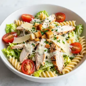 For a tasty Chicken Caesar Pasta Salad, you need some key ingredients: - 2 cups rotini or fusilli pasta - 1 cup cooked chicken breast, shredded - 1 cup romaine lettuce, chopped - &frac12; cup cherry tomatoes, halved - &frac12; cup parmesan cheese, shaved - &frac14; cup Caesar dressing (homemade or store-bought) - 1 teaspoon garlic powder - 1 teaspoon black pepper - &frac12; teaspoon salt - Fresh parsley for garnish These ingredients create a fresh, creamy salad packed with flavor. The rotini or fusilli pasta holds the dressing well. Shredded chicken adds protein and heartiness. Romaine lettuce and cherry tomatoes give a crisp bite. To customize your salad, consider these optional add-ins: - &frac12; cup croutons for crunch - Avocado slices for creaminess - Sliced olives for a briny touch - Cooked bacon bits for extra flavor - Fresh herbs like basil or cilantro for brightness Adding these can boost taste and texture. Croutons add crunch, while avocado makes it creamy. Each option enhances the salad in its own way. To make this salad, use these handy tools: - Large pot for boiling pasta - Colander for draining pasta - Mixing bowl for combining ingredients - Knife and cutting board for chopping - Serving spoon for mixing and serving These tools help simplify the cooking process. A large pot lets you boil pasta easily. A mixing bowl makes it simple to toss everything together. {{ingredient_image_1}} To start, boil salted water in a large pot. Add 2 cups of rotini or fusilli pasta. Cook according to the package until the pasta is al dente. This usually takes about 8 to 10 minutes. After cooking, drain the pasta and rinse it with cold water. This step cools it down and stops the cooking process. Next, take 1 cup of cooked chicken breast. If you have leftovers, shred them into small pieces. If you&rsquo;re cooking fresh chicken, season it with 1 teaspoon of garlic powder, 1 teaspoon of black pepper, and &frac12; teaspoon of salt. Cook it until it's done, then shred it. In a large mixing bowl, combine the cooled pasta, shredded chicken, 1 cup of chopped romaine lettuce, &frac12; cup of halved cherry tomatoes, and &frac12; cup of shaved parmesan cheese. Mix them well. This is where all the flavors come together. Now it&rsquo;s time to dress the salad. Pour &frac14; cup of Caesar dressing over the mixture. Gently toss everything together. Make sure each piece is coated in the dressing. This adds creaminess and flavor to the salad. To let the flavors meld, refrigerate the salad for at least 30 minutes. This step is key for a tasty salad. It allows the ingredients to blend and enhances the overall taste. Before serving, give the salad a final toss. Taste it to see if it needs more seasoning. For extra crunch, you can fold in &frac12; cup of croutons. Serve the salad in a large bowl. Garnish with more parmesan cheese and freshly chopped parsley for a pop of color. If you want to impress, use clear glass bowls for individual servings to show off the layers. To cook pasta just right, start with a large pot. Fill it with water and add a pinch of salt. Bring it to a boil before adding the pasta. Rotini or fusilli work great here. Cook it until it's al dente, which means it should still have a slight bite. This keeps your pasta from getting mushy in the salad. Once done, drain the pasta and rinse it under cold water. This stops the cooking and cools it down fast. Seasoning is key for a tasty salad. Use garlic powder, black pepper, and salt to bring out the flavors. Sprinkle these on your chicken before shredding it. You can also mix them directly into the pasta. This adds a layer of flavor that makes a big difference. If you want more crunch, add croutons right before serving. They give a nice texture and boost the taste. Presentation makes your dish look inviting. Serve the salad in a large bowl for family-style dining. Top it with extra parmesan cheese and a sprinkle of fresh parsley for color. If you want to impress, use clear glass bowls for individual servings. This lets the layers and colors shine through. A bright salad not only tastes good but also looks great on your table! Pro Tips Cook Pasta Al Dente: Make sure to cook the pasta until it is al dente for the best texture. This allows it to hold up well in the salad and avoids becoming mushy when mixed with the dressing. Use Fresh Ingredients: For the best flavor, use fresh romaine lettuce and ripe cherry tomatoes. Fresh ingredients elevate the overall taste of the salad. Chill Before Serving: Allow the pasta salad to chill in the refrigerator for at least 30 minutes. This helps the flavors meld together and enhances the overall taste. Customize Your Dressing: Feel free to adjust the amount of Caesar dressing to your liking. Start with less and add more if needed, depending on how creamy you want your salad. {{image_2}} You can switch chicken for other proteins. Tofu offers a great vegetarian option. Use firm tofu and press out the water. Then, cube it and toss it in the salad. Shrimp is another tasty choice. Cook shrimp until pink and juicy. Let them cool before adding them. Both options keep the meal fun and fresh. The type of pasta you use can change the dish. While rotini and fusilli are great, you can try penne or farfalle. These shapes hold the dressing well. Their unique forms add fun to your salad. Experiment with whole wheat pasta for a healthier twist. It gives a nutty flavor and extra fiber too. You can easily make this salad dairy-free or vegan. Use a vegan Caesar dressing instead of regular. Many brands now offer tasty plant-based options. You can also make your own! Blend soaked cashews, garlic, lemon juice, and nutritional yeast. This will give you a creamy, rich dressing without dairy. Storing your Chicken Caesar Pasta Salad right keeps it fresh. First, place the salad in an airtight container. This stops air from getting in and helps keep flavors strong. If you added croutons, keep them separate. Croutons can get soggy in the salad. To avoid this, add them just before you serve. You can store Chicken Caesar Pasta Salad in the fridge for about 3 days. After three days, the ingredients may lose their taste and texture. Always check for any signs of spoilage before eating. If you see any mold or an off smell, throw it away. Freezing the Chicken Caesar Pasta Salad is possible, but it may change the texture. To freeze, place the salad in a freezer-safe container. You can also freeze the dressing and pasta separately. When ready to eat, thaw everything in the fridge overnight. Then, mix, and enjoy! Yes, you can. This salad tastes even better after sitting in the fridge. Make it a day before your meal. Just keep the croutons separate until serving time. They stay crunchy this way. Rotini and fusilli are great choices. Their shapes hold the dressing well. You could also use penne or farfalle. These shapes add fun and texture to your salad. Add more veggies like bell peppers or cucumbers. You can use whole grain pasta for extra fiber. Swap Caesar dressing with a yogurt-based one. This lowers the fat without losing flavor. Yes, you can use ranch or vinaigrette. Both options bring unique tastes. If you want a lighter touch, try a lemon olive oil dressing. Each choice will change the flavor but still taste great! This blog post covered how to make a tasty Chicken Caesar Pasta Salad. We looked at key ingredients, cooking tips, and steps for the perfect dish. You can even try fun variations, like using shrimp or dairy-free dressings. Remember, the best part is customizing it to your taste. Make it a go-to recipe for any gathering. Enjoy your cooking and the tasty meal that follows!