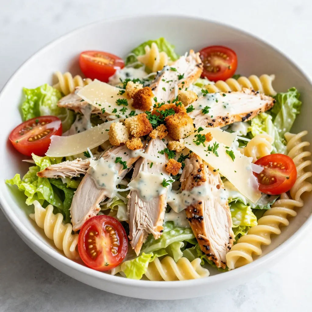 For a tasty Chicken Caesar Pasta Salad, you need some key ingredients: - 2 cups rotini or fusilli pasta - 1 cup cooked chicken breast, shredded - 1 cup romaine lettuce, chopped - ½ cup cherry tomatoes, halved - ½ cup parmesan cheese, shaved - ¼ cup Caesar dressing (homemade or store-bought) - 1 teaspoon garlic powder - 1 teaspoon black pepper - ½ teaspoon salt - Fresh parsley for garnish These ingredients create a fresh, creamy salad packed with flavor. The rotini or fusilli pasta holds the dressing well. Shredded chicken adds protein and heartiness. Romaine lettuce and cherry tomatoes give a crisp bite. To customize your salad, consider these optional add-ins: - ½ cup croutons for crunch - Avocado slices for creaminess - Sliced olives for a briny touch - Cooked bacon bits for extra flavor - Fresh herbs like basil or cilantro for brightness Adding these can boost taste and texture. Croutons add crunch, while avocado makes it creamy. Each option enhances the salad in its own way. To make this salad, use these handy tools: - Large pot for boiling pasta - Colander for draining pasta - Mixing bowl for combining ingredients - Knife and cutting board for chopping - Serving spoon for mixing and serving These tools help simplify the cooking process. A large pot lets you boil pasta easily. A mixing bowl makes it simple to toss everything together. {{ingredient_image_1}} To start, boil salted water in a large pot. Add 2 cups of rotini or fusilli pasta. Cook according to the package until the pasta is al dente. This usually takes about 8 to 10 minutes. After cooking, drain the pasta and rinse it with cold water. This step cools it down and stops the cooking process. Next, take 1 cup of cooked chicken breast. If you have leftovers, shred them into small pieces. If you’re cooking fresh chicken, season it with 1 teaspoon of garlic powder, 1 teaspoon of black pepper, and ½ teaspoon of salt. Cook it until it's done, then shred it. In a large mixing bowl, combine the cooled pasta, shredded chicken, 1 cup of chopped romaine lettuce, ½ cup of halved cherry tomatoes, and ½ cup of shaved parmesan cheese. Mix them well. This is where all the flavors come together. Now it’s time to dress the salad. Pour ¼ cup of Caesar dressing over the mixture. Gently toss everything together. Make sure each piece is coated in the dressing. This adds creaminess and flavor to the salad. To let the flavors meld, refrigerate the salad for at least 30 minutes. This step is key for a tasty salad. It allows the ingredients to blend and enhances the overall taste. Before serving, give the salad a final toss. Taste it to see if it needs more seasoning. For extra crunch, you can fold in ½ cup of croutons. Serve the salad in a large bowl. Garnish with more parmesan cheese and freshly chopped parsley for a pop of color. If you want to impress, use clear glass bowls for individual servings to show off the layers. To cook pasta just right, start with a large pot. Fill it with water and add a pinch of salt. Bring it to a boil before adding the pasta. Rotini or fusilli work great here. Cook it until it's al dente, which means it should still have a slight bite. This keeps your pasta from getting mushy in the salad. Once done, drain the pasta and rinse it under cold water. This stops the cooking and cools it down fast. Seasoning is key for a tasty salad. Use garlic powder, black pepper, and salt to bring out the flavors. Sprinkle these on your chicken before shredding it. You can also mix them directly into the pasta. This adds a layer of flavor that makes a big difference. If you want more crunch, add croutons right before serving. They give a nice texture and boost the taste. Presentation makes your dish look inviting. Serve the salad in a large bowl for family-style dining. Top it with extra parmesan cheese and a sprinkle of fresh parsley for color. If you want to impress, use clear glass bowls for individual servings. This lets the layers and colors shine through. A bright salad not only tastes good but also looks great on your table! Pro Tips Cook Pasta Al Dente: Make sure to cook the pasta until it is al dente for the best texture. This allows it to hold up well in the salad and avoids becoming mushy when mixed with the dressing. Use Fresh Ingredients: For the best flavor, use fresh romaine lettuce and ripe cherry tomatoes. Fresh ingredients elevate the overall taste of the salad. Chill Before Serving: Allow the pasta salad to chill in the refrigerator for at least 30 minutes. This helps the flavors meld together and enhances the overall taste. Customize Your Dressing: Feel free to adjust the amount of Caesar dressing to your liking. Start with less and add more if needed, depending on how creamy you want your salad. {{image_2}} You can switch chicken for other proteins. Tofu offers a great vegetarian option. Use firm tofu and press out the water. Then, cube it and toss it in the salad. Shrimp is another tasty choice. Cook shrimp until pink and juicy. Let them cool before adding them. Both options keep the meal fun and fresh. The type of pasta you use can change the dish. While rotini and fusilli are great, you can try penne or farfalle. These shapes hold the dressing well. Their unique forms add fun to your salad. Experiment with whole wheat pasta for a healthier twist. It gives a nutty flavor and extra fiber too. You can easily make this salad dairy-free or vegan. Use a vegan Caesar dressing instead of regular. Many brands now offer tasty plant-based options. You can also make your own! Blend soaked cashews, garlic, lemon juice, and nutritional yeast. This will give you a creamy, rich dressing without dairy. Storing your Chicken Caesar Pasta Salad right keeps it fresh. First, place the salad in an airtight container. This stops air from getting in and helps keep flavors strong. If you added croutons, keep them separate. Croutons can get soggy in the salad. To avoid this, add them just before you serve. You can store Chicken Caesar Pasta Salad in the fridge for about 3 days. After three days, the ingredients may lose their taste and texture. Always check for any signs of spoilage before eating. If you see any mold or an off smell, throw it away. Freezing the Chicken Caesar Pasta Salad is possible, but it may change the texture. To freeze, place the salad in a freezer-safe container. You can also freeze the dressing and pasta separately. When ready to eat, thaw everything in the fridge overnight. Then, mix, and enjoy! Yes, you can. This salad tastes even better after sitting in the fridge. Make it a day before your meal. Just keep the croutons separate until serving time. They stay crunchy this way. Rotini and fusilli are great choices. Their shapes hold the dressing well. You could also use penne or farfalle. These shapes add fun and texture to your salad. Add more veggies like bell peppers or cucumbers. You can use whole grain pasta for extra fiber. Swap Caesar dressing with a yogurt-based one. This lowers the fat without losing flavor. Yes, you can use ranch or vinaigrette. Both options bring unique tastes. If you want a lighter touch, try a lemon olive oil dressing. Each choice will change the flavor but still taste great! This blog post covered how to make a tasty Chicken Caesar Pasta Salad. We looked at key ingredients, cooking tips, and steps for the perfect dish. You can even try fun variations, like using shrimp or dairy-free dressings. Remember, the best part is customizing it to your taste. Make it a go-to recipe for any gathering. Enjoy your cooking and the tasty meal that follows!