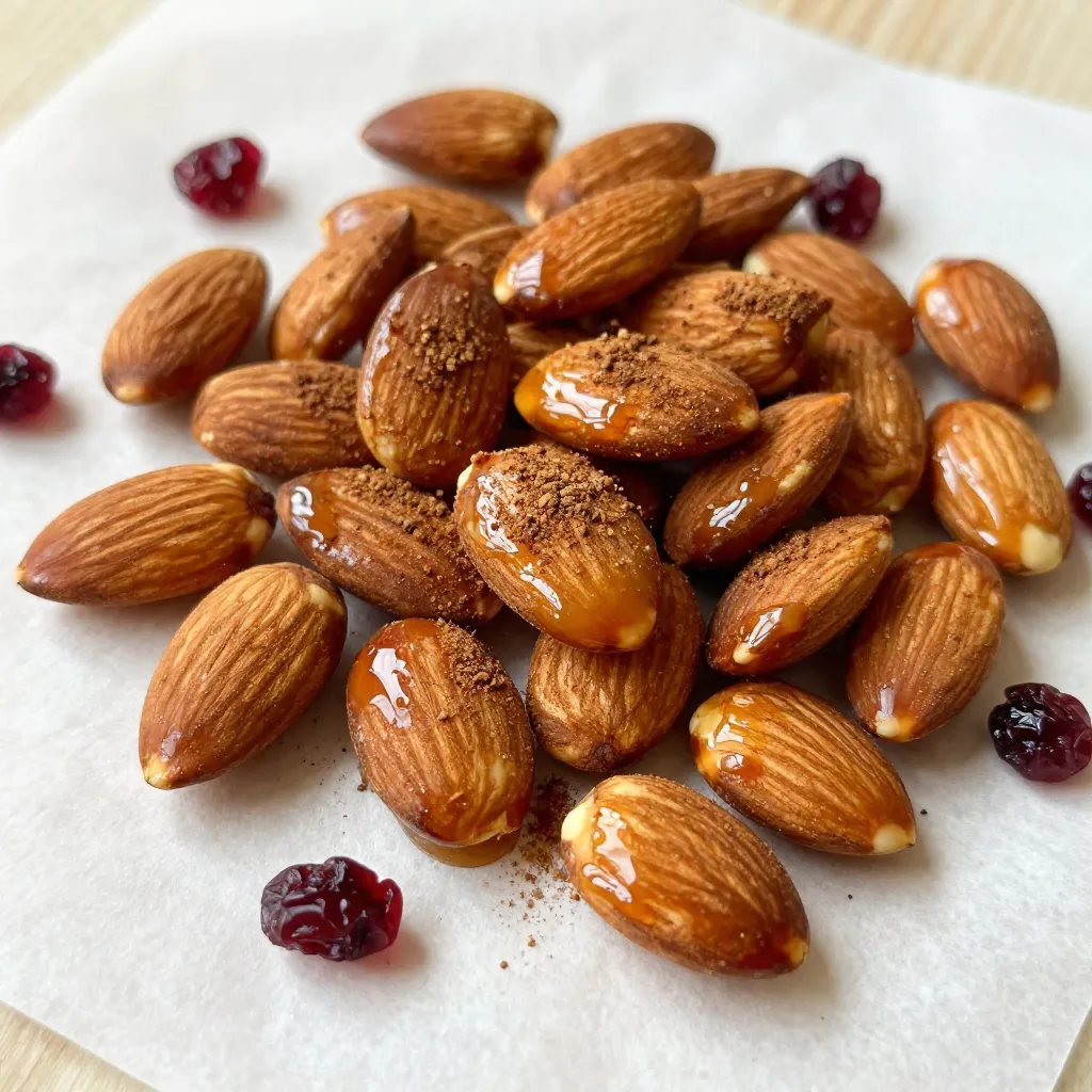 To make Maple Cinnamon Roasted Almonds, gather these simple ingredients: - 2 cups raw almonds - 1/4 cup pure maple syrup - 1 tablespoon ground cinnamon - 1/4 teaspoon salt - 1/2 teaspoon vanilla extract - 1 tablespoon coconut oil (or olive oil) These ingredients create a sweet and warm flavor that you will love. To make your roasted almonds even more exciting, try adding: - 1/4 cup dried cranberries or raisins for extra sweetness - A pinch of nutmeg for a warm spice that complements cinnamon These options let you customize your snack to suit your taste. For the best flavor, choose high-quality ingredients. Look for: - Raw almonds from a trusted store or farmer's market - Pure maple syrup, not imitation syrup, for a rich taste - Fresh ground cinnamon to ensure full flavor Shopping at local markets helps you find the freshest options. {{ingredient_image_1}} Start by preheating your oven to 350&deg;F (175&deg;C). This step is key for even roasting. Next, grab a baking sheet and line it with parchment paper. The parchment helps prevent sticking and makes cleanup easy. You want a clean surface where the almonds can roast freely. In a mixing bowl, add these ingredients: - 1/4 cup pure maple syrup - 1 tablespoon ground cinnamon - 1/4 teaspoon salt - 1/2 teaspoon vanilla extract - 1 tablespoon coconut oil (or olive oil) Whisk them together until they blend into a smooth mixture. The maple syrup will give sweetness, while the cinnamon adds warmth. The salt enhances the flavors. This blend coats the almonds well, making them tasty. Now, add 2 cups of raw almonds to your bowl. Stir them until they are fully coated with the maple-cinnamon mixture. This step ensures every almond gets flavor. Then, spread the coated almonds in a single layer on the lined baking sheet. Make sure they are not too crowded. This will help them roast evenly. Place the baking sheet in your preheated oven. Roast for about 15-20 minutes. Remember to stir the almonds halfway through. This helps them brown nicely. Watch them closely to avoid burning. You want them golden brown and fragrant. Once done, take them out and let them cool on the baking sheet. The almonds will harden as they cool. If you like, toss in 1/4 cup of dried cranberries or raisins for added sweetness after cooling. Once cool, store the almonds in an airtight container. Enjoy your tasty snack! To get the best flavor, use pure maple syrup. It adds a rich, sweet taste. Ground cinnamon is key too; it gives warmth and spice. Make sure to mix your ingredients well. This helps each almond get coated evenly. If you want extra sweetness, add dried cranberries or raisins. They pair great with the maple and cinnamon. To prevent burning, check your almonds often while roasting. Stir them halfway through to keep them from browning too much. Use a timer for 15 minutes, but watch closely after that. If they smell nutty, they are close to done. You want them golden brown, not dark brown. For freshness, store your roasted almonds in an airtight container. This keeps them crunchy and tasty. Make sure they are completely cool before you store them. If left at room temperature, they last about a week. For longer storage, keep them in the fridge. They can last up to a month that way. Pro Tips Watch the Oven: Keep a close eye on the almonds as they roast. They can go from perfectly golden to burnt in just a minute or two. Experiment with Flavors: Feel free to add other spices like nutmeg or ginger for a unique twist on the flavor profile. Storage Matters: Store the cooled almonds in an airtight container at room temperature to keep them fresh and crunchy. Perfect Pairing: These roasted almonds make a great snack on their own or can be added to salads and yogurt for extra crunch and flavor. {{image_2}} You can switch up the sweeteners in this recipe. If you want less sugar, try using honey or agave syrup. Both can bring a nice flavor twist. You might also like to use brown sugar for a deeper taste. For spices, consider using nutmeg or ginger. Each spice adds a new layer of warmth. You can mix and match these options to find your favorite blend. Feel free to add other nuts or seeds to this recipe. Cashews or pecans pair well with almonds. They offer different textures and flavors. You can also try seeds like pumpkin or sunflower seeds. They add crunch and healthy fats. When adding, keep the total amount the same. This helps the coating stick well. Mix the nuts and seeds in the same bowl before roasting. Roasted almonds are great on their own, but you can use them in many ways. Try adding them to salads for a crunchy bite. They work well in granola or trail mix too. You can also sprinkle them on yogurt for extra taste. Another fun idea is to use them in baking. Chop them and add to cookies or muffins. They can even be a topping for ice cream. The options are endless, so get creative! Maple cinnamon roasted almonds are not only tasty but also packed with nutrition. A typical serving of these almonds (about 1 ounce or 28 grams) contains: - Calories: Approximately 170 - Protein: 6 grams - Fat: 15 grams - Carbohydrates: 8 grams - Fiber: 3 grams These numbers can vary based on the exact amounts of maple syrup and any added fruits. The almonds provide healthy fats, protein, and fiber, making them a smart snack choice. Almonds are a nutrient-rich food with several health benefits: - Heart health: Almonds can help lower bad cholesterol levels. They may lower the risk of heart disease. - Weight management: Eating almonds in moderation can help with weight control. - Nutrient density: They are high in vitamin E, magnesium, and antioxidants. Maple syrup also has its perks: - Natural sweetener: It is a better alternative to refined sugars. - Rich in minerals: Maple syrup contains zinc, manganese, and calcium. - Antioxidants: It offers antioxidants that can help reduce inflammation. Combining almonds with maple syrup creates a snack that is both delicious and good for you. To enjoy maple cinnamon roasted almonds as a balanced snack, consider these ideas: - Pair them with Greek yogurt for protein and creaminess. - Mix them into oatmeal for added texture and flavor. - Serve with apple slices for a sweet and crunchy combo. These options can enhance the snack's nutritional value and keep you full longer. Enjoy your healthy treat! Yes, you can use other nuts. Try walnuts, pecans, or cashews. Each nut brings a unique flavor. You may need to adjust the roasting time. Walnuts may roast faster, while pecans may take a bit longer. Always watch them closely to avoid burning. The almonds are done when they turn golden brown and smell nice. They usually take about 15 to 20 minutes in the oven. Stir them halfway to ensure even cooking. If they look dark or smell burnt, they are overdone. Always trust your senses! Leftover roasted almonds are great for snacks or toppings. You can add them to salads or yogurt. They also make a tasty addition to oatmeal. Store them in an airtight container to keep them fresh. Enjoy them as a quick snack anytime! This guide covered everything you need for delicious roasted almonds. You learned the best ingredients and how to prepare them. We walked through simple steps for roasting and shared tips to enhance flavor and freshness. The variations offered creative ideas, while the nutritional section highlighted their health benefits. Remember, choose quality ingredients for the best taste. Enjoy your roasted almonds as a snack or in recipes. Combining knowledge and practice will lead to tasty results every time.