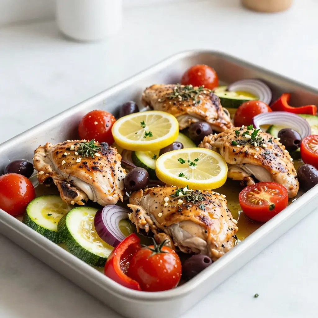 - 4 boneless, skinless chicken thighs - 2 cups cherry tomatoes, halved - 1 zucchini, sliced into half-moons - 1 red bell pepper, sliced - 1 red onion, cut into wedges - 1 cup Kalamata olives, pitted - 3 cloves garlic, minced - 2 tablespoons olive oil - 2 teaspoons dried oregano - 1 teaspoon dried thyme - Salt and pepper to taste - 1 lemon, sliced - Fresh parsley, chopped (for garnish) I love how simple and fresh this Greek Chicken Sheet Pan Dinner is. The main ingredients create a colorful mix. The chicken thighs give a juicy bite that pairs well with the sweet cherry tomatoes. Slicing the zucchini into half-moons adds a fun shape. The red bell pepper and onion bring vibrant color and sweet flavor. Kalamata olives add a salty touch. For seasoning, I use garlic to enhance the dish. Olive oil keeps everything moist while adding richness. Dried oregano and thyme give that classic Greek taste. Don't forget salt and pepper to bring out all the flavors. Lastly, lemon slices brighten the dish. Fresh parsley adds a nice pop of color and freshness. Gather these ingredients, and you’re ready to create a meal that’s full of flavor and easy to make! {{ingredient_image_1}} - Preheat the oven to 425°F (220°C). - In a large bowl, combine the chicken thighs, cherry tomatoes, zucchini, red bell pepper, red onion, and Kalamata olives. - Add the minced garlic, olive oil, dried oregano, dried thyme, salt, and pepper to the bowl. Toss everything until the chicken and vegetables are well coated. This step is key. Preheating the oven ensures even cooking. Mixing the chicken and veggies with the olive oil and spices brings out their flavors. You want every bite bursting with taste. - Arrange the chicken and vegetables on a large parchment-lined baking sheet, making sure to spread them out evenly. - Place lemon slices on top of the chicken and around the veggies for added flavor. - Bake in the preheated oven for 25-30 minutes, or until the chicken is cooked through (165°F internal temperature) and the vegetables are tender and slightly caramelized. Spreading the chicken and veggies out helps them cook evenly. The lemon slices add a zesty punch that brightens the dish. You’ll know it’s ready when the chicken is juicy and the veggies are soft. - Once done, remove from the oven and let it rest for a few minutes. - Garnish with freshly chopped parsley before serving. Letting the dish rest allows the juices to settle. This keeps the chicken moist. The parsley adds a fresh touch and a pop of color. Enjoy your meal! To ensure even cooking for chicken and veggies, cut all pieces to a similar size. This way, they cook at the same rate. Spread the chicken and vegetables out on the baking sheet. Avoid crowding them. If they are too close, they will steam instead of roast. To check chicken doneness, use a meat thermometer. The internal temperature should reach 165°F. If you do not have a thermometer, cut into the thickest part. The juices should run clear, not pink. For a tasty marinade, mix olive oil, lemon juice, garlic, and herbs. Let the chicken marinate for at least 30 minutes. You can also use Greek yogurt for a creamy twist. This adds flavor and keeps the chicken moist. Add extra veggies like asparagus or baby potatoes for a heartier meal. Fresh herbs such as dill or mint can brighten the dish. You can sprinkle them on right before serving for a fresh taste. For plating, use a large serving platter. Arrange the chicken and veggies in a colorful way. Place lemon slices on top for a pop of color. Garnish with fresh parsley for a finishing touch. You can serve the dish with a side of warm pita or a simple salad. This adds more color and texture to your meal. Enjoy the beautiful presentation while you savor each bite! Pro Tips Marinate for More Flavor: If time allows, marinate the chicken thighs in olive oil, lemon juice, and herbs for a few hours or overnight. This enhances the flavor and tenderness of the chicken. Customize Your Vegetables: Feel free to use any seasonal vegetables you have on hand. Bell peppers, asparagus, or even eggplant would work beautifully in this dish. Use Fresh Herbs: While dried herbs work well, using fresh oregano or thyme can elevate the dish's flavor profile and make it even more aromatic. Check Chicken Temperature: Always use a meat thermometer to ensure the chicken reaches an internal temperature of 165°F (74°C) for safe consumption. {{image_2}} You can switch out chicken thighs for other meats. - Chicken Breasts: These are leaner and cook faster. - Pork Chops: They add a nice flavor and grill well. - Fish: Salmon or cod works great too. Just adjust cooking time. For plant-based options, try these: - Tofu: Use firm tofu, marinated for extra taste. - Tempeh: This has a nutty taste and cooks nicely. - Chickpeas: Roasted chickpeas add protein and crunch. The beauty of this dish lies in its flexibility. - Spring: Add asparagus or peas for freshness. - Summer: Use bell peppers and eggplant for color. - Fall: Butternut squash or Brussels sprouts add heartiness. - Winter: Root veggies like carrots or parsnips work well. Feel free to swap or add your favorite veggies. Mediterranean flavors shine in this dish. - Feta Cheese: Crumbled on top adds a salty kick. - Herbs: Use fresh basil or dill for a bright taste. - Lemon Zest: Grate some zest for a citrusy punch. If you want bold flavors, try: - Cumin: It gives a warm, earthy taste. - Smoked Paprika: This adds depth and a hint of smoke. - Chili Flakes: For those who love a little heat. Experiment with these variations, and enjoy your meal! To store leftovers from your Greek Chicken Sheet Pan Dinner, let the dish cool first. Once cool, place the chicken and veggies in an airtight container. This helps keep the food fresh. You can store it in the fridge for up to three days. If you have more leftovers, consider sharing with a friend! When it's time to enjoy leftovers, you have a few good options. The best method is reheating in the oven. Set your oven to 350°F (175°C) and place the dish in for about 15 minutes. This warms it up nicely without drying it out. If you're short on time, use the microwave. Heat on medium power for 2-3 minutes, checking to make sure it heats evenly. If you want to save some for later, freezing works well. First, let the leftovers cool completely. Then, pack them in freezer-safe bags or containers. Be sure to remove as much air as possible to avoid freezer burn. You can freeze your Greek Chicken Sheet Pan Dinner for up to three months. When ready to eat, thaw in the fridge overnight before reheating. It takes about 25 to 30 minutes to cook Greek chicken on a sheet pan. You want the chicken to reach 165°F. The veggies will get soft and caramelized during this time. Great sides for Greek chicken include: - Rice or quinoa - Greek salad - Pita bread - Tzatziki sauce These sides add freshness and balance to your meal. Yes, you can prepare this dish in advance. You can marinate the chicken and veggies a few hours before cooking. Just keep them in the fridge until you're ready to bake. Absolutely! This recipe is perfect for meal prep. You can pack portions in containers. It stores well in the fridge for up to four days. This dish is nutritious and well-balanced. It provides protein from chicken, healthy fats from olive oil, and fiber from the veggies. Each serving has around 300 calories. It’s a great option for a healthy meal. This blog post gave you a clear guide to make a tasty Greek chicken dish. We covered the key ingredients, like chicken thighs, vibrant veggies, and fresh herbs. Then, I shared easy steps to prepare, bake, and garnish your meal. I also offered tips to boost flavors and suggested tasty variations. Enjoy this dish with family and friends. It's simple, healthy, and packed with flavor. You can adapt it to suit your taste. With a few pointers on storage and reheating, you can enjoy leftovers for days. Happy cooking!