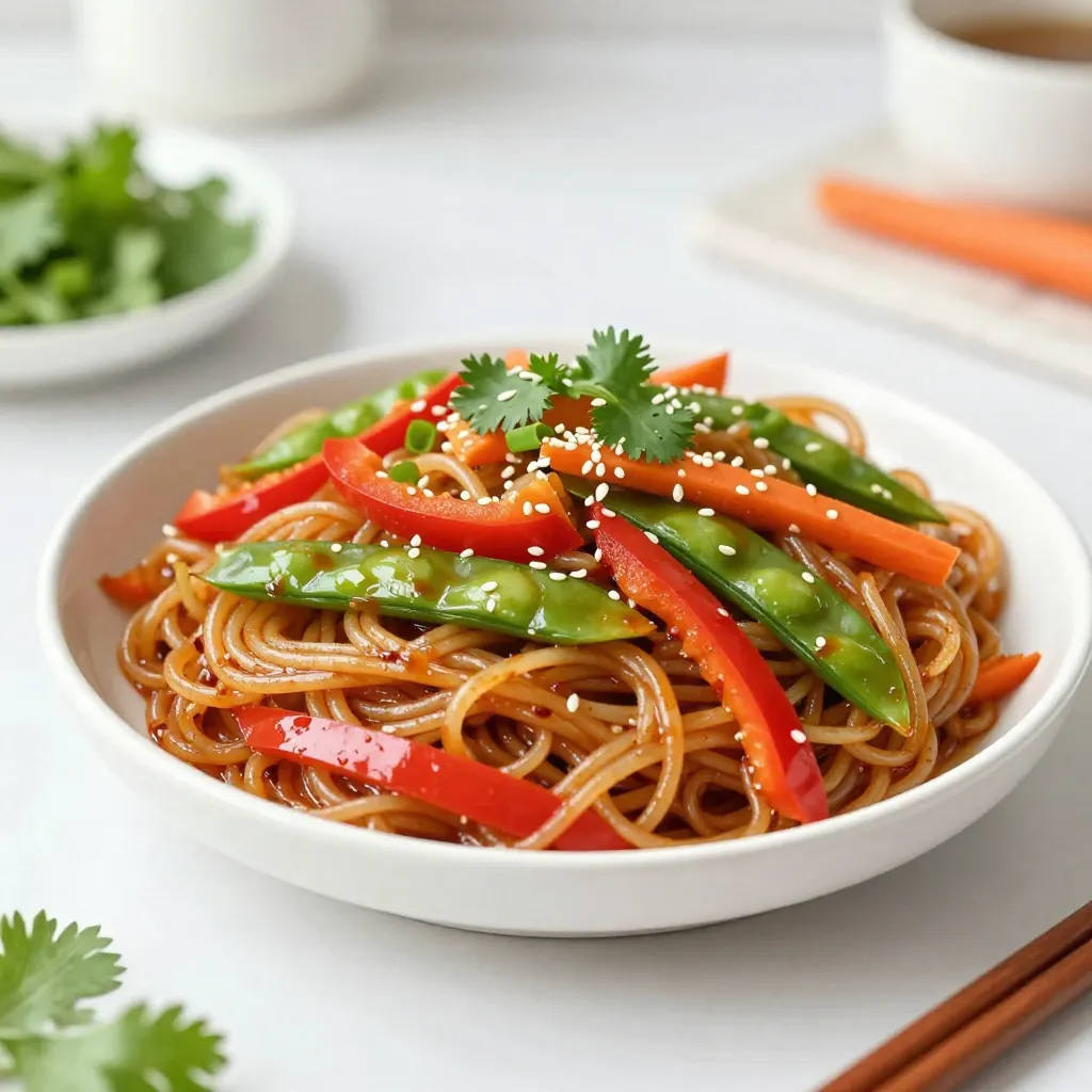 For this bold and spicy dish, you will need: - 200g rice noodles - 2 tablespoons vegetable oil - 4 cloves garlic, minced - 1 tablespoon fresh ginger, minced - 1 red bell pepper, sliced - 1 carrot, julienned - 1 cup snap peas - 3 green onions, sliced - 3 tablespoons soy sauce - 1 tablespoon chili paste (adjust according to spice preference) - 1 tablespoon sesame oil - 1 tablespoon honey or maple syrup These ingredients create a perfect blend of flavors and textures. The rice noodles provide a soft base. Garlic and ginger add depth. The bell pepper, carrot, and snap peas bring a crisp crunch. To enhance your dish, consider using these garnishes: - Fresh cilantro - Sesame seeds These add fresh notes and crunch. They also make the dish look beautiful. For the best results, I suggest using: - Vegetable oil - Sesame oil Vegetable oil is great for frying. It has a high smoke point. Sesame oil adds a nutty flavor that elevates the dish. You can mix them for a balanced taste. {{ingredient_image_1}} First, boil a pot of water. Add the rice noodles and cook them as the package says. This usually takes about 3 to 5 minutes. Once done, drain the noodles. Rinse them under cold water. This step keeps them from sticking together. Set your noodles aside for later. Next, heat 2 tablespoons of vegetable oil in a large skillet or wok. Use medium-high heat for this. Add 4 minced garlic cloves and 1 tablespoon of minced ginger. Sauté these for about 30 seconds. You want to smell that great aroma. This step adds a nice kick to your dish. Now it’s time for the fun part—add your veggies! Toss in 1 sliced red bell pepper, 1 julienned carrot, and 1 cup of snap peas. Stir-fry them for about 3 to 4 minutes. You want them tender but still crisp. This keeps your stir-fry colorful and crunchy. Add your cooked rice noodles into the skillet. In a small bowl, mix 3 tablespoons of soy sauce, 1 tablespoon of chili paste, 1 tablespoon of sesame oil, and 1 tablespoon of honey or maple syrup. Pour this sauce over the noodles. Toss everything together well. You want all the flavors to blend nicely. Finally, add 3 sliced green onions to the skillet. Stir-fry for another 1 to 2 minutes. This adds freshness to your dish. The green onions will soften just a bit but will still add a nice crunch. Once everything is mixed well, remove the skillet from heat. Plate your stir-fry neatly. You can garnish it with fresh cilantro and a sprinkle of sesame seeds if you like. Serve it hot and enjoy your bold and spicy delight! You can control the heat in your chili garlic noodle stir-fry. Start with one tablespoon of chili paste. If you love spice, add more. Remember, you can always add spice, but you can't take it away. Taste the dish as you cook. This way, you find the perfect balance for your palate. To boost flavor, think about adding more ingredients. Try adding some sliced mushrooms for earthiness. You can also use baby bok choy for a nice crunch. A splash of lime juice brightens the dish. Consider incorporating nuts like cashews or peanuts for added texture. Fresh herbs like basil or mint can bring a refreshing twist. Stir-frying is all about speed and high heat. Use a large skillet or wok. Heat the oil until it shimmers but does not smoke. Add ingredients in stages. Start with garlic and ginger for aroma, then add veggies. This keeps everything crisp and vibrant. Always keep the food moving in the pan. This ensures even cooking and prevents burning. Pro Tips Perfectly Cooked Noodles: To ensure your rice noodles are not overcooked, keep an eye on them while boiling. They should be slightly undercooked, as they will continue to cook in the stir-fry. Customize the Heat: Adjust the amount of chili paste based on your spice tolerance. Start with a small amount, and you can always add more to the pan if needed. Fresh Ingredients Matter: Use fresh vegetables for the best flavor and texture. Crisp, seasonal veggies will elevate your stir-fry and make it more nutritious. Garnish for Flavor: Don’t skip the garnish! Fresh cilantro and sesame seeds not only add visual appeal but also enhance the overall flavor of your dish. {{image_2}} You can add protein to change the dish. Tofu is a great choice. It absorbs flavors well. Cut it into cubes and sauté until golden. Chicken is another option. Slice it thin and cook it until no longer pink. Shrimp cooks fast and adds a nice taste. Just toss it in during the last few minutes. Feel free to swap in your favorite veggies. Broccoli florets add crunch and color. Steam or stir-fry it for a few minutes. Zucchini is another tasty swap. Slice it thin and add it just before the noodles. You can also mix in bell peppers or baby corn. The key is to keep it colorful and fresh. You can change the noodles to fit your taste. Egg noodles are soft and hearty. They work well with the sauce. Soba noodles are made from buckwheat. They add a nutty flavor. Make sure to cook them according to package instructions. This keeps them from getting mushy. Each noodle type brings its own flavor and texture. After enjoying your chili garlic noodle stir-fry, store leftovers in an airtight container. Let the stir-fry cool before sealing it. This helps keep flavors fresh. You can keep it in the fridge for up to three days. Make sure to label the container with the date. To reheat, you have a few options. The best way is to use a skillet. Heat a little oil over medium heat. Add the stir-fry and cook until it’s hot. You can also use the microwave. Place the stir-fry in a bowl and cover it with a damp paper towel. Heat in short bursts, stirring in between. If you want to keep it longer, consider freezing the stir-fry. Place it in a freezer-safe container. It can last up to two months in the freezer. When ready to eat, thaw it overnight in the fridge. Then reheat it using the skillet method for the best taste. You can use many noodles instead of rice noodles. Egg noodles work well. You can also try udon or even whole wheat spaghetti. Each option gives a different taste and texture. Yes, you can easily make this dish vegetarian or vegan. Just use soy sauce that is labeled vegan. Swap honey for maple syrup or agave syrup. For protein, add tofu or tempeh. To make more servings, simply double or triple the ingredients. Keep the same cooking steps. This way, you maintain the great flavors while feeding more people. The spice level depends on how much chili paste you use. One tablespoon adds a nice kick. If you want it spicier, add more. Start with less if you prefer milder tastes. Yes, you can use other sauces in this dish. Try teriyaki sauce for a sweet twist. Hoisin sauce adds depth and sweetness too. Just remember to adjust the flavors accordingly. This blog post covered how to create a delicious Chili Garlic Noodle Stir-Fry. We explored key ingredients, step-by-step cooking instructions, and helpful tips to enhance flavor. You learned about optional garnishes, protein variations, and how to store leftovers correctly. Experiment with ingredients to make the dish your own. Enjoy the process and remember, good cooking takes practice. Keep it fun and tasty!