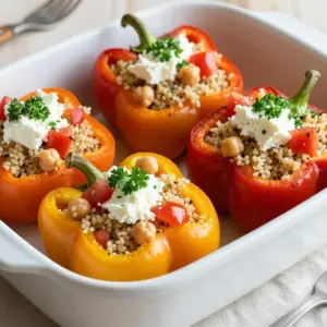 To make Greek stuffed bell peppers, you will need: - 4 large bell peppers (any color) - 1 cup cooked quinoa - 1 cup canned chickpeas, rinsed and drained - 1 cup diced tomatoes (fresh or canned) - &frac12; cup red onion, finely chopped These ingredients blend to create a colorful and nutritious dish. The bell peppers can be red, yellow, or green. Each color adds a unique flavor and makes the dish pop. You will also need these key spices and seasonings: - 2 teaspoons dried oregano - 1 teaspoon garlic powder - &frac12; teaspoon smoked paprika - 2 tablespoons olive oil - Salt and pepper to taste These spices bring warmth and depth to the dish. Oregano gives a classic Greek taste. Smoked paprika adds a hint of sweetness and a lovely color. For the perfect finishing touch, consider these garnishes: - 1 cup feta cheese, crumbled - Fresh parsley or basil, for garnish Feta cheese adds a creamy and salty contrast to the dish. Fresh herbs brighten the flavors and make the peppers look even more appealing. {{ingredient_image_1}} 1. Preheat your oven to 375&deg;F (190&deg;C). This step is key for cooking the peppers just right. 2. Next, grab 4 large bell peppers. Cut off the tops and remove the seeds. If needed, trim the bottoms so they stand up straight. This keeps them stable in the oven. 3. In a large mixing bowl, combine the filling. Use 1 cup cooked quinoa, 1 cup canned chickpeas (rinsed and drained), 1 cup diced tomatoes, and &frac12; cup red onion. Don't forget 1 cup crumbled feta cheese for that creamy texture! 4. Now drizzle in 2 tablespoons olive oil. Add 2 teaspoons dried oregano, 1 teaspoon garlic powder, &frac12; teaspoon smoked paprika, and season with salt and pepper. Mix everything until well combined. 5. Take a spoon and carefully fill each bell pepper with the mixture. Pack it in gently but make sure it's full! 6. Place the stuffed peppers upright in a baking dish. If you have extra stuffing, place it around the peppers for more flavor. 7. Cover the dish with aluminum foil. Bake in the preheated oven for 30 minutes. 8. After 30 minutes, remove the foil. Bake for an extra 15-20 minutes until the peppers are tender and the tops are golden. 9. When done, take them out and let them cool for a few minutes. This makes them easier to handle. 10. For a lovely touch, garnish with freshly chopped parsley or basil. It adds color and flavor! Serve on a rustic wooden board to impress your guests. If you want to switch things up, you can change the quinoa and chickpeas. For quinoa, use rice, couscous, or farro. Each adds a different taste and texture. If you don&rsquo;t have chickpeas, white beans or lentils work well too. For a dairy-free option, swap feta cheese with a non-dairy cheese. Look for brands that make almond or coconut-based feta. These will still give you a creamy texture and flavor. Baking is a great way to cook stuffed peppers. It gives the peppers a soft texture. However, grilling adds a smoky flavor that many love. If you grill, keep an eye on them so they don't burn. You can also use a slow cooker for a set-and-forget meal. Just layer the stuffed peppers inside and cook on low for 4-6 hours. This method keeps them juicy and full of flavor. Want to make your Greek stuffed bell peppers even tastier? Add spices like crushed red pepper for heat or fresh herbs like dill or mint for a twist. You can also top them with a drizzle of balsamic glaze for a sweet finish. Consider serving with olives or a dollop of tzatziki sauce for extra flavor. These little touches make a big difference in your meal. Pro Tips Choose Colorful Peppers: Using a mix of red, yellow, and green bell peppers not only enhances the visual appeal of your dish but also adds a slight variation in flavor. Customize Your Filling: Feel free to add other ingredients like olives, spinach, or nuts to the filling for added texture and flavor. Make Ahead: You can prepare the stuffing in advance and refrigerate it. Just stuff the peppers and bake them when you're ready to serve. Use Fresh Herbs: Fresh parsley or basil not only makes for a beautiful garnish but also enhances the overall flavor profile of the dish. {{image_2}} You can change the filling for Greek stuffed bell peppers to suit your taste. For meat lovers, ground turkey or lamb adds a rich flavor. Simply brown the meat in a pan before mixing it with quinoa, chickpeas, and spices. If you prefer a meatless option, you can skip the meat and use more vegetables. Try adding saut&eacute;ed mushrooms or spinach for extra nutrition. For a vegan twist, replace feta cheese with a plant-based alternative. This keeps the dish hearty and satisfying without animal products. Greek stuffed bell peppers can also reflect different regions. You can add Mediterranean ingredients like olives, capers, or sun-dried tomatoes. These add a salty, tangy flavor that brightens up the dish. You may even blend in some spices from other cuisines. For instance, a hint of cumin or coriander can give a unique flair. This mix of flavors makes your stuffed peppers exciting and delicious. The seasons can inspire your stuffed peppers too. In summer, add fresh vegetables like zucchini or corn to the filling. These ingredients create a light, fresh taste. In colder months, warming spices like cinnamon or nutmeg can enhance the dish. You can also use roasted root vegetables for a hearty filling. By adjusting the ingredients, you keep this dish fun and relevant all year round. To keep your Greek stuffed bell peppers fresh, store them in the fridge. Place them in an airtight container. They will last about 3 to 5 days. Make sure they cool down to room temperature before sealing. This helps prevent moisture build-up, which can lead to sogginess. If you want to enjoy these stuffed peppers later, freezing is a great option. Wrap each pepper in plastic wrap, then place them in a freezer-safe bag. This keeps them fresh for up to 3 months. When you&rsquo;re ready to eat, thaw them in the fridge overnight. To reheat, you can bake them from frozen. Preheat your oven to 375&deg;F (190&deg;C) and bake for about 45 minutes. Cover with foil for the first half to keep moisture in. In the fridge, Greek stuffed bell peppers last for 3 to 5 days. In the freezer, they can stay good for about 3 months. Always check for any signs of spoilage before eating. If they smell off or look strange, it's best to toss them out. You can prepare the filling in advance. Cook your quinoa and mix it with chickpeas, tomatoes, onion, and feta. Store this mix in the fridge. You can also cut the tops off the bell peppers and clean them. Keep them in the fridge too. When you are ready to eat, stuff the peppers and bake them. This way, you save time and enjoy a hot meal. Yes, you can use many types of peppers. Sweet bell peppers are common, but you can try poblano or Anaheim peppers too. These have a mild heat and unique taste. For a spicy kick, jalape&ntilde;os work well. Just remember to adjust the baking time if the peppers are larger or smaller. You can get creative with your filling. Adding black olives gives a nice salty flavor. Spinach or kale adds a healthy boost. If you want meat, ground turkey or beef can work well too. For a twist, try adding nuts for crunch. Mix in some fresh herbs like dill or mint for extra brightness. This blog post covered Greek stuffed bell peppers, focusing on tasty ingredients and flavors. You learned about using quinoa, chickpeas, and vibrant spices. I shared step-by-step instructions for easy meal prep and tasty variations. You can explore different fillings and cooking methods to suit your taste. Remember, these peppers are great for storage, making meal planning simple. I hope you enjoy making this dish as much as I do. Happy cooking!