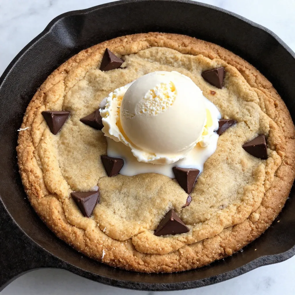 - 1 cup unsalted butter, softened - 3/4 cup brown sugar, packed - 1/2 cup granulated sugar - 2 large eggs - 1 teaspoon vanilla extract - 2 1/4 cups all-purpose flour - 1 teaspoon baking soda - 1/2 teaspoon salt - 1 cup semi-sweet chocolate chips - 1/2 cup chopped nuts (optional) Gathering the right ingredients is key for a perfect chocolate chip cookie skillet. You need unsalted butter, which gives the best flavor. Brown sugar and granulated sugar create a sweet balance. Eggs help bind the dough and add richness. Vanilla extract brings warmth and depth to the flavor. Next, we have flour, baking soda, and salt. The flour forms the base, while baking soda helps the cookie rise. A touch of salt enhances the sweetness and flavors. The star ingredients are chocolate chips, which melt into gooey pockets. You can add chopped nuts for a nice crunch, but that's up to you. This simple list of ingredients makes it easy to whip up a delightful treat. Plus, you can customize it to your taste. {{ingredient_image_1}} First, preheat your oven to 350°F (175°C). This step is key for even baking. While the oven heats, get your 10-inch cast iron skillet. Grease it lightly with butter or non-stick spray. This helps the cookie release easily once it’s baked. In a large bowl, cream together 1 cup of softened unsalted butter with 3/4 cup of brown sugar and 1/2 cup of granulated sugar. Mix until the mixture looks light and fluffy. This should take a few minutes. Next, add 2 large eggs, one at a time. Make sure to mix well after each addition. Finally, stir in 1 teaspoon of vanilla extract for that extra flavor. In another bowl, mix together 2 1/4 cups of all-purpose flour, 1 teaspoon of baking soda, and 1/2 teaspoon of salt. Slowly add this dry mix into the wet ingredients. Stir until just combined. Be careful not to overmix, as this can change the cookie texture. Now, fold in 1 cup of semi-sweet chocolate chips and, if you like, 1/2 cup of chopped nuts. This adds great crunch and flavor. Spread the cookie dough evenly in your greased skillet. Use a spatula to smooth the top. Bake in your preheated oven for 20-25 minutes. Keep an eye on it; the edges should be golden brown, and the center should remain slightly gooey. After baking, let it cool for about 10 minutes. Then, slice it into wedges for serving. Enjoy this warm, delicious treat! To make the best chocolate chip cookie skillet, avoid overmixing the dough. Mixing too much can make the cookies tough. Stir until the ingredients just come together. This keeps the cookies soft and chewy. Achieving gooey centers is key. Bake the skillet until the edges turn golden brown. The center should look set but still soft. This will give you that perfect gooey texture. Remember, underbaking slightly is better than overbaking. Topping your cookie skillet with ice cream is a must. The warm cookie and cold ice cream make a great combo. Just scoop some vanilla ice cream right on top before serving. Drizzling chocolate syrup adds an extra layer of sweetness. Pour it generously over the ice cream and cookie. This makes every bite even more delightful. Enjoy each gooey forkful! Pro Tips Use Room Temperature Butter: This will help achieve a creamy texture when creaming the butter and sugars, resulting in a better dough consistency. Don’t Overmix the Dough: Mixing just until combined helps to keep the cookies tender and prevents them from becoming tough. Check for Doneness: The cookie skillet is done when the edges are golden brown and the center is still slightly gooey. It will continue to cook slightly after removal from the oven. Serve Warm: For the best experience, serve the cookie skillet warm with a scoop of vanilla ice cream that melts slightly into the warm cookie. {{image_2}} You can get creative with your chocolate chip cookie skillet. One easy way is to use different types of chocolate. Try dark chocolate chips for a richer taste or white chocolate chips for a sweeter touch. You can even mix them! Adding fruit or spices can also change the flavor. Chopped nuts like walnuts or pecans add crunch. You can fold in some dried cherries or cranberries for a fruity twist. For a spicy kick, sprinkle in a bit of cinnamon or nutmeg. These small changes make your cookie skillet fun and exciting. If you need a gluten-free option, swap the all-purpose flour for a gluten-free blend. Many brands offer good substitutes that work well in this recipe. Just make sure it has xanthan gum if needed. For vegan adaptations, you can replace the butter with coconut oil and use flax eggs instead of regular eggs. To make a flax egg, mix one tablespoon of ground flaxseed with three tablespoons of water. Let it sit for a few minutes until it thickens. This way, everyone can enjoy a gooey treat! To keep your chocolate chip cookie skillet fresh, you have two options. - Storing leftovers at room temperature: If you plan to eat the leftovers within two days, cover the skillet with plastic wrap or foil. This keeps the cookie soft and tasty. - Refrigeration for extended freshness: For longer storage, place the skillet in the fridge. It can last up to a week. Just be sure to cover it well to avoid drying out. When you're ready to enjoy your cookie skillet again, reheating is simple. - Method for reheating in the oven: Preheat your oven to 350°F (175°C). Place the skillet in the oven for about 10 minutes. This warms it evenly and keeps the gooey center. - Microwave tips for quick serving: If you need a fast fix, slice a piece and place it on a microwave-safe plate. Heat it for about 15-20 seconds. Check it often to prevent overheating. Enjoy that warm, gooey goodness! You can tell the cookie skillet is done when the edges turn golden brown. The center should feel set but still soft. A toothpick should come out with a few moist crumbs, not wet batter. Keep an eye on it during the last few minutes. Every oven is different. Yes, you can make the dough ahead of time. Just mix the dough and cover it well. You can keep it in the fridge for up to 2 days. If you want to store it longer, freeze it for up to one month. When ready to bake, let it thaw and then spread it in the skillet. Serve the cookie skillet warm right from the oven. Top it with a scoop of vanilla ice cream. A drizzle of chocolate syrup makes it even better. You can slice it into wedges or let everyone dig in with spoons. It’s fun to share! - Can I freeze chocolate chip cookie skillet? Yes, you can freeze the cookie skillet. Once it cools down, wrap it tightly in plastic wrap and foil. It can last up to 3 months in the freezer. To eat, just thaw it in the fridge overnight and reheat in the oven until warm. Enjoy! This blog guided you through making a chocolate chip cookie skillet. We covered the needed ingredients, step-by-step instructions, and useful tips for perfecting your cookie. You can explore flavor variations, dietary changes, and smart storage tips. Now, it’s time to bake and enjoy this gooey treat! Experiment with flavors and serve it warm. Everyone will love your delicious cookie skillet creation. Happy baking!