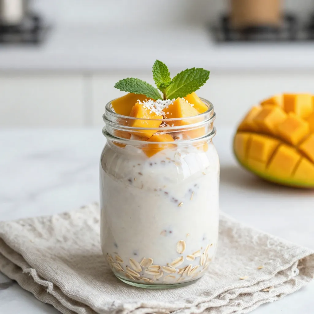 - 1 cup rolled oats - 1 cup coconut milk - 1 ripe mango, diced - 1 tablespoon chia seeds - 1 tablespoon honey or maple syrup (optional) - ½ teaspoon vanilla extract - Pinch of salt - Coconut flakes for topping - Fresh mint leaves for garnish To make Mango Coconut Overnight Oats, gather these simple ingredients. First, let's talk about rolled oats. They are the star here. They soak up the coconut milk and blend well with the mango. Next, we need coconut milk. Use canned or carton. Both work great. It adds a creamy texture and rich flavor. Choose a ripe mango for sweetness. The fresher, the better. Chia seeds help thicken the oats. They also add a nice crunch. Honey or maple syrup is optional. Use it if you like a sweeter taste. Vanilla extract adds depth. Just a pinch of salt enhances all the flavors. Finally, don't forget the coconut flakes for topping. They give a nice crunch. Fresh mint leaves add a pop of color and freshness. Now that you have your ingredients, you're ready to create a delicious breakfast that you can enjoy anytime! {{ingredient_image_1}} 1. In a medium bowl, combine 1 cup of rolled oats, 1 tablespoon of chia seeds, and a pinch of salt. Stir well to mix everything together. 2. In another bowl, whisk together 1 cup of coconut milk, 1 tablespoon of honey or maple syrup (if you want it sweet), and ½ teaspoon of vanilla extract. This will add great flavor. 3. Pour the coconut milk mixture over the oat mixture and stir until all the oats are coated. 4. Gently fold in 1 ripe diced mango. Remember to save some mango pieces for later! 1. Divide the oat mixture evenly into two mason jars or airtight containers. 2. Seal the jars tightly and refrigerate overnight or for at least 4-6 hours. This helps the oats soak up the milk and flavors. 1. When you're ready to eat, stir the oats well and check the consistency. If it’s too thick, add a splash of coconut milk to loosen it up. 2. Top each jar with extra diced mango, a sprinkle of coconut flakes, and a fresh mint leaf for a nice touch. To get the right texture, check the oats after soaking overnight. If they seem too thick, add more coconut milk. This small splash can make a big difference. Letting the oats sit overnight is key. It helps the oats absorb the milk and become soft. The longer they sit, the creamier they will get. The type of coconut milk you use matters. Canned coconut milk gives a rich flavor. Carton coconut milk is lighter and works well too. Choose ripe mangoes for the best taste. Look for mangoes that feel soft when you press them gently. The skin should be slightly wrinkled, a sign of ripeness. Presentation can elevate your dish. Serve the oats in jars for a cute look. This also makes for easy grab-and-go meals. You can use bowls for a more casual vibe. For garnishing, add extra mango pieces on top. A sprinkle of coconut flakes adds texture, and a mint leaf brings color. These small touches make your meal pop visually. Pro Tips Choose Ripe Mangoes: Make sure to select ripe mangoes for the best flavor and sweetness. Look for mangoes that are slightly soft to the touch and have a fragrant aroma. Customize Sweetness: Adjust the sweetness of your overnight oats by adding more or less honey or maple syrup depending on your taste preference and the sweetness of the mango. Experiment with Toppings: Feel free to add other toppings such as nuts, seeds, or different fruits to change up the flavor and texture of your overnight oats. Make Ahead for Busy Mornings: These overnight oats are perfect for meal prep. Make a batch at the beginning of the week and enjoy them for breakfast all week long! {{image_2}} You can make your mango coconut overnight oats even more exciting! Try adding other fruits. Pineapple brings a sweet and tangy taste. Banana adds creaminess and a nice texture. You can mix and match fruits based on what you have. For extra crunch, add nuts or seeds. Chopped almonds or walnuts work well. They give a nice bite and boost nutrition. You can also sprinkle pumpkin seeds for a bit of fun! If you want a vegan option, you can use maple syrup instead of honey. This keeps it sweet without any animal products. Coconut milk is naturally dairy-free, so you’re already on the right track. Make sure your oats are gluten-free if needed. Most rolled oats are gluten-free, but check the label. It’s important to avoid cross-contamination if you have allergies. Adding spices can change the whole flavor of your oats! Try cinnamon for warmth or nutmeg for a cozy touch. These spices are easy to find and can really enhance your dish. For a richer flavor, use coconut cream instead of coconut milk. It makes your oats extra creamy and delicious. Just a little goes a long way! You can store your mango coconut overnight oats in airtight containers or mason jars. Both options work well. Mason jars look cute and are easy to carry. Just make sure the lids seal tightly to keep everything fresh. Store them in the fridge. This helps keep the oats cool and safe to eat. If you want to keep your oats longer, you can freeze them. To freeze, pour the oats into a freezer-safe container. Leave some space at the top for expansion. When you are ready to eat, take them out and thaw in the fridge overnight. You can also use the microwave on low. Stir well before serving. Mango coconut overnight oats can last in the fridge for about 3 to 5 days. Always check for any signs of spoilage. Look for a sour smell or changes in color. If you see any mold or if the texture feels off, it's best to throw them out. Enjoy your oats while they are fresh for the best taste! Yes, you can use other types of milk. Almond milk, oat milk, or soy milk all work well. Each milk has its own taste. Almond milk adds a nutty flavor. Oat milk gives a creamy texture. Soy milk has a mild taste. Remember, these choices may change how your oats taste. Test different milks to find your favorite! You can store these oats in the fridge for up to five days. They taste best within the first three days. After that, the flavor may fade. Check for any signs of spoilage, like off smells or changes in texture. If they look or smell strange, throw them away. Keeping them in airtight jars helps keep them fresh longer. Yes, you can make it vegan easily! Use maple syrup instead of honey. Maple syrup gives a nice sweetness. All plant-based milks are also fine. Ensure your oats are certified gluten-free if needed. Enjoy this tasty breakfast without any animal products! You learned how to make tasty mango coconut overnight oats. We covered all the steps, from mixing the ingredients to storage tips. You can adjust flavors and choose the right fruits to make this dish perfect for you. Remember to let it rest overnight for the best taste and texture. Enjoy your healthy treat in fun presentations, and feel free to experiment with flavors! Now you can delight in a simple, yummy breakfast that is both nutritious and fun to make.