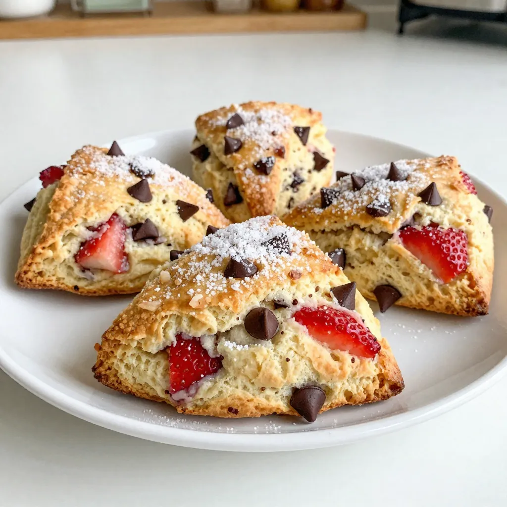 To make the perfect Strawberry Chocolate Chip Scones, gather these fresh ingredients: - 2 cups all-purpose flour - 1/2 cup granulated sugar - 1 tablespoon baking powder - 1/2 teaspoon salt - 1/2 cup unsalted butter, cold and cubed - 1 cup fresh strawberries, hulled and diced - 1/2 cup semi-sweet chocolate chips - 1/2 cup heavy cream - 1 large egg - 1 teaspoon vanilla extract - Turbinado sugar for sprinkling (optional) Each ingredient plays a key role in creating a delightful flavor and texture. The all-purpose flour gives the scones structure, while the sugar adds sweetness. Baking powder helps them rise, making them fluffy. Cold butter creates a flaky texture, and fresh strawberries add a burst of fruity flavor. Semi-sweet chocolate chips bring a rich taste that pairs well with strawberries. Using heavy cream ensures a moist dough, while the egg helps bind everything together. Vanilla extract enhances the overall flavor, rounding out this sweet treat. Finally, turbinado sugar can add a nice crunchy top, but it’s optional. Gather these ingredients, and you’re on your way to baking something truly special! {{ingredient_image_1}} First, set your oven to 400°F (200°C). This gives it time to heat. Next, line a baking sheet with parchment paper. This helps the scones bake evenly and makes cleanup easy. In a large bowl, combine 2 cups of all-purpose flour, 1/2 cup of granulated sugar, 1 tablespoon of baking powder, and 1/2 teaspoon of salt. Whisk them together well. This mix sets the base for your scones. Now, add 1/2 cup of cold, cubed unsalted butter to the dry mix. Use a pastry cutter or your fingers to blend it in. You want the mix to look like coarse crumbs. This step gives your scones a fluffy texture. Gently fold in 1 cup of hulled and diced fresh strawberries and 1/2 cup of semi-sweet chocolate chips. Make sure they are evenly spread throughout the dough. This mix of flavors makes each bite special. In a separate bowl, whisk together 1/2 cup of heavy cream, 1 large egg, and 1 teaspoon of vanilla extract. Slowly pour this liquid into the dry ingredients. Stir gently until just combined. Avoid overmixing to keep the scones light. Turn the dough onto a floured surface. Knead it gently a few times until it comes together. Pat it into a circle about 1 inch thick. Cut the dough into 8 wedges. Place them on your prepared baking sheet. If you like, sprinkle turbinado sugar on top for extra crunch. Bake the scones in your preheated oven for 20-25 minutes. They should be golden brown when ready. Keep an eye on them to ensure they don’t burn. After baking, remove the scones from the oven. Let them cool on the baking sheet for a few minutes. Then, transfer them to a wire rack to cool completely. This helps keep them from getting soggy. Enjoy your warm scones with a cup of tea or coffee! To get great scones, mix your ingredients well but gently. Start with dry ingredients. Whisk the flour, sugar, baking powder, and salt together. This step ensures even rising. When you add butter, use a pastry cutter or your fingers. Cut the butter into the mix until it looks like coarse crumbs. This helps create a flaky texture. The key to fluffy scones lies in your mixing method. Once you combine wet and dry ingredients, stir gently. Overmixing creates tough scones. Mix just until everything is combined. Leave some lumps in the dough. This keeps your scones light and airy. Fresh strawberries taste best in this recipe. They add brightness and flavor. If you use frozen strawberries, thaw and drain them first. Frozen berries release more juice. This can make your dough too wet. Adjust by adding a little extra flour if needed. Serve your scones warm for the best experience. You can add a drizzle of chocolate on top. A sprinkle of powdered sugar also looks nice. Pair your scones with whipped cream or clotted cream. Fresh strawberries on the side make a delightful touch. Enjoy them with tea or coffee for a perfect treat! Pro Tips Chill the Dough: For flakier scones, chill the dough for about 30 minutes before baking. This helps the butter firm up, leading to a better texture. Fresh Strawberries: Use ripe and fresh strawberries for the best flavor. Avoid overly ripe ones that may make the dough soggy. Don’t Overmix: Mix the wet and dry ingredients just until combined. Overmixing can lead to tough scones, so be gentle! Serve Warm: These scones are best served warm. Reheat in the oven for a few minutes if they have cooled down. {{image_2}} You can switch strawberries for other fruits. Raspberries add a nice tartness. Blueberries provide a sweet burst. Cherries bring a rich flavor. You might even try peaches for a summer touch. Each fruit gives the scone a unique taste. Adjust the amount of sugar based on the fruit's sweetness. Want to make these scones gluten-free? Use a gluten-free flour blend. Look for one that has xanthan gum. This helps the scones hold together. You may need to adjust the liquid a bit. Start with the same amount of cream and add more if needed. The texture might change, but they will still taste great! You can change the chocolate too! Dark chocolate gives a rich flavor. Milk chocolate will add sweetness. White chocolate offers a creamy touch. You can mix different types for a fun twist. Try adding chocolate chunks for a more intense chocolate experience. Each choice makes the scones special and delicious! You can keep your scones fresh for a few days. Place them in an airtight container. Store at room temperature for up to three days. If you want them to last longer, you can refrigerate them. They will stay good in the fridge for about a week. Freezing scones is a great way to keep them for later. First, let the scones cool completely. Then, wrap each scone tightly in plastic wrap. Place them in a freezer-safe bag or container. They can last up to three months in the freezer. When you're ready to eat them, just thaw them at room temperature. To enjoy scones warm, preheat your oven to 350°F (175°C). Place the scones on a baking sheet. Heat them for about 10 minutes. This will help restore their soft texture. You can also use a microwave for a quick warm-up. Heat for 15-20 seconds, but be careful not to make them tough. Enjoy your perfect Strawberry Chocolate Chip Scones again! Your scones are done when they turn golden brown. Check them around 20 minutes. They should feel firm to the touch. If you insert a toothpick, it should come out clean. This means the inside is cooked. Yes, you can use frozen strawberries. Just make sure to thaw them first. Drain any excess liquid to avoid soggy scones. Frozen strawberries may change the texture slightly, but they will still taste great. These scones are perfect on their own. You can serve them with butter or jam for added flavor. Fresh whipped cream also pairs nicely. A cup of tea or coffee makes a great drink choice too. To make your scones sweeter, add more sugar. Increase the granulated sugar by a few tablespoons. If you prefer less sweetness, reduce the sugar amount. Adjust it to your taste for the perfect balance. You now know how to make delicious Strawberry Chocolate Chip Scones. We reviewed the key ingredients and detailed each step for easy baking. Remember, fresh strawberries and semi-sweet chocolate chips add a burst of flavor. Use tips for fluffier scones and explore fun variations. Store them well for later enjoyment or freeze some for a treat. With this knowledge, you can create delightful scones that everyone will love. Happy baking!