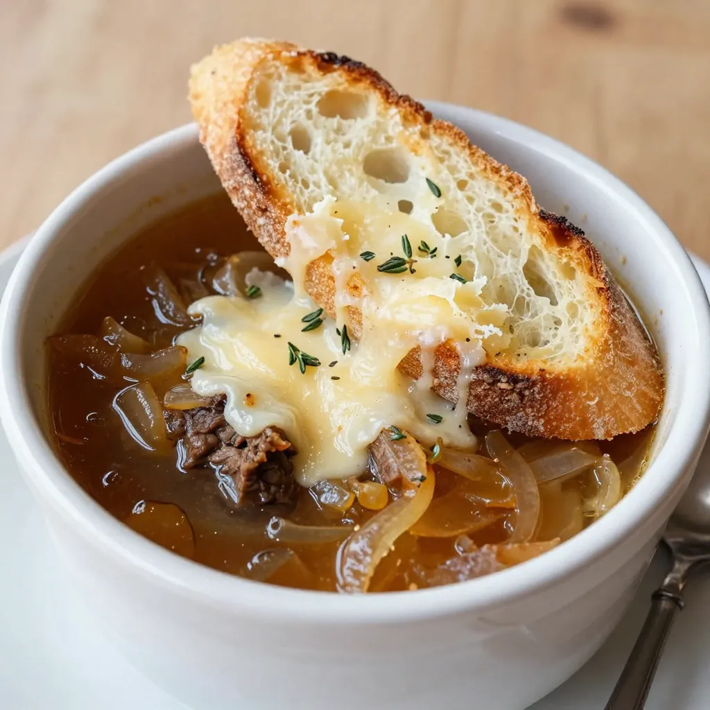 - 4 large yellow onions, thinly sliced - 3 tablespoons unsalted butter - 1 tablespoon olive oil - 1 teaspoon sugar - 4 cups beef broth (low-sodium) - 1 cup vegetable broth - 2 cloves garlic, minced - 1 tablespoon fresh thyme leaves (or 1 teaspoon dried thyme) - 1 bay leaf - Salt and pepper to taste - 8 slices of baguette, toasted - 1 &frac12; cups grated Gruy&egrave;re cheese - &frac12; cup grated Parmesan cheese Using fresh ingredients is key to great flavor. Fresh onions caramelize better and give that sweet taste we love. I always choose yellow onions for their balance of sweetness and strength. For the cheese, Gruy&egrave;re is my top pick. It melts well and adds a rich flavor. Parmesan gives a sharp kick that complements the soup. When choosing cheese, look for high-quality options. Aged cheeses can enhance the taste even more. Using low-sodium broth helps control saltiness. It allows the natural flavors to shine. Always taste as you cook. This way, you can adjust flavor to your liking. {{ingredient_image_1}} Caramelizing the onions (30-40 minutes) To start, I melt the butter and olive oil in a large pot over medium heat. Then, I add the sliced onions and sugar. I stir often to help the onions cook evenly. After about 30 to 40 minutes, they should turn a deep golden brown. This process makes the soup sweet and rich. Combining ingredients for the soup Next, I stir in the minced garlic. I cook this for about 2 minutes to bring out its flavor. Then, I pour in the beef broth and vegetable broth. I add thyme, bay leaf, salt, and pepper to the pot. I let the mixture simmer gently for 20 minutes. This step builds the soup&rsquo;s flavor. Preparing for broiling After simmering, I remove the bay leaf. Then, I ladle the soup into oven-safe bowls. This is key for the next step. I place a slice of toasted baguette on top of each bowl. Plating the soup in oven-safe bowls Now, I generously sprinkle Gruy&egrave;re and Parmesan cheese over the bread. It&rsquo;s important to cover the bread well with cheese. This will create a delicious cheesy crust when broiled. Cheese topping and broiling technique I place the bowls under the broiler for 3 to 5 minutes. I watch closely to ensure the cheese melts and bubbles nicely. Once it&rsquo;s golden brown, I carefully take the bowls out of the oven. I let them cool slightly before serving. This dish looks great and smells even better! Caramelizing onions is a key step. First, slice your onions thinly. Set your heat to medium. Watch closely as they cook. The color will change from white to golden brown. This takes about 30 to 40 minutes. Stir often to keep them from burning. If they start to brown too fast, lower the heat. Adding a pinch of salt helps draw out moisture. This makes them softer and sweeter. For French onion soup, Gruy&egrave;re cheese is the best choice. It melts nicely and adds rich flavor. You can mix in Parmesan for extra depth. To achieve the perfect melt, grate your cheese finely. This helps it melt quickly and evenly. Place the cheese on top of the bread, then broil it. Keep an eye on it to avoid burning. The cheese should bubble and turn golden brown. Presentation matters for this dish. Use rustic bowls for a cozy feel. Place a sprinkle of fresh thyme on top. This adds color and flavor. For a touch of luxury, drizzle truffle oil over the soup. Pair it with a light white wine, like Sauvignon Blanc. A simple green salad also makes a great side. Enjoy your warm, comforting bowl of soup! Pro Tips Caramelization is Key: Take your time when caramelizing the onions; a slower cook at medium heat will yield a richer flavor and deeper color. Broth Quality Matters: Use high-quality beef and vegetable broth for the best depth of flavor. Homemade broth can elevate your soup significantly. Cheese Variety: Experiment with different cheeses like Emmental or Comt&eacute; for a unique twist on the classic Gruy&egrave;re topping. Serve Immediately: French onion soup is best enjoyed fresh from the broiler, so serve it right away for that perfect cheesy, bubbly experience. {{image_2}} You can use chicken or vegetable broth for this soup. Each broth gives a unique taste. Chicken broth adds richness, while vegetable broth brings a lighter flavor. Mixing broth types can deepen the taste. Experiment with your favorite to find what you love. Adding wine can boost the flavor. A splash of white wine gives a nice zing. Fresh herbs like parsley or basil can add extra depth. If you want a vegan option, use only vegetable broth. Ensure your bread and cheese meet your dietary needs. Gluten-free bread works well, too! Using seasonal vegetables can enhance your soup. In spring, try adding fresh peas or asparagus. In fall, consider roasted squash for warmth. Each season brings new flavors to explore. Don&rsquo;t be afraid to mix and match! How do you store leftover French Onion Soup? First, let the soup cool down. Then, pour it into an airtight container. Make sure to seal it tight. Store it in the fridge. It will stay fresh for up to three days. What are the best practices for reheating? To reheat, pour the soup into a pot. Heat it over medium-low heat. Stir often to avoid burning. You can also use the microwave. Heat in short bursts, stirring in between. Add a splash of broth to keep it moist. Can you freeze French Onion Soup? Yes, you can freeze it! This is a great way to save leftovers. What steps do you take before freezing for optimal flavor? First, cool the soup completely. Next, pour it into freezer-safe bags or containers. Leave some space at the top for expansion. Label the bags with the date. You can freeze it for up to three months. When ready to eat, thaw it overnight in the fridge before reheating. How long does it take to prepare French Onion Soup? It takes about 15 minutes to prep and about 1 hour to cook. You need time to caramelize the onions well. What can I serve with French Onion Soup? Serve French Onion Soup with a crisp salad or some crusty bread. A glass of red wine pairs nicely too. Can I make French Onion Soup in advance? Yes, you can make it a day ahead. Just store it in the fridge and reheat before serving. What is the secret to a rich flavor in French Onion Soup? The secret lies in caramelizing the onions slowly. This brings out their natural sweetness. Use good quality beef broth for depth. Adding fresh thyme and bay leaves also boosts the flavor. In summary, this blog outlined the key ingredients for a delicious French Onion Soup, highlighted the importance of quality ingredients, and provided detailed cooking steps. You learned how to caramelize onions, choose the best cheese, and present the dish beautifully. Remember, using fresh ingredients greatly improves flavor. With tips on variations and storage, you can adapt this recipe to your taste. Enjoy making this classic dish, and savor its warm, rich flavors. It's a simple recipe that always impresses.