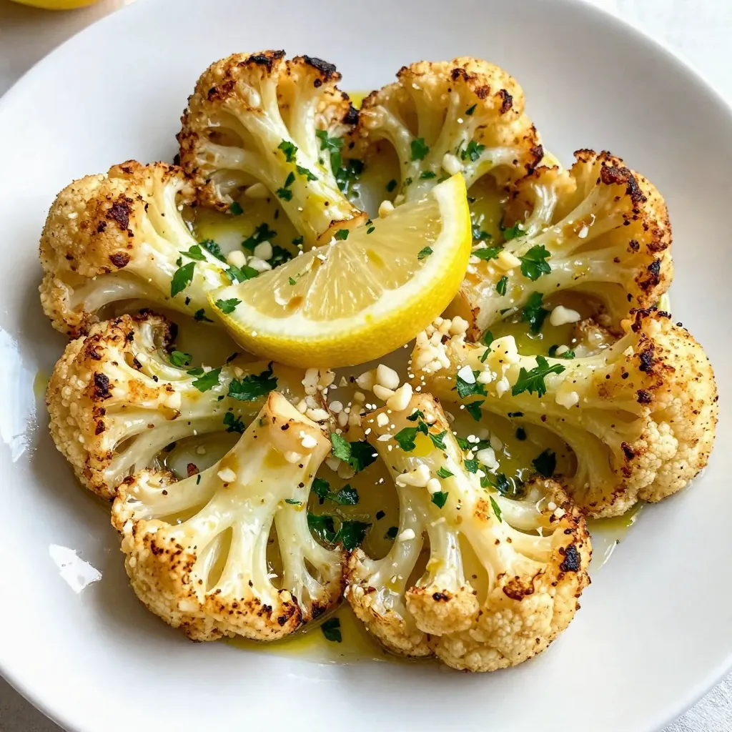 To make Garlic Parmesan Roasted Cauliflower, gather these items: - 1 medium head of cauliflower, cut into florets - 3 tablespoons olive oil - 4 cloves garlic, minced - 1/2 cup grated Parmesan cheese - 1 teaspoon smoked paprika - 1/2 teaspoon salt - 1/4 teaspoon black pepper - 2 tablespoons fresh parsley, chopped (for garnish) - Zest of 1 lemon (for added brightness) You may already have some of these pantry staples at home. Olive oil adds richness. Garlic gives a bold taste. Smoked paprika adds warmth and depth. Salt and black pepper enhance the flavors. These simple ingredients create a big taste. To make this dish your own, consider these optional additions: - A pinch of red pepper flakes for heat - A sprinkle of nutritional yeast for a cheesy vibe - Other herbs like thyme or rosemary for extra flavor These easy tweaks can make your Garlic Parmesan Roasted Cauliflower even more exciting! {{ingredient_image_1}} To start, gather your ingredients. You need one medium head of cauliflower, olive oil, garlic, and spices. Here’s how to prep: 1. Preheat your oven to 425°F (220°C). This helps the cauliflower roast well. 2. Cut the cauliflower into florets. Aim for bite-sized pieces. 3. In a large bowl, mix the florets with three tablespoons of olive oil. 4. Add four cloves of minced garlic, one teaspoon of smoked paprika, half a teaspoon of salt, and a quarter teaspoon of black pepper. 5. Toss everything until the florets are coated. This step makes sure every bite is tasty. Roasting brings out the best flavors in cauliflower. Here’s how to do it right: 1. Spread the florets on a baking sheet lined with parchment paper. Make sure they have space. 2. Roast them in the oven for about 20 minutes. You want them to soften and start to char. 3. After 20 minutes, take the baking sheet out. Sprinkle half a cup of grated Parmesan cheese over the florets. 4. Return the baking sheet to the oven for another 5-10 minutes. The cheese should melt and turn golden. Finishing touches make the dish pop. 1. Once the cauliflower is done, take it out of the oven. 2. Zest one lemon over the top. This adds brightness to the rich flavors. 3. Lastly, garnish with two tablespoons of chopped fresh parsley. This adds color and freshness to your dish. Now, your Garlic Parmesan Roasted Cauliflower is ready to impress! Enjoy this tasty side dish with your favorite meals. To get that perfect roast, you want to start with dry cauliflower. If it’s wet, it won't crisp well. After cutting the cauliflower, pat it dry with a paper towel. Use enough olive oil to coat each floret. This helps them brown nicely. Spread them out on the baking sheet. If they are too close, they will steam instead of roast. Garlic is the star of this dish, but you can mix it up! Try roasting whole garlic cloves instead of minced garlic. This gives a sweet, mellow flavor. You can also add garlic powder for an extra kick. For a twist, add roasted garlic with a pinch of red pepper flakes. This adds some heat and depth. Parmesan cheese is fantastic, but feel free to be creative! You can use Pecorino Romano for a stronger taste. If you want a nutty flavor, try using Grana Padano. For a dairy-free option, nutritional yeast works wonders. It adds a cheesy flavor without the milk. Experiment with these choices to find your perfect match! Pro Tips Choose Fresh Cauliflower: Select a cauliflower head that is firm and compact, with no brown spots or blemishes, to ensure the best flavor and texture. Experiment with Seasonings: Feel free to add your favorite spices or herbs, like thyme or oregano, to customize the flavor profile to your liking. Don’t Overcrowd the Baking Sheet: Spread the cauliflower in a single layer to promote even roasting and prevent steaming, which keeps the florets crispy. Serve Immediately: For the best taste and texture, serve the roasted cauliflower right out of the oven while it's still hot and crispy. {{image_2}} You can spice things up with a spicy version. Just add red pepper flakes to your mix. Start with 1/2 teaspoon. You can adjust based on your taste. This will give your cauliflower a nice kick. It pairs well with the garlic and cheese. You still follow the same steps for roasting. Enjoy the heat with every bite. For a fresh twist, add herbs to the mix. Try thyme or rosemary for great flavor. Chop about 1 tablespoon of fresh herbs. Toss them in with the olive oil. This adds a lovely earthiness to your dish. You can also use dried herbs if fresh is not available. They still bring out great flavor. If you want a vegan option, replace Parmesan cheese. Use nutritional yeast instead. It gives a cheesy flavor without dairy. Mix 1/2 cup of nutritional yeast into your cauliflower. Follow the same steps for roasting. You’ll still enjoy a tasty side dish that everyone can savor. To store your leftover Garlic Parmesan roasted cauliflower, let it cool first. Place it in an airtight container. It will stay fresh in the fridge for about three to five days. Use a spoon to scoop out portions when you want to enjoy it again. To reheat your cauliflower, you have a few options. The best way is to use the oven. Preheat it to 350°F (175°C). Spread the cauliflower on a baking sheet. Heat for about 10-15 minutes until warm and crispy again. You can also use a microwave if you're in a hurry. Just warm it in short bursts, checking often. If you want to freeze your Garlic Parmesan roasted cauliflower, do it before you add the cheese. After roasting, let the cauliflower cool down. Place it in a freezer-safe bag or container. It can last for up to three months in the freezer. When you're ready to eat it, thaw it in the fridge overnight, then reheat as mentioned above. Yes, you can make Garlic Parmesan Roasted Cauliflower ahead of time. Prepare the dish up to the roasting step. Store the coated cauliflower in the fridge for up to a day. When you are ready, roast it as directed. This saves time and keeps the flavors fresh. Garlic Parmesan Roasted Cauliflower pairs well with many dishes. Serve it as a side with grilled chicken or fish. It also goes great with pasta and salads. For a fun twist, toss it into a grain bowl. Add some lemon zest or extra parsley for a fresh touch. Yes, eating roasted cauliflower is healthy. Cauliflower is low in calories and high in fiber. It also contains vitamins C, K, and B6. Regularly enjoying this dish can support a balanced diet. Just watch the cheese and oil if you want to keep it light. This article covers everything about Garlic Parmesan Roasted Cauliflower. We talked about key ingredients and helpful pantry staples. You learned how to prepare, roast, and finish this dish perfectly. I shared tips to achieve a great roast and tasty variations for all diets. Finally, we covered how to store and reheat leftovers effectively. In summary, you can enjoy a delicious and healthy dish using simple steps. Try out these ideas tonight and make it your own!