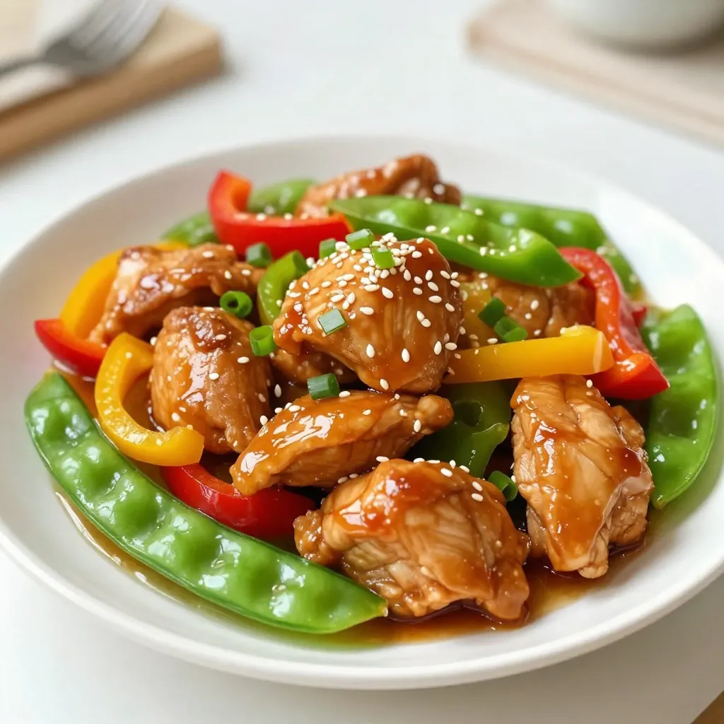 To make this tasty dish, gather these main ingredients: - 1 lb (450g) boneless chicken thighs, sliced into bite-sized pieces - 2 tablespoons honey - 3 cloves garlic, minced - 1 tablespoon soy sauce - 1 tablespoon sesame oil - 2 cups mixed bell peppers (red, yellow, green), sliced - 1 cup snap peas, trimmed - 1 small onion, sliced - 1 tablespoon ginger, grated - 2 tablespoons cornstarch - 2 tablespoons chicken broth - Salt and pepper to taste These ingredients form the base of your stir fry. The chicken thighs bring rich flavor and a tender bite. Honey and garlic create a sweet and savory sauce that coats everything perfectly. You can add even more taste to your stir fry with these optional ingredients: - Chili flakes for heat - Broccoli for added crunch - Carrots for sweetness - Zucchini for a fresh twist These extras can change the flavor and texture of your dish. Feel free to mix and match based on what you like or have on hand. Garnishes make your dish look appealing. Consider these options: - Sesame seeds - Chopped green onions Sprinkling these on top adds a nice touch. They also enhance the flavor and make your meal pop on the plate. {{ingredient_image_1}} To make the honey garlic sauce, start by gathering your ingredients. In a bowl, mix together 2 tablespoons of honey, 3 minced cloves of garlic, 1 tablespoon of soy sauce, and 1 tablespoon of sesame oil. Whisk these ingredients until they blend well. This sauce adds a sweet and savory flavor to your dish. Next, take 1 pound of boneless chicken thighs. Cut them into bite-sized pieces. In a separate bowl, toss the chicken with 2 tablespoons of cornstarch, salt, and pepper. This step helps create a crispy crust when you cook the chicken. Make sure each piece is well coated. Heat a large skillet or wok over medium-high heat. Add a splash of vegetable oil. When the oil is hot, add the coated chicken. Stir-fry the chicken for about 5 to 7 minutes. Cook until the chicken is browned and cooked through. Remove the chicken from the pan and set it aside. In the same pan, add a bit more oil if needed. Then, add 1 sliced onion and 1 tablespoon of grated ginger. Stir-fry these for 2 to 3 minutes until the onion turns translucent. After that, add 2 cups of mixed bell peppers and 1 cup of snap peas. Stir-fry for another 3 to 4 minutes. You want the vegetables to be tender but still crisp. Return the cooked chicken to the pan. Pour the honey garlic mixture over everything. Stir well to combine the ingredients. Cook for 2 to 3 more minutes. This allows the sauce to thicken and coat the chicken and vegetables. Before serving, taste the stir fry. Adjust seasoning with more salt, pepper, or soy sauce if needed. Finally, remove from heat and garnish with sesame seeds and chopped green onions. Enjoy your flavorful dish! To cook chicken thighs just right, start with the right heat. Use medium-high heat for best results. Toss the chicken in cornstarch to get a nice crust. This helps lock in juices. Cook until the chicken is golden brown, about 5-7 minutes. Make sure it's cooked through with no pink inside. One common mistake is overcrowding the pan. This can cause steaming instead of frying. Keep the pieces spaced out. Stir often for even cooking. Also, don’t skip the sauce blending step. Mixing honey, garlic, and soy sauce well ensures even flavor. Lastly, avoid overcooking your veggies. They should be tender but still crisp. If you can’t find chicken thighs, use chicken breasts instead. They will still taste great. For the honey, maple syrup is a good swap. If you don’t have sesame oil, olive oil works too. You can mix and match veggies as well. Use broccoli, carrots, or snow peas if that’s what you have. Pro Tips Marinate for Flavor: Allow the chicken to marinate in the honey-garlic mixture for at least 30 minutes before cooking to deepen the flavor. High Heat Stir-Fry: Ensure your skillet or wok is very hot before adding the chicken to achieve a nice sear and prevent steaming. Vegetable Crunch: Add the vegetables in stages based on cooking time; start with onions and ginger, then add bell peppers and snap peas to retain their crunch. Thickening the Sauce: If you want a thicker sauce, mix an additional teaspoon of cornstarch with water and add it to the stir fry at the end. {{image_2}} You can boost your honey garlic chicken stir fry by adding more veggies. Try using carrots, broccoli, or zucchini. They add color and crunch. You can also sneak in leafy greens like spinach or kale. These greens cook quickly and bring extra nutrients. Add them at the end of cooking for a vibrant touch. More veggies keep the dish healthy and tasty. While chicken thighs are great, you can switch proteins for fun. Try sliced beef, shrimp, or tofu. Each option brings a unique flavor. If you choose shrimp, cook it for a shorter time. For beef, look for tender cuts like flank steak. Tofu absorbs flavors well, making it a perfect choice for vegetarians. Adjust cooking times based on your protein choice to keep everything tender. Making this dish gluten-free is simple. Use tamari instead of soy sauce. Tamari has a similar taste but is gluten-free. For a low-carb option, swap out rice for cauliflower rice. Cauliflower rice is light and absorbs flavors well. You can also skip the cornstarch if you prefer. This keeps the dish low-carb while still being delicious. Enjoy all the flavors without the extra carbs! To keep your Honey Garlic Chicken Stir Fry fresh, store leftovers in an airtight container. Place it in the fridge within two hours of cooking. This helps prevent bacteria growth. It will last for about three to four days in the fridge. When reheating, use a skillet or pan over medium heat. Add a splash of water or broth to keep it moist. Stir it often to heat evenly. You can also use the microwave. Place the stir fry in a microwave-safe bowl. Cover it with a lid or a damp paper towel. Heat in short bursts, stirring in between, until hot. If you want to keep it longer, freezing is a great option. Let the stir fry cool completely before freezing. Use freezer-safe bags or containers. Try to remove as much air as possible. This helps prevent freezer burn. It can stay in the freezer for up to three months. To reheat, thaw it overnight in the fridge, then follow the reheating tips above for the best flavor. You can serve Honey Garlic Chicken Stir Fry with rice or noodles. Steamed jasmine rice pairs well. You might also try brown rice for a healthier choice. Noodles like udon or soba add a nice twist. A side of crispy spring rolls can make it a feast. If you want greens, a simple salad works too. Yes, you can make this dish ahead. Cook the chicken and veggies, then store separately. Keep the honey garlic sauce in a jar. When ready to eat, just reheat everything. Then, mix in the sauce and enjoy. This saves time and still tastes great. To make a vegan version, swap the chicken for tofu or tempeh. Use the same honey substitute with maple syrup. You can still add garlic, ginger, and veggies. The sauce will keep the flavors rich. Cook the tofu until golden for best results. Enjoy a plant-based delight that everyone will love! In this blog post, we explored the key ingredients for honey garlic chicken stir fry, including main components and optional flavors. We dive into clear steps for preparation and cooking, along with handy tips to avoid common mistakes. Variations allow for extra veggies, different proteins, and gluten-free options. Lastly, we covered how to store and reheat leftovers effectively. Remember, cooking can be simple and fun. Enjoy your stir fry journey!