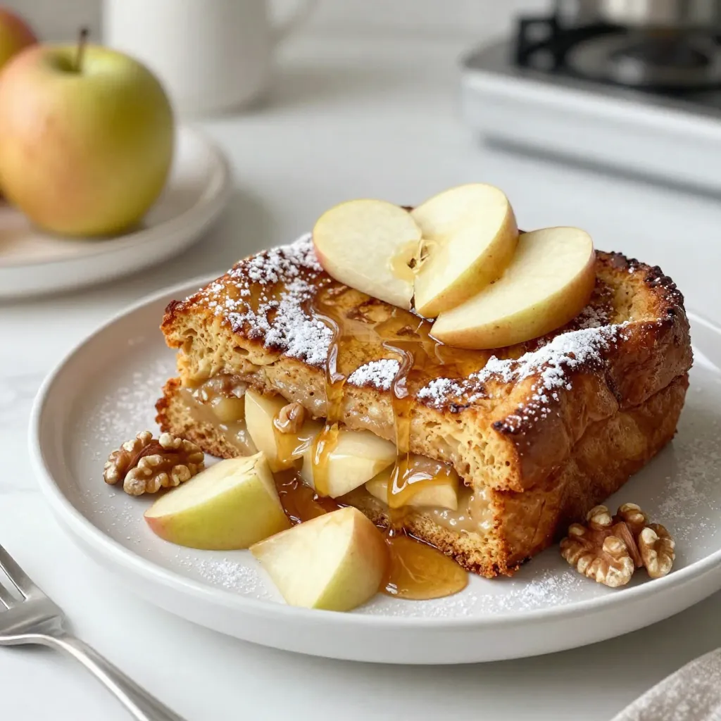 - 6 slices of thick bread (like challah or brioche) - 3 large eggs - 1 cup milk - 1/2 cup heavy cream - 1/4 cup maple syrup - 1 teaspoon vanilla extract - 1 teaspoon ground cinnamon - 1/2 teaspoon nutmeg - 2 medium apples, peeled, cored, and diced (preferably Granny Smith) The main ingredients create a rich base for this dish. Thick bread gives it a soft texture. Eggs, milk, and heavy cream make a creamy custard. The apples add sweetness and a nice bite. Spices like cinnamon and nutmeg add warmth and comfort. - 1/2 cup chopped walnuts - 1 tablespoon butter (for greasing the dish) - Powdered sugar (for dusting) While these ingredients are optional, they can enhance the dish. Chopped walnuts add a nice crunch. Butter helps to prevent sticking and adds flavor. Dusting with powdered sugar adds a sweet touch and looks pretty on the plate. These ingredients together create a delightful treat. You can adjust them to fit your taste and preferences. {{ingredient_image_1}} 1. Preheat your oven to 350°F (175°C). This will get it ready for baking. 2. Grease a 9x13 inch baking dish with butter. This helps prevent sticking. 3. Tear the slices of thick bread into large chunks. You can use challah or brioche for the best results. 4. Layer these bread chunks in the greased baking dish. Make sure to fill it well. 5. Dice the apples and sprinkle them over the bread. Use Granny Smith for a nice tartness. 6. If you want, add chopped walnuts on top of the apples for extra crunch. 1. In a mixing bowl, whisk together the eggs. Add the milk and heavy cream next. 2. Pour in the maple syrup and vanilla extract for sweetness. 3. Add ground cinnamon and nutmeg for that warm spice flavor. Mix everything until well combined. 1. Pour the custard mixture evenly over the bread and apple layers. Make sure every piece gets some liquid. 2. Press down gently to help the bread soak up the custard. 3. Cover the baking dish with aluminum foil. Let it sit for about 30 minutes at room temperature. You can also chill it in the fridge for later. 4. Bake covered for 30 minutes. Remove the foil and bake for an additional 15-20 minutes. The top should be golden and the custard set. 5. Let it cool slightly before slicing. Dust with powdered sugar just before serving. For the best texture, use thick bread like challah or brioche. These types hold the custard well and stay soft. If you have stale bread, that works great too! Stale bread soaks up the custard better than fresh bread. Just make sure to tear it into large chunks, so it doesn't get too mushy. To ensure an even soak, whisk the eggs, milk, and cream well. This helps mix all the flavors. Pour the custard over the bread slowly. Press down gently to soak every piece. You can adjust the sweetness by adding more or less maple syrup. If you love spice, feel free to add more cinnamon or nutmeg to suit your taste. For a great presentation, dust the baked dish with powdered sugar. You can also drizzle extra maple syrup on top. Sliced fresh apples make a lovely garnish. Serve it warm with whipped cream for a treat! This dish pairs well with coffee or a warm cup of tea, making it perfect for brunch or a cozy breakfast. Pro Tips Use Stale Bread: For the best texture, use slightly stale bread. It soaks up the custard without falling apart. Customize Your Apples: While Granny Smith apples are tart and hold up well, feel free to mix in sweeter varieties like Fuji or Honeycrisp for added flavor. Make Ahead: Assemble the dish the night before and refrigerate it. This allows the flavors to meld and saves time in the morning. Perfectly Set Custard: To ensure a perfectly set custard, bake until the edges are golden and the center is just slightly jiggly; it will continue to set as it cools. {{image_2}} You can switch up the apples in this bake. Try sweet apples like Fuji or tart ones like Honeycrisp. For a berry twist, sprinkle in some fresh blueberries or raspberries. They add color and a burst of flavor. Dried fruits are great, too! Toss in some raisins or cranberries for a chewy texture. They pair well with the soft bread and sweet apples. If you want to change the nuts, swap walnuts for pecans or almonds. Both add a nice crunch and flavor. If you prefer a nut-free dish, just skip them altogether. You can replace the nuts with seeds like sunflower or pumpkin seeds. They still give you that extra crunch without the nuts. Get creative with your spices! Try adding ginger or allspice for a warm twist. These spices can really elevate the taste. If you love chocolate, mix in some chocolate chips for a sweet surprise. For a richer flavor, drizzle caramel on top before serving. It makes each bite even more delightful! To keep your Apple Cinnamon French Toast Bake fresh, let it cool first. Then, cover it tightly with plastic wrap or foil. This helps keep moisture in and prevents it from drying out. You can also store it in an airtight container. It lasts about 3 to 4 days in the fridge. If you want to enjoy it later, you can freeze it. To reheat, you have two great options: the oven or the microwave. For the oven, preheat to 350°F (175°C). Place the French toast bake in an oven-safe dish and cover it with foil. Heat for about 15 to 20 minutes. This keeps the texture nice and fluffy. If you prefer the microwave, cut a slice and place it on a microwave-safe plate. Heat it for about 30 seconds to 1 minute. The microwave is fast but may make it a bit soggy. So, the oven is the better choice if you want the best texture. Yes, you can prepare this dish the night before. After you layer the bread and apples, pour the custard over them. Cover the dish tightly with plastic wrap. Store it in the fridge overnight. In the morning, simply bake it as directed. This saves you time and makes breakfast easy! You can freeze this dish, but it’s best to freeze it before baking. Wrap it tightly with plastic wrap and then aluminum foil. It can last in the freezer for up to three months. When you are ready to bake it, thaw it in the fridge overnight. Then, bake it as you normally would. I recommend using Granny Smith apples. They are tart and hold their shape well during baking. You could also try Honeycrisp for a sweeter flavor. Mixing apple types can add depth to your dish. Choose firm apples for the best texture in your bake. You now have a simple guide to making a great Apple Cinnamon French Toast Bake. We covered key ingredients like thick bread, eggs, and spices. The steps to assemble and bake this dish are easy to follow. Remember, using the right bread and perfecting the custard makes a big difference. Feel free to experiment with variations and serve it with your favorite drinks. Enjoy this dish as a delicious breakfast or brunch treat!