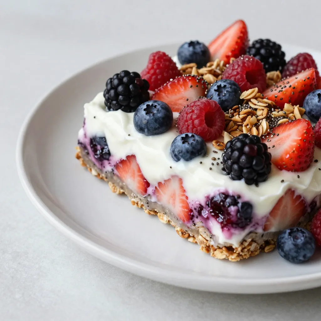 You need 2 cups of Greek yogurt. You can use plain or vanilla. Greek yogurt is thick and creamy. It has a lot of protein, which keeps you full. Plus, it has a tangy taste that pairs well with fruit. For this recipe, use 1 cup of mixed berries. You can choose strawberries, blueberries, raspberries, or blackberries. Fresh berries add a sweet and juicy burst. They are also packed with vitamins and antioxidants. You can mix and match based on what you like best. You will need 2 tablespoons of honey or maple syrup. This adds sweetness, but you can adjust it to your taste. If you want extra texture, add 1 tablespoon of chia seeds. Granola adds crunch, so sprinkle on ¼ cup. For a fresh kick, use the zest of 1 lemon. This brightens the flavors of the bark. {{ingredient_image_1}} Start by taking a baking sheet. Line it with parchment paper. This makes it easy to remove the bark later. Make sure the paper covers the whole sheet. A clean surface helps with easy serving. Grab a large bowl and add 2 cups of Greek yogurt. You can use plain or vanilla yogurt. Next, add 2 tablespoons of honey or maple syrup. Use more or less based on your taste. If you want a fresh kick, add the zest of one lemon. Mix everything well until it's nice and smooth. Now, pour the yogurt mixture onto the lined baking sheet. Use a spatula to spread it evenly. Aim for a thickness of about ½ inch. After that, grab your 1 cup of mixed berries. Place them evenly over the yogurt. Press them down gently so they stick. For extra texture, sprinkle 1 tablespoon of chia seeds and ¼ cup of granola on top. Put the baking sheet in the freezer. Let it freeze for about 2 to 4 hours. You want the yogurt to be firm and fully frozen. Once it’s done, take it out and peel the bark off the parchment paper. Break it into irregular pieces or squares with your hands. Enjoy your tasty Greek yogurt berry bark right away! Store any leftovers in an airtight container in the freezer for up to a week. When making Greek yogurt berry bark, I recommend using plain or vanilla yogurt. Plain yogurt has a rich and creamy taste. Vanilla yogurt adds a nice sweetness. Both options work well. Look for yogurt with no added sugars. This keeps your bark healthy and tasty. Mixed berries are the stars of this recipe. Strawberries, blueberries, raspberries, and blackberries all shine in flavor. They also pack a punch of vitamins. Blueberries are high in antioxidants, while strawberries have lots of vitamin C. Use fresh berries for the best taste. If fresh ones are not available, frozen ones work too. Sweetness matters in this recipe. I usually add 2 tablespoons of honey or maple syrup. You can adjust this amount to fit your taste. Start with less if you prefer it less sweet. Mix in more if you like it sweeter. Taste as you go to find your perfect balance. Pro Tips Use Full-Fat Yogurt: Opting for full-fat Greek yogurt will give your bark a creamier texture and richer flavor, enhancing the overall taste. Experiment with Toppings: Feel free to mix and match your favorite fruits, nuts, or seeds to customize the bark to your liking and make it more nutritious. Perfect Freezing Time: Check the bark after 2 hours; if it’s still soft, give it more time. The ideal consistency is firm but not rock solid. Store Properly: For the best texture, store the bark in an airtight container and separate layers with parchment paper to prevent sticking. {{image_2}} You can easily change the flavor of your Greek yogurt berry bark. Try adding citrus zest, like orange or lime, for a fresh taste. If you love chocolate, mix in cocoa powder or drizzle melted chocolate on top. You can also use flavored Greek yogurt instead of plain. This adds extra taste without much work. Switch up the toppings to make your bark unique. Add nuts like almonds or walnuts for a crunchy bite. Seeds, like pumpkin or sunflower seeds, offer more texture and nutrition. You can also mix in dried fruits for a sweet twist. Think raisins, cranberries, or apricots. The options are endless! You can make this dessert vegan or dairy-free easily. Instead of Greek yogurt, use coconut yogurt or almond yogurt. These options still give you a creamy base. For sweetness, maple syrup is a great choice. Make sure to check that your toppings are also dairy-free. Enjoy a tasty treat that fits your diet! To keep your Greek yogurt berry bark fresh, wrap it well. Use plastic wrap or foil. Place it in a freezer-safe bag. This helps prevent freezer burn. When you store the bark, make sure to lay it flat. Avoid stacking it with heavy items. This keeps it from breaking. Serve the Greek yogurt berry bark straight from the freezer. Break it into pieces for easy eating. You can enjoy it as a snack or dessert. For a fun twist, add fresh berries on top before serving. This adds color and flavor. If you have guests, serve it on a nice platter. Your Greek yogurt berry bark lasts up to a week in the freezer. For best taste, eat it within five days. After that, the berries may lose some flavor. Always check for ice crystals. If you see them, the bark is still safe but may not taste as fresh. Yes, you can use flavored Greek yogurt. It adds a nice twist to the bark. I prefer vanilla for a sweet touch. Just remember that flavored yogurts may have more sugar. If you like it sweet, flavored yogurt works great! Greek yogurt berry bark lasts up to a week in the freezer. Store it in an airtight container. This keeps it fresh and tasty. Just make sure to break off pieces you want to eat. Absolutely! You can make it a few days in advance. Just freeze it and enjoy later. This makes it a perfect dessert for busy days. Prepare it ahead, and you have a quick treat ready to go. Yes, Greek yogurt berry bark is very healthy! It is packed with protein from the yogurt. The berries add vitamins and fiber. Using honey or maple syrup keeps it natural. This dessert is a great way to satisfy your sweet tooth without the guilt! This article covered how to make delicious Greek yogurt berry bark. We explored key ingredients like Greek yogurt, mixed berries, and sweeteners. I provided step-by-step instructions for preparation and freezing, along with tips for the best results. You can add flavor twists or alternative toppings for variety. In the end, Greek yogurt berry bark is simple, fun, and healthy. It's a treat you can enjoy anytime. Don't hesitate to try different combinations and make it your own!