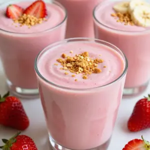 Use 1 cup of fresh strawberries. They should be hulled and sliced. Fresh strawberries give the smoothie a bright flavor. They add sweetness and a lovely pink color. Add 1 frozen banana. This makes the smoothie thick and creamy. A frozen banana also adds natural sweetness. If you forget to freeze it, just use a fresh one. Include 1 cup of Greek yogurt. You can use plain or vanilla. This gives the smoothie a rich and creamy texture. Greek yogurt is also high in protein. Use 1/4 cup of softened cream cheese. This adds a cheesecake flavor. It also makes the smoothie extra creamy. Make sure it&rsquo;s softened for easy blending. Add 1 tablespoon of honey or maple syrup. You can adjust this based on your taste. If you like it sweeter, just add more. Both options work well in this recipe. Pour in 1/2 cup of milk. You can choose dairy or non-dairy milk. Almond, soy, or oat milk all work great. The milk helps blend everything smoothly. Top the smoothie with crushed graham crackers. This gives a fun crunch and a cheesecake crust feel. Just sprinkle a little on top before serving. It makes the drink look fancy and delicious. {{ingredient_image_1}} First, gather all your ingredients. You need: - 1 cup fresh strawberries, hulled and sliced - 1 banana, frozen - 1 cup Greek yogurt, plain or vanilla - 1/4 cup cream cheese, softened - 1 tablespoon honey or maple syrup (adjust to taste) - 1/2 teaspoon vanilla extract - 1/2 cup milk (dairy or non-dairy) - Crushed graham crackers for garnish Wash the strawberries well. Then, slice them to help them blend easily. Make sure your banana is frozen. This adds a nice chill to the smoothie. Next, place all the prepared ingredients into a blender. Start with the strawberries, then add the banana, yogurt, and cream cheese. Pour the honey or maple syrup, vanilla extract, and milk on top. Blend on high until smooth and creamy. You may need to stop and scrape down the sides of the blender. This helps mix everything well. Blend again until you reach the desired consistency. After blending, taste your smoothie. If you want it sweeter, add more honey or maple syrup. Blend briefly to mix in the extra sweetness. This step gives you control over the flavor. Pour the smoothie into chilled glasses. For a fun touch, sprinkle crushed graham crackers on top. This gives your smoothie a cheesecake crust effect. You can enjoy this fresh and tasty blend right away! To make your smoothie shine, pick ripe strawberries. Look for bright red berries with no green spots. They should smell sweet and feel firm. You can use local strawberries for the best taste. If you buy them from the store, check for any bruises. Fresh strawberries make your smoothie delicious and vibrant. Getting the right texture is key for a great smoothie. Use a frozen banana to add creaminess. It helps to chill your smoothie without using ice. Blend all ingredients well to avoid lumps. If it&rsquo;s too thick, add a little more milk. If it&rsquo;s too thin, toss in more yogurt or a few strawberries. You can easily adjust this recipe for different diets. For a dairy-free version, swap Greek yogurt with coconut yogurt. Use a non-dairy milk like almond or oat milk. If you want a lower-calorie option, skip the cream cheese and add extra yogurt instead. Always check labels for added sugars in substitutes. To boost flavor, try adding a pinch of cinnamon or nutmeg. A squeeze of lemon juice adds brightness too. You can experiment with flavored yogurt or sweeteners like agave syrup. For a fun twist, add a splash of orange juice. These small changes can make your smoothie even more enjoyable. Pro Tips Use ripe strawberries: The sweeter and riper the strawberries, the better the flavor of your smoothie will be. Look for bright red, fragrant berries for the best results. Freeze the banana ahead: Using a frozen banana not only adds creaminess but also chills the smoothie without needing extra ice, which can dilute the flavor. Adjust sweetness to taste: Depending on the sweetness of your strawberries and personal preference, you may want to adjust the honey or maple syrup. Always taste before serving! Experiment with toppings: Besides crushed graham crackers, feel free to add other toppings like whipped cream, additional fruit, or nuts for added texture and flavor. {{image_2}} You can add spinach to your smoothie. Spinach blends well and gives great nutrition. Just toss in a handful with the other ingredients. You'll get vitamins without changing the taste much. It makes your drink bright green and even healthier! If you want a dairy-free smoothie, swap Greek yogurt and cream cheese. Use coconut yogurt instead. Almond or soy milk works well too. This change keeps the creamy texture while making it dairy-free. You still enjoy the delicious taste of the cheesecake flavor! You can mix in other fruits for fun flavors. Try blueberries or raspberries instead of strawberries. Peaches also add a nice twist. Each fruit brings its own unique taste. You can even mix fruits together for a fruity explosion! For a different cheesecake flavor, try adding lemon zest. It gives a tangy kick that brightens the smoothie. You can also add a few chocolate chips for a chocolate cheesecake version. Each twist makes your smoothie special and exciting, perfect for any craving! To keep your strawberry cheesecake smoothie fresh, store it in the fridge. Use an airtight container. This helps prevent the smoothie from absorbing other odors. It stays good for up to two days. If you notice changes in texture or smell, it's best to toss it. You can freeze your smoothie for later. Pour it into ice cube trays or freezer bags. This keeps it fresh for up to three months. When you're ready to enjoy it, blend the frozen cubes with a little milk. This gives you a quick and tasty treat! To keep your smoothie tasting great, follow these tips: - Use fresh ingredients: Fresh strawberries and ripe bananas make a big difference. - Limit air exposure: Store your smoothie in a container that fits snugly. This reduces air pockets. - Add lemon juice: A splash of lemon juice can help keep the color bright and fresh. These steps ensure your smoothie stays delicious and enjoyable for your next sip! Yes, you can use frozen strawberries! They add a nice chill to your smoothie. Frozen fruit also blends well and makes the texture creamy. Just remember, your smoothie might be a bit thicker. You can adjust the milk to get the right consistency. This smoothie is moderate in calories. The Greek yogurt and cream cheese add some richness. If you want to lower the calories, use less cream cheese or skip the sweetener. You can still enjoy a tasty drink without too many calories. You can make this smoothie ahead of time. Just blend it and store it in the fridge. It&rsquo;s best to drink it within a day for freshness. The texture may change a bit, so give it a quick stir before enjoying. If you want to skip the cream cheese, try using Greek yogurt instead. It keeps the creamy texture. You can also use silken tofu for a dairy-free option. Both keep the taste delicious and smooth. To make a vegan version, swap the cream cheese for a plant-based cream cheese. Use almond or oat milk instead of regular milk. Also, choose maple syrup as your sweetener. This way, you keep the yummy flavor and make it vegan-friendly! This blog post explored making a tasty smoothie with simple yet fresh ingredients. We discussed key elements like strawberries, bananas, and Greek yogurt. The blending process is key to perfect texture, and I shared tips for sweetness. Variations allow for unique flavors, while storage info helps keep your smoothie fresh. In summary, you can easily make delicious smoothies at home. Experiment with ingredients and enjoy the process!