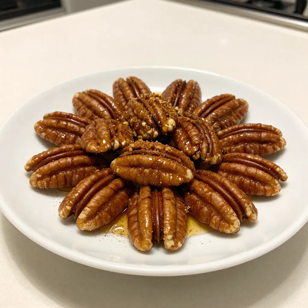 Here’s what you need to make maple cinnamon roasted pecans: - 2 cups pecan halves - 1/4 cup pure maple syrup - 1 teaspoon ground cinnamon - 1/4 teaspoon nutmeg - 1/4 teaspoon salt - 1 tablespoon coconut oil (melted) - 1/2 teaspoon vanilla extract - A pinch of cayenne pepper (optional for a kick) These simple ingredients blend well to create a tasty snack. The maple syrup adds sweetness, while the cinnamon gives warmth. You can swap a few ingredients if you need to. For coconut oil, use unsalted butter. It works well and adds a rich flavor. If you want a sugar-free option, try using sugar-free maple syrup. You can also use other nuts, like almonds or cashews. Adjust the spices based on your taste. Choose fresh pecans for the best flavor. Look for nuts that are plump and shiny. Avoid any that look shriveled or have dark spots. If you can, buy them from a store with high turnover to ensure freshness. Always check the date on the package for the best quality. {{ingredient_image_1}} First, you need to preheat your oven to 350°F (175°C). This step warms the air. It helps the pecans roast evenly. While the oven heats, line a baking sheet with parchment paper. This makes cleaning easier later. Now, grab a large mixing bowl. Add 1 tablespoon of melted coconut oil. Then pour in 1/4 cup of pure maple syrup. Sprinkle in 1 teaspoon of ground cinnamon, 1/4 teaspoon of nutmeg, and 1/4 teaspoon of salt. If you like a little heat, add a pinch of cayenne pepper. Use a whisk to mix everything until it blends well. The mixture should look smooth and shiny. Next, add 2 cups of pecan halves to the bowl. Gently toss them in the maple syrup mixture. Make sure every pecan gets a nice coat. Once they are all coated, spread them out on the baking sheet. Aim for a single layer. This helps them cook evenly. Now, place the baking sheet in the preheated oven. Roast the pecans for 15 to 20 minutes. Stir them every 5 minutes. This keeps them from burning and helps them cook well. When they turn golden and smell great, they are done. Take the baking sheet out of the oven and let them cool completely. As they cool, they will get crisp. Once cooled, you can enjoy or store them in an airtight container. To roast pecans, set your oven to 350°F (175°C). This heat is just right. Spread the pecans on a baking sheet. Make sure they are in a single layer. Stir them every five minutes. This step helps them cook evenly. Watch closely to avoid burning. They should turn golden and smell great in about 15 to 20 minutes. You can make these pecans even better with extra spices. Try adding nutmeg, which adds warmth. A pinch of cayenne pepper gives a nice kick. You can also use ginger or allspice for a twist. Just be cautious with strong spices. A little goes a long way. Mix these spices in the coating mixture for the best flavor. You can make these pecans ahead of time. They stay fresh in an airtight container for up to two weeks. Serve them as a snack or on salads. They add a great crunch and taste. You can also use them as a topping for ice cream. No matter how you enjoy them, they will be a hit! Pro Tips Use Fresh Spices: Always use fresh ground spices for the best flavor. If possible, grind your own cinnamon and nutmeg for maximum aroma and taste. Watch the Roasting Time: Keep a close eye on the pecans while they roast. They can go from perfectly golden to burnt very quickly, so stir them every 5 minutes. Cooling is Key: Allow the pecans to cool completely on the baking sheet. This will help them become crisp and prevent them from clumping together. Experiment with Flavors: Feel free to add other spices like cardamom or allspice, or even a splash of bourbon for an extra kick in flavor! {{image_2}} You can add a twist with sweet and spicy maple cinnamon pecans. To do this, mix in a bit of cayenne pepper. This adds heat and balances the sweetness of maple and cinnamon. Just a pinch can make a big taste difference. The blend of flavors will surprise you and your friends. It’s a fun snack for those who like a bit of zing! For a savory option, try maple-cayenne pecans. Just add more cayenne pepper to the mix. This gives the nuts a bold flavor. The sweet maple pairs well with the spicy kick. You can also add a hint of garlic powder or smoked paprika for extra depth. These nuts make a great topping for salads or soups. If you love chocolate, you can create maple cinnamon pecans with a chocolate drizzle. Once the pecans cool, melt dark or milk chocolate. Drizzle it over the pecans for a rich treat. Let the chocolate harden before serving. This version is perfect for dessert or a sweet snack. It’s a delightful way to enjoy the nuts while adding a new layer of taste. To keep your Maple Cinnamon Roasted Pecans fresh, store them in an airtight container. Glass jars work well. A sealed bag also keeps them tasty. Place the container in a cool, dark place, like a pantry or cupboard. Avoid heat and moisture. These factors can make your pecans lose their crunch. When stored properly, these pecans can last for about two weeks. After that, they may still be safe to eat, but they might lose flavor and crunch. If you want to keep them longer, you can freeze them. Frozen pecans can last for up to six months. Just make sure to use an airtight container. If your pecans lose their crunch, don’t worry! You can fix this easily. Preheat your oven to 300°F (150°C). Spread the pecans on a baking sheet in a single layer. Roast them for about 5-10 minutes. Keep an eye on them, so they don’t burn. After roasting, let them cool again. They should be crisp and ready to enjoy! You can use butter or a different oil. Olive oil works well too. Each option gives a unique taste. Just keep the same amount. If you want a richer flavor, butter is a great choice. Yes, you can use other nuts! Almonds, walnuts, or cashews are great options. Just remember to adjust the roasting time. Each nut has its own cooking time, so watch them closely. You will know they are done when they smell amazing! The pecans should turn light brown. Stir them every five minutes to check. If they look golden and smell rich, they are ready. Absolutely! Maple cinnamon roasted pecans make a lovely gift. Package them in a jar or a cute bag. Add a ribbon for a personal touch. Friends and family will love this tasty treat! In this blog post, I covered all you need for perfect maple cinnamon roasted pecans. I shared tips on picking quality ingredients and how to make delicious variations, like sweet and spicy or savory options. Remember to store them properly for freshness and enjoy them in many ways. Whether you snack on them or give them as gifts, these pecans are sure to please. With a little practice, you can master this simple yet delightful treat. Enjoy your roasting journey!